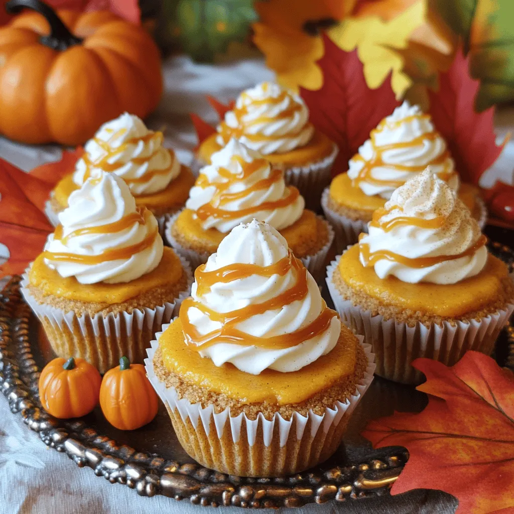 To make these pumpkin spice cheesecake cupcakes, gather the following ingredients: - 1 cup graham cracker crumbs - 1/4 cup unsalted butter, melted - 1/4 cup sugar - 16 oz cream cheese, softened - 1 cup pumpkin puree (not pumpkin pie filling) - 1/2 cup sugar - 2 large eggs - 1 teaspoon vanilla extract - 1 teaspoon pumpkin pie spice - 1/4 teaspoon salt - 1/4 teaspoon ground cinnamon (for garnish) - Whipped cream (optional, for topping) - Caramel sauce (optional, for drizzling) If you need to substitute, here are some ideas: - For graham cracker crumbs, use crushed cookies or oat flour. - If you have no cream cheese, try mascarpone or ricotta cheese. - Instead of sugar, use honey or maple syrup for a different sweetness. - If you’re out of eggs, mix 1/4 cup of unsweetened applesauce per egg. You can make these cupcakes even better with toppings: - Whipped cream adds a light touch. - Drizzle caramel sauce for extra sweetness. - A sprinkle of ground cinnamon enhances the fall flavor. - Consider adding chopped nuts for crunch. First, set your oven to 325°F (160°C). This temperature helps the cupcakes bake evenly. While the oven heats up, grab a muffin tin and line it with cupcake liners. This keeps the cupcakes from sticking and makes cleanup easy. In a medium bowl, mix 1 cup of graham cracker crumbs, 1/4 cup of melted butter, and 1/4 cup of sugar. Stir until combined. This mixture forms the crust. Next, divide the crust evenly into the muffin cups. Use your fingers or the back of a spoon to press it down firmly. This step is important for a sturdy base. In a large bowl, beat 16 oz of softened cream cheese with an electric mixer until smooth. Then, add 1 cup of pumpkin puree, 1/2 cup of sugar, 2 large eggs, 1 teaspoon of vanilla extract, 1 teaspoon of pumpkin pie spice, and 1/4 teaspoon of salt. Mix everything until smooth but don’t overmix. This keeps the filling light and fluffy. Spoon the cheesecake filling over the crusts, filling each cup about 3/4 full. Bake in the preheated oven for 20-25 minutes. You want the edges to be set while the center remains slightly jiggly. Once baked, let the cupcakes cool in the tin for about 10 minutes. After that, transfer them to a wire rack to cool completely. For the best flavor, chill the cupcakes in the fridge for at least 2 hours. Enjoy the process and get ready for a tasty treat! To keep your cheesecake cupcakes smooth, avoid overmixing. When you mix, be gentle. Overmixing adds air, which creates cracks. Bake the cupcakes at a low temperature, around 325°F. This gentle heat helps them cook evenly. Also, let them cool slowly. After baking, leave them in the oven for ten minutes with the door slightly open. This step helps prevent sudden temperature changes. Mixing is key for great cheesecake. Start with softened cream cheese. This makes it easier to blend. Use an electric mixer on low speed. Add the pumpkin puree and sugar gradually. Mix until smooth but don’t overdo it. After adding eggs, mix just until blended. This keeps the texture light and creamy. To make your cupcakes visually appealing, serve them on a nice platter. Use whipped cream on top for a fluffy finish. Drizzle caramel sauce for added sweetness. Dust with ground cinnamon for a lovely touch. Add festive decorations like mini pumpkins or leaves around the platter. This makes your treat feel special and inviting. {{image_2}} You can make these cupcakes gluten-free. Use gluten-free graham cracker crumbs for the crust. Many brands offer tasty options. Just check the label to ensure they are truly gluten-free. This way, everyone can enjoy a delicious treat! If you want a dairy-free version, swap out the cream cheese. Look for dairy-free cream cheese spread. You can also use coconut cream for a rich texture. Make sure to check that your whipped cream is dairy-free if you plan to use it! Feel free to get creative with flavors! You can add chocolate chips to the filling for a sweet twist. Chopped nuts, like pecans or walnuts, can add a nice crunch. Just sprinkle them on top of the batter before baking. This gives your cupcakes a tasty surprise! Each of these variations makes the cupcakes unique while keeping the core flavors intact. Enjoy experimenting! To keep your pumpkin spice cheesecake cupcakes fresh, store them in the fridge. Use an airtight container to prevent drying. These cupcakes can last up to five days in the fridge. Make sure they are completely cooled before packing. If you prefer, you can also place plastic wrap over each cupcake. You can freeze these cupcakes if you want to save them for later. First, let the cupcakes cool completely. Then, wrap each cupcake tightly in plastic wrap. Place them in a freezer-safe bag or container. They can last for up to three months in the freezer. When you're ready to enjoy them, just thaw them in the fridge overnight. To reheat your cupcakes, take them out of the fridge or freezer. If they were frozen, let them thaw first. You can warm them in the microwave for about 15 seconds. This makes the cheesecake filling creamy again. Avoid heating them too long, as it may change their texture. Enjoy them warm with whipped cream on top! No, you should not use pumpkin pie filling. Pumpkin pie filling has added sugar and spices that change the flavor. Using plain pumpkin puree gives you better control over the taste of your cupcakes. It also helps the filling set correctly for a creamy texture. These cupcakes stay fresh for up to five days in the fridge. Make sure to store them in an airtight container. This keeps them moist and tasty. You can also freeze them for up to three months. Just wrap each cupcake well before freezing. Yes, you can make mini versions! Just use a mini muffin tin and reduce the baking time. Bake them for about 15-20 minutes. Keep an eye on them, so they don’t overcook. Mini cupcakes are great for parties or snacks. If your filling is too runny, try adding more cream cheese. Make sure it’s softened first. Blend it in until smooth. You can also chill the cupcakes longer. This helps the filling firm up. You now have a complete guide to making delicious cheesecake cupcakes. From choosing the right ingredients to mastering the baking process, every detail matters. Remember to try different toppings and variations to suit your taste. Follow the tips to avoid cracks and impress your friends. With proper storage, these treats can last and still taste great. Now, you’re ready to bake! Enjoy your tasty creations and share them with others. Happy baking!