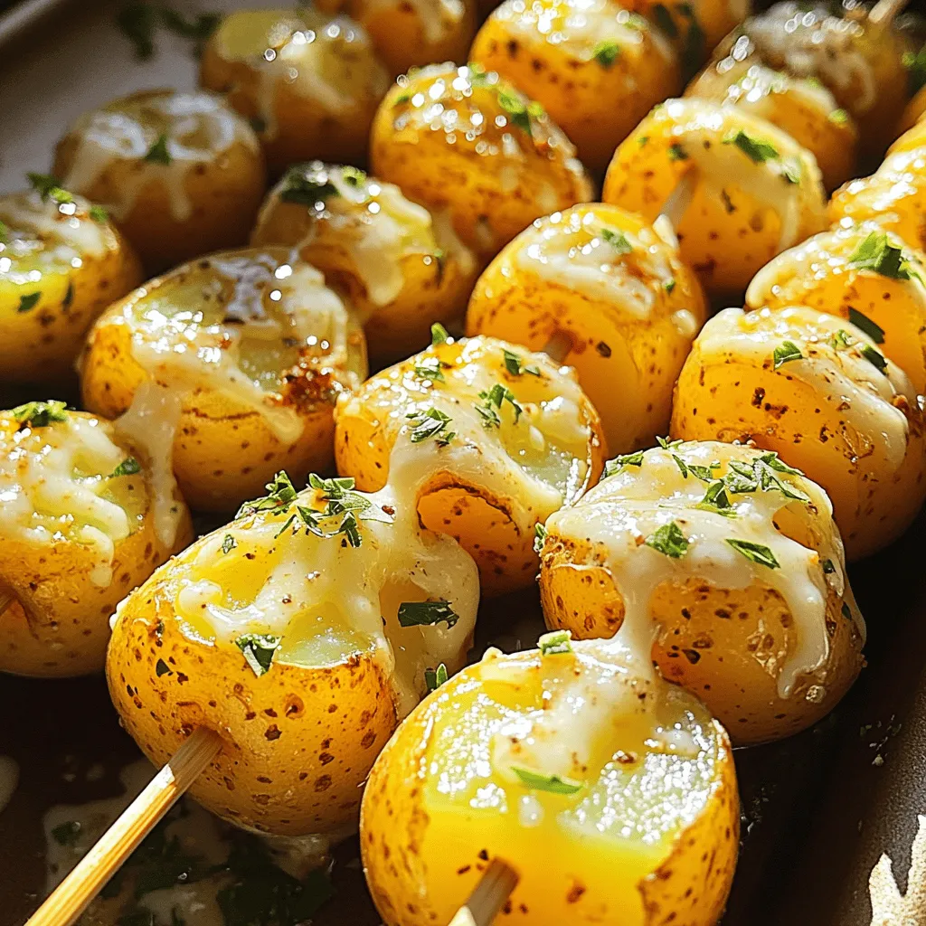 - 1 lb baby potatoes, halved - 4 tablespoons olive oil - 4 cloves garlic, minced - 1 teaspoon dried oregano - 1 teaspoon paprika - 1 teaspoon salt - ½ teaspoon black pepper - ½ cup grated Parmesan cheese - Fresh parsley, chopped (for garnish) Gathering fresh ingredients brings joy to cooking. For these skewers, I love using baby potatoes. They are small and tender, making them perfect for skewering. You’ll need about 1 pound of these little gems, cut in half for even cooking. Next, olive oil adds richness and helps the spices stick. Use four tablespoons to coat the potatoes well. Garlic is key in this recipe. I use four cloves, minced finely to give that strong flavor. Now, let’s add some spices. Dried oregano brings a lovely earthy taste. Paprika adds a hint of smokiness, along with one teaspoon each of salt and black pepper. It’s a simple mix but packed with flavor. The star of the show is the Parmesan cheese. A half cup of grated cheese makes these skewers irresistible. Finally, fresh parsley adds a pop of color and freshness when you garnish the skewers. With these ingredients, you're set to create a tasty treat that everyone will love. 1. Preheating the grill or oven Start by preheating your grill to medium-high heat. If you like roasting better, preheat your oven to 400°F (200°C). This step is key to getting the best texture. 2. Preparing the potato mixture In a large bowl, mix the halved baby potatoes with olive oil, minced garlic, dried oregano, paprika, salt, and black pepper. Toss the potatoes well so they get coated evenly with all the flavors. 3. Threading the skewers Now, take some skewers and start threading the seasoned potatoes onto them. Make sure to leave a bit of space between each potato. This helps them cook evenly and become nice and crispy. 1. Grilling method If you are grilling, place the skewers directly on the hot grill. Grill them for about 15 to 20 minutes. Turn them every few minutes to ensure they become golden and tender. 2. Roasting method If roasting, arrange the skewers on a baking sheet. Roast them in the oven for about 25 to 30 minutes. Flip them halfway through to get an even cook. 1. Adding Parmesan cheese Once the potatoes are cooked, take them off the grill or out of the oven. Immediately sprinkle the grated Parmesan cheese on top. The heat will melt the cheese slightly, making it extra tasty. 2. Garnishing with parsley Finish by adding fresh chopped parsley on top. This adds a pop of color and a fresh taste that makes the dish even better. Enjoy your Garlic Parmesan Potato Skewers! To ensure even cooking, cut the baby potatoes into halves. This helps them cook at the same rate. When you thread the potatoes onto skewers, leave small spaces between them. This allows hot air to circulate and cook them fully. If you want to adjust flavor levels, taste your potato mix before cooking. You can add more spices or garlic based on your preference. For skewers, use metal or bamboo. Metal skewers heat up and help cook the potatoes better. If you use bamboo skewers, soak them in water first. This prevents burning. When choosing between a grill and an oven, think about your mood. Grilling gives a smoky flavor. It’s great for sunny days. The oven offers a nice, even cook. You can set it and forget it until done. Garlic Parmesan potato skewers pair well with a dip. Try ranch or garlic aioli for a tasty combo. They also go great as a side dish. Serve with grilled veggies or a fresh salad. This way, you get a colorful and tasty meal. {{image_2}} You can easily change the flavor of your Garlic Parmesan Potato Skewers. Here are a few ideas: - Adding herbs or spices: Try fresh rosemary or thyme for a fragrant twist. You can also add chili flakes for a spicy kick. Mixing in some cumin can give it a warm flavor. - Cheese alternatives: If you want to swap out the Parmesan, try feta or goat cheese. These cheeses can add a tangy taste to the skewers. Nutritional yeast is a great vegan option that gives a cheesy flavor. You can modify this recipe to fit different diets. Here’s how: - Vegan options: To make it vegan, skip the Parmesan. Add more spices or toss in some nutritional yeast for a cheesy flavor. You can also use a vegan cheese that melts well. - Gluten-free adaptations: This recipe is naturally gluten-free since it uses potatoes. Just ensure your spices and any cheese are gluten-free. Always read labels to stay safe. To keep your garlic Parmesan potato skewers fresh, refrigerate them. Place the leftovers in an airtight container. This method helps keep the flavors intact. You can store them in the fridge for up to three days. If you want to freeze them, let them cool first. Then, wrap each skewer in plastic wrap. Finally, place them in a freezer bag. This way, they can last up to three months. To enjoy your skewers again, reheat them in the oven. Preheat your oven to 350°F (175°C). Place the skewers on a baking sheet and cover them with foil. This keeps them moist and helps the cheese melt again. Heat for about 10-15 minutes. If you want to avoid sogginess, skip the microwave. The microwave can make the potatoes mushy and lose their crispiness. Instead, stick to the oven for the best taste. Can I use other types of potatoes? Yes, you can! While baby potatoes work great, you can try other kinds. Yukon Gold or red potatoes are nice options. Just cut them to the right size for even cooking. How do I know when the potatoes are done? You can check by poking a potato with a fork. If it goes in easily, they are done. You want them tender and golden brown. This usually takes about 15-20 minutes on the grill or 25-30 minutes in the oven. Can I make this dish in advance? You can prepare the skewers ahead of time. Just store them in the fridge. When you are ready to cook, grill or roast them right away. They taste best fresh! This blog post covered how to make delicious grilled or roasted baby potatoes. You learned about the main ingredients and how to prepare them step by step. I shared cooking methods, tips, and ways to add your own twists. Remember, you can modify this dish to match your taste or diet. Proper storage and reheating keep your potatoes fresh. Enjoy experimenting in the kitchen and making new flavor combinations with this simple recipe!