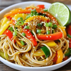 - 200g soba noodles - 1 cup bell peppers, sliced - 1 small zucchini, julienned - 1 carrot, julienned - 3 cloves garlic, minced - 1 teaspoon red chili flakes - 2 tablespoons soy sauce - 1 tablespoon rice vinegar - 1 tablespoon honey or maple syrup Soba noodles form the base of this dish. They offer a chewy texture and nutty flavor. Next, we have colorful bell peppers, zucchini, and carrots. These veggies not only add crunch but also bring bright colors to your plate. Garlic and red chili flakes boost the dish's flavor and spice. Soy sauce, rice vinegar, and honey or maple syrup create a perfect balance of salty, tangy, and sweet. - 1 tablespoon sesame oil - 2 green onions, chopped - Sesame seeds for garnish Sesame oil adds a rich, nutty taste. Green onions give a fresh kick and nice color. Lastly, sesame seeds sprinkle a little crunch and flair when you serve the dish. - Lime wedges for serving - Additional proteins like tofu or chicken Lime wedges offer a zesty twist when squeezed over the dish. If you want more protein, add tofu or chicken for a heartier meal. This makes the stir-fry even more filling and satisfying. - Bring a pot of salted water to a boil. - Add 200g of soba noodles. Cook them for 4-5 minutes. - Drain the noodles and rinse them under cold water. Set them aside. - Heat 1 tablespoon of sesame oil in a large skillet. - Add 3 cloves of minced garlic and 1 teaspoon of red chili flakes. - Sauté for 30 seconds until you smell the garlic. - Toss in the sliced bell peppers, zucchini, and carrot. - Stir-fry for 3-4 minutes until they are crisp-tender. - Add the cooked soba noodles to the skillet. - In a bowl, mix 2 tablespoons of soy sauce, 1 tablespoon of rice vinegar, and honey or maple syrup. - Pour this sauce over the noodles and toss everything until well-coated. - Remove the skillet from heat. - Fold in chopped green onions and sprinkle sesame seeds on top. - Serve the dish hot for the best flavor experience. You can easily adjust the spice in your dish. To start, use red chili flakes. If you want it hotter, simply add more flakes. For an extra kick, drizzle some chili oil over your stir-fry. This adds both heat and flavor. Feel free to add more seasonings. A dash of garlic powder or a sprinkle of black pepper can boost the taste. Pairing the stir-fry with lime juice brightens the flavors. Just squeeze fresh lime over your dish before serving for a zesty lift. Timing is key to a great stir-fry. Make sure to cook the noodles first. While they cook, prepare your veggies. When you add them to the pan, keep them moving. This helps them stay crisp and colorful. Stir-fry for just a few minutes until they are tender but still crunchy. {{image_2}} You can easily change up the protein in this dish. For a vegetarian option, try adding tofu. Tofu absorbs flavors well and adds a great texture. Just cube it and sauté until golden. If you prefer meat, chicken or shrimp works well too. Cook them until nice and tender, then mix in with the veggies and noodles. Feel free to swap out the vegetables. Bok choy or broccoli can add a new twist. They bring a nice crunch and flavor. You can also use seasonal veggies. Think about asparagus in spring or squash in fall. The options are endless, and it keeps the dish fresh and exciting. You can play around with sauces as well. Try a spicy chili sauce for added heat. A sweet soy glaze can also enhance the flavor. You can even mix in some peanut sauce for a nutty taste. Experiment with different flavors to find your perfect fit. Each variation will bring a unique twist to your Minute Chili Garlic Soba Stir-Fry. To keep your Minute Chili Garlic Soba Stir-Fry fresh, store it in an airtight container. This helps keep flavors locked in. Place it in the fridge within two hours of cooking. It will last for about three days. Always check for any strange smells or colors before eating. You can reheat your stir-fry in two ways: the microwave or stovetop. The microwave is quick but might make the noodles soggy. If you use the stovetop, heat a little oil in a pan and add the stir-fry. Stir often to keep it from getting mushy. Remember to add a splash of water if needed to help it steam and warm up evenly. To meal prep this dish, cook a big batch of soba noodles and veggies. Store them separately in the fridge. You can mix them just before serving. If you want to freeze the stir-fry, place it in a freezer-safe bag. Try to remove as much air as possible. It can stay frozen for up to three months. When ready to eat, thaw it in the fridge overnight before reheating. Yes, you can use regular noodles like spaghetti or udon. Soba noodles have a nutty taste and are made from buckwheat. Regular noodles offer a different flavor but still work well. Just remember to adjust cooking times based on the type of noodle you choose. For example, spaghetti usually takes longer to cook than soba. Soba noodles can be gluten-free but check the label. Some brands mix wheat with buckwheat. If you need a gluten-free option, look for 100% buckwheat soba. You can also use rice noodles as a great gluten-free alternative. Always read the packaging to be sure. To make this dish vegetarian or vegan, simply swap out honey for maple syrup. This keeps the sweet taste while staying plant-based. You can also add tofu or tempeh for extra protein without using meat. All other ingredients are already plant-based, so it’s pretty simple! Yes, you can prep this dish ahead of time. Cook the soba noodles and store them in the fridge. You can also chop your veggies and keep them in a container. When you’re ready to cook, just heat the sesame oil, sauté the garlic, and add your prepped ingredients. This saves time and keeps the dish fresh! This article covers a tasty soba noodle dish that blends fresh veggies with rich flavors. You learned about main, optional, and extra ingredients, plus step-by-step cooking instructions. Customizing spice and flavor lets you make it your own. Remember, you can swap proteins and veggies to fit your taste. With the right storage tips, leftovers stay fresh too. Enjoy this quick and healthy meal, perfect for any day!