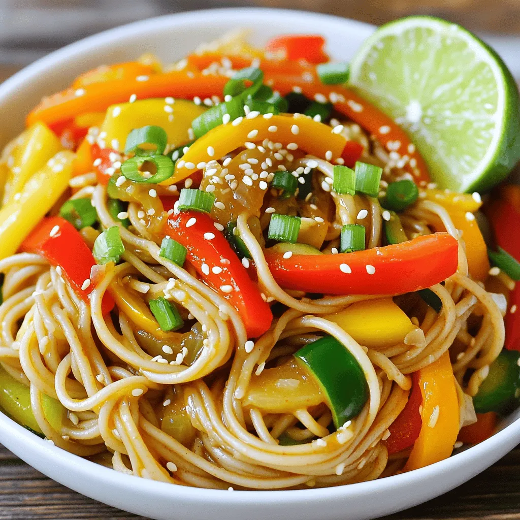 - 200g soba noodles - 1 cup bell peppers, sliced - 1 small zucchini, julienned - 1 carrot, julienned - 3 cloves garlic, minced - 1 teaspoon red chili flakes - 2 tablespoons soy sauce - 1 tablespoon rice vinegar - 1 tablespoon honey or maple syrup Soba noodles form the base of this dish. They offer a chewy texture and nutty flavor. Next, we have colorful bell peppers, zucchini, and carrots. These veggies not only add crunch but also bring bright colors to your plate. Garlic and red chili flakes boost the dish's flavor and spice. Soy sauce, rice vinegar, and honey or maple syrup create a perfect balance of salty, tangy, and sweet. - 1 tablespoon sesame oil - 2 green onions, chopped - Sesame seeds for garnish Sesame oil adds a rich, nutty taste. Green onions give a fresh kick and nice color. Lastly, sesame seeds sprinkle a little crunch and flair when you serve the dish. - Lime wedges for serving - Additional proteins like tofu or chicken Lime wedges offer a zesty twist when squeezed over the dish. If you want more protein, add tofu or chicken for a heartier meal. This makes the stir-fry even more filling and satisfying. - Bring a pot of salted water to a boil. - Add 200g of soba noodles. Cook them for 4-5 minutes. - Drain the noodles and rinse them under cold water. Set them aside. - Heat 1 tablespoon of sesame oil in a large skillet. - Add 3 cloves of minced garlic and 1 teaspoon of red chili flakes. - Sauté for 30 seconds until you smell the garlic. - Toss in the sliced bell peppers, zucchini, and carrot. - Stir-fry for 3-4 minutes until they are crisp-tender. - Add the cooked soba noodles to the skillet. - In a bowl, mix 2 tablespoons of soy sauce, 1 tablespoon of rice vinegar, and honey or maple syrup. - Pour this sauce over the noodles and toss everything until well-coated. - Remove the skillet from heat. - Fold in chopped green onions and sprinkle sesame seeds on top. - Serve the dish hot for the best flavor experience. You can easily adjust the spice in your dish. To start, use red chili flakes. If you want it hotter, simply add more flakes. For an extra kick, drizzle some chili oil over your stir-fry. This adds both heat and flavor. Feel free to add more seasonings. A dash of garlic powder or a sprinkle of black pepper can boost the taste. Pairing the stir-fry with lime juice brightens the flavors. Just squeeze fresh lime over your dish before serving for a zesty lift. Timing is key to a great stir-fry. Make sure to cook the noodles first. While they cook, prepare your veggies. When you add them to the pan, keep them moving. This helps them stay crisp and colorful. Stir-fry for just a few minutes until they are tender but still crunchy. {{image_2}} You can easily change up the protein in this dish. For a vegetarian option, try adding tofu. Tofu absorbs flavors well and adds a great texture. Just cube it and sauté until golden. If you prefer meat, chicken or shrimp works well too. Cook them until nice and tender, then mix in with the veggies and noodles. Feel free to swap out the vegetables. Bok choy or broccoli can add a new twist. They bring a nice crunch and flavor. You can also use seasonal veggies. Think about asparagus in spring or squash in fall. The options are endless, and it keeps the dish fresh and exciting. You can play around with sauces as well. Try a spicy chili sauce for added heat. A sweet soy glaze can also enhance the flavor. You can even mix in some peanut sauce for a nutty taste. Experiment with different flavors to find your perfect fit. Each variation will bring a unique twist to your Minute Chili Garlic Soba Stir-Fry. To keep your Minute Chili Garlic Soba Stir-Fry fresh, store it in an airtight container. This helps keep flavors locked in. Place it in the fridge within two hours of cooking. It will last for about three days. Always check for any strange smells or colors before eating. You can reheat your stir-fry in two ways: the microwave or stovetop. The microwave is quick but might make the noodles soggy. If you use the stovetop, heat a little oil in a pan and add the stir-fry. Stir often to keep it from getting mushy. Remember to add a splash of water if needed to help it steam and warm up evenly. To meal prep this dish, cook a big batch of soba noodles and veggies. Store them separately in the fridge. You can mix them just before serving. If you want to freeze the stir-fry, place it in a freezer-safe bag. Try to remove as much air as possible. It can stay frozen for up to three months. When ready to eat, thaw it in the fridge overnight before reheating. Yes, you can use regular noodles like spaghetti or udon. Soba noodles have a nutty taste and are made from buckwheat. Regular noodles offer a different flavor but still work well. Just remember to adjust cooking times based on the type of noodle you choose. For example, spaghetti usually takes longer to cook than soba. Soba noodles can be gluten-free but check the label. Some brands mix wheat with buckwheat. If you need a gluten-free option, look for 100% buckwheat soba. You can also use rice noodles as a great gluten-free alternative. Always read the packaging to be sure. To make this dish vegetarian or vegan, simply swap out honey for maple syrup. This keeps the sweet taste while staying plant-based. You can also add tofu or tempeh for extra protein without using meat. All other ingredients are already plant-based, so it’s pretty simple! Yes, you can prep this dish ahead of time. Cook the soba noodles and store them in the fridge. You can also chop your veggies and keep them in a container. When you’re ready to cook, just heat the sesame oil, sauté the garlic, and add your prepped ingredients. This saves time and keeps the dish fresh! This article covers a tasty soba noodle dish that blends fresh veggies with rich flavors. You learned about main, optional, and extra ingredients, plus step-by-step cooking instructions. Customizing spice and flavor lets you make it your own. Remember, you can swap proteins and veggies to fit your taste. With the right storage tips, leftovers stay fresh too. Enjoy this quick and healthy meal, perfect for any day!