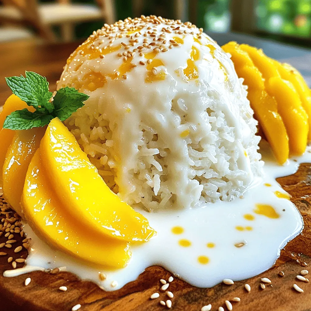 To make this tasty dish, you need: - 1 cup glutinous rice (sweet rice) - 1 ½ cups coconut milk - 2 ripe mangoes, peeled and sliced - ½ cup sugar - ½ teaspoon salt Glutinous rice is key for that sticky texture. Coconut milk gives it a rich flavor. The mango adds sweetness and freshness. You can make your dish even prettier with these garnishes: - 1 tablespoon toasted sesame seeds - Fresh mint leaves These add color and a nice crunch. Mint brings a refreshing touch. If you don’t have glutinous rice, use jasmine rice, but the texture will differ. For sugar, you can swap in honey or agave syrup. If you want a lighter version, use low-fat coconut milk. Just know it may change the taste. Start by rinsing the glutinous rice. Use cold water until it runs clear. This step removes excess starch. Next, soak the rice in water. Aim for at least 4 hours. For best results, soak it overnight. This softens the grains and makes them sticky. After soaking, drain the rice well. Next, place it in a steamer. Line the steamer with cheesecloth for easy removal. Steam the rice over boiling water. Cook it for about 20 to 25 minutes. You want the rice to become translucent and tender. Check it halfway through to ensure even cooking. Grab a saucepan and add 1 cup of coconut milk. Then, mix in the sugar and salt. Heat it over low to medium heat. Stir until the sugar dissolves completely. Avoid boiling the mixture. Set aside the remaining ½ cup of coconut milk for serving later. This sauce will bring creaminess to your dish. Choose mangoes that feel soft when you gently press them. Their color should be bright and vibrant. Look for a slight give at the stem end. These signs show that the mangoes are ripe and sweet. Popular varieties include Ataulfo and Haden. They add great flavor to your mango sticky rice. After cooking, let your sticky rice cool down. Place it in an airtight container. It can stay fresh in the fridge for about three days. For longer storage, freeze the rice in small portions. When ready to use, simply reheat in the microwave or steam it. This keeps the texture lovely and soft. You can twist the flavor by adding a pinch of pandan leaf when cooking the rice. This gives a nice aroma. You might also try adding a splash of lime juice to the coconut sauce. It adds a zesty kick. For more crunch, mix in some crushed peanuts or sprinkle them on top. These tweaks make your dish even more exciting! {{image_2}} You can choose different mangoes for this dish. Each type adds its own taste. I love using ripe Ataulfo mangoes. They are sweet and creamy. Haden mangoes are also great. They have a nice balance of sweet and tart. If you want a firmer texture, use Tommy Atkins mangoes. Their flavor is not as strong, but they work well. You can easily make this dish vegan. Just use coconut milk as your base. It is naturally dairy-free. For sweeteners, try maple syrup or agave nectar. Both add a great touch. If you want a creamier sauce, blend some cashews into the coconut milk. This gives a nice, rich flavor. You can change up the coconut sauce to keep things fresh. Add a splash of pandan extract for a unique twist. It gives a lovely green color and aroma. For a hint of spice, mix in a little bit of ginger. If you prefer a sweeter sauce, increase the sugar. You can even add a bit of lime zest for a citrusy kick. Each change brings a new experience to your mango sticky rice! To store leftover sticky rice, let it cool first. Place it in an airtight container. Make sure to keep it at room temperature for up to four hours. After that, refrigerate the rice. It will last for about three days in the fridge. When you’re ready to enjoy it again, you can reheat it. To reheat sticky rice, use a steamer if you can. This keeps the rice moist and soft. Steam it for about 10 minutes until hot. If you don't have a steamer, you can also microwave it. Add a splash of water and cover it with a damp paper towel. Heat it for 30 seconds at a time, checking often. Store ripe mangoes at room temperature. They will ripen over a few days. Once ripe, put them in the fridge. This keeps them fresh for up to five days. If you have cut mango, place it in an airtight container. It will stay good for about two days in the fridge. Glutinous rice is sticky and chewy. Regular rice is fluffy and separate. Glutinous rice has a higher starch content. This makes it perfect for desserts like Thai mango sticky rice. The texture of glutinous rice is what makes this dish stand out. It holds together well, making each bite deliciously satisfying. Yes, you can make Thai mango sticky rice in advance. Prepare the rice and coconut sauce a day ahead. Store them separately in the fridge. When ready to serve, simply heat the rice. Slice fresh mango just before serving for the best flavor. This way, you can impress your guests with minimal stress. Thai mango sticky rice pairs well with many dishes. Try it with spicy Thai curries for a nice contrast. It also goes well with grilled meats like chicken or shrimp. You can serve it as a sweet dessert after a savory meal. The balance of flavors will make your meal even more enjoyable. Thai mango sticky rice combines sweet mango, creamy coconut sauce, and soft rice. You've learned about the key ingredients, from selecting ripe mangoes to cooking sticky rice perfectly. We discussed tips for storage and variations to keep your dish exciting. In the end, this dessert is simple yet satisfying. It’s versatile and perfect for any occasion. Enjoy making your own version and share it with friends and family. Your taste buds will thank you!