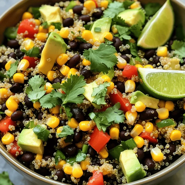- 1 cup quinoa - 1 can (15 oz) black beans, drained and rinsed - 1 cup corn kernels (fresh, frozen, or canned) - 1 red bell pepper, diced - 1 avocado, diced - 1/4 cup red onion, finely chopped - 1/4 cup cilantro, chopped - Juice of 2 limes - 2 tablespoons olive oil - 1 teaspoon ground cumin - 1/2 teaspoon chili powder - Salt and pepper to taste The main ingredients in this salad bring bright flavors and great texture. Quinoa is a superfood full of protein. Black beans add fiber and a hearty feel. Corn adds sweetness and a nice crunch. Red bell pepper gives a crisp bite and vibrant color. Avocado provides creaminess and healthy fats. Red onion adds a slight bite, while cilantro offers a fresh taste. Lime juice and olive oil work as a zesty dressing. Ground cumin and chili powder bring warmth and depth. Salt and pepper round out the flavors, making each bite delicious. Using cups and tablespoons helps you measure each ingredient accurately. This way, you create a balanced salad. For a vegetarian option, you can use vegetable broth instead of water for cooking quinoa. Each serving has about 250 calories. You get around 10 grams of protein and 12 grams of fiber. The healthy fats from avocado boost the nutrition, making this salad both filling and nutritious. Each ingredient works together to provide essential vitamins and minerals, making this dish a powerhouse of nourishment. To start, you need to rinse the quinoa. Place it in a fine mesh strainer. Rinse it under cold water for about 1-2 minutes. This step helps remove the bitter coating called saponin. After rinsing, add one cup of quinoa to a medium saucepan. Pour in two cups of vegetable broth or water. Using vegetable broth adds more flavor, while water works too. Bring the mixture to a boil over high heat. Once it boils, reduce the heat to low. Cover the pan and let it simmer for 15 minutes. The quinoa is ready when it’s fluffy and all the liquid is absorbed. Remove it from heat and let it cool slightly. Next, let’s prepare the salad ingredients. Start with the red bell pepper. Cut it in half, remove the seeds, and dice it into small pieces. For the avocado, slice it in half and remove the pit. Use a knife to score the flesh, then scoop it out with a spoon. Now chop the red onion. Slice it thin, then cut across to make fine pieces. For the cilantro, grab a bunch and chop the leaves. Remove any thick stems to keep it fresh. In a large bowl, combine the black beans, corn, diced red bell pepper, diced avocado, chopped red onion, and cilantro. For the dressing, gather these ingredients: lime juice, olive oil, ground cumin, chili powder, salt, and pepper. In a small bowl, whisk together the lime juice and olive oil. Add the ground cumin and chili powder to enhance the taste. Taste the dressing as you go. If it’s too sour, add a pinch of sugar. If it’s too bland, add more lime juice or salt. Adjust until you find the right balance. Once the quinoa cools, combine it with the salad ingredients. Pour the dressing over everything and gently toss it together. Enjoy your fresh and flavorful Southwest Quinoa Salad! To get the right texture for your quinoa salad, cook the quinoa in vegetable broth. This adds great flavor. Cook it until it’s fluffy. Let it cool before adding it to the salad. This keeps everything fresh and crisp. Balancing flavors is key. The lime juice gives a nice zing. Use just the right amount of cumin and chili powder. This enhances the taste without overpowering it. A sprinkle of salt and pepper helps, too. Always taste as you mix. Adjust until you love it. For a beautiful presentation, serve your salad in a large bowl. You can also use individual bowls for a fun twist. Garnish with extra cilantro and lime wedges. This adds color and freshness. Pair your salad with tortilla chips for crunch. It also goes well with grilled chicken or fish. You can even serve it as a filling in wraps. This makes for a delicious lunch option. Quinoa is a superfood packed with protein. It helps keep you full and satisfied. It is also gluten-free, making it a great choice for many diets. Beans and vegetables add even more benefits. Black beans provide fiber and protein. Bell peppers and avocados give essential vitamins. This salad is not just tasty; it’s also good for you. Enjoy this healthy meal while feeling great! {{image_2}} You can change the beans in your salad. If you want a non-bean salad, try using chickpeas or lentils. Both add great texture and flavor. Seasonal veggies also shine in this dish. In summer, add ripe tomatoes or zucchini. In fall, roasted butternut squash works well. These swaps bring new life to your salad. Switching up the dressing can create a whole new taste. A simple vinaigrette made with balsamic vinegar adds sweetness. You can also add heat with jalapeños or hot sauce. This gives your salad a spicy kick. Just add a bit at a time until it feels right for you. You can serve this salad in many ways. Wrap it in a tortilla for a quick lunch. Or, turn it into a burrito bowl with rice and toppings. This makes the meal filling and fun. For meal prepping, pack it in containers. The flavors will meld together nicely in the fridge. To keep your Southwest Quinoa Salad fresh, store it in proper containers. Use airtight glass or plastic containers. This helps prevent moisture loss and keeps flavors intact. You can chill the salad right after serving. It lasts about 3 to 5 days in the fridge. Always check for freshness before eating. Can you freeze Southwest Quinoa Salad? Yes, you can! Freezing is a great option if you want to save leftovers. To freeze, place the salad in an airtight container. Leave some space for expansion. When you thaw it, do so in the fridge overnight. To keep the texture, avoid microwaving it. Instead, let it sit at room temperature for a bit. To keep your salad ingredients fresh longer, store each item separately. Keep the dressing apart until ready to serve. This helps prevent the salad from getting soggy. Signs of spoilage to watch for include a sour smell or slimy texture. If you notice these, it’s best to discard the salad. You can use many grains in this salad. Some good options are: - Brown rice - Farro - Barley - Bulgur - Couscous Each grain adds a unique taste and texture. Brown rice offers a nutty flavor. Farro is chewy and hearty. Barley has a slight sweetness. Bulgur cooks quickly and is light. Couscous is small and fluffy. Choose based on what you like! Yes, this salad is gluten-free! The main ingredients, like quinoa, black beans, and veggies, contain no gluten. Just be careful with packaged items. Always check labels on canned beans and corn. These can sometimes have gluten additives. When you use fresh or frozen produce, you stay safe. The salad can stay fresh for about 3 to 5 days in the fridge. Store it in an airtight container. This keeps the flavors locked in. To maintain quality, eat it within a few days. If the salad looks or smells off, it’s best to throw it away. This blog post covered a delicious and healthy Southwest Quinoa Salad. We explored main ingredients, cooking methods, and tips for the best flavor. You learned how to store leftovers and make ingredient swaps to suit your taste. Keeping your meal prep in mind can make healthy eating easier. Remember, this dish is versatile, so feel free to experiment. Enjoy trying new flavors with your salad. Start cooking, and make this vibrant salad a staple in your kitchen!