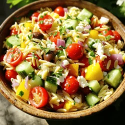 To make a delicious Greek Orzo Salad, you will need: - 1 cup orzo pasta - 1 ½ cups cherry tomatoes, halved - 1 cucumber, diced - 1 bell pepper (red or yellow), diced - ½ red onion, finely chopped - 1 cup Kalamata olives, pitted and halved - 1 cup feta cheese, crumbled - ¼ cup fresh parsley, chopped - ¼ cup olive oil - 2 tablespoons lemon juice - 1 teaspoon dried oregano - Salt and pepper to taste These simple ingredients come together to create a fresh and tasty dish. You can add your own twist to this salad. Here are some optional ingredients: - Grilled chicken or shrimp for protein - Avocado for creaminess - Spinach or arugula for extra greens - Capers for brininess - Sun-dried tomatoes for added flavor Feel free to mix and match what you like! When choosing your ingredients, look for quality. Here are my tips: - Cherry tomatoes: Pick bright and firm ones. They should have a sweet smell. - Cucumber: Choose a cucumber that feels heavy and has smooth skin. - Bell pepper: Look for ones that are shiny and have no soft spots. - Red onion: Select bulbs that are firm, with dry skin. Fresh produce makes a big difference in taste and texture for your salad. Enjoy the process of selecting the best! To start, boil 1 cup of orzo pasta in salted water. Follow the package instructions for the best timing. You want the pasta to be al dente. This means it should still have a slight bite to it. After cooking, drain the orzo. Rinse it under cold water to stop the cooking. Set the orzo aside in a bowl. Now, grab your fresh veggies. Cut 1 ½ cups of cherry tomatoes in half. Dice 1 cucumber and 1 bell pepper. I prefer red or yellow for their sweetness. Finely chop ½ a red onion. Place all the chopped veggies in a large bowl. This mix adds great color and crunch to your salad. In a small bowl, whisk together ¼ cup of olive oil and 2 tablespoons of lemon juice. Add 1 teaspoon of dried oregano, salt, and pepper to taste. This dressing brings a bright flavor to the salad. Make sure to mix it well until combined. Now it’s time to put everything together. Add the cooked orzo to the bowl with your veggies. Toss in 1 cup of halved Kalamata olives and 1 cup of crumbled feta cheese. Pour the zesty lemon dressing over the top. Gently toss everything until evenly coated. Finish with ¼ cup of chopped fresh parsley sprinkled on top. Let the salad sit for at least 10 minutes. This helps the flavors blend nicely. To cook orzo, start with salted boiling water. Use about 4 cups of water for 1 cup of orzo. Boil the orzo for about 8 to 10 minutes. Check for al dente texture. It should be soft but still firm. Once cooked, drain the orzo. Rinse it under cold water to stop cooking. This helps keep the pasta from getting mushy. Set it aside until ready to mix into your salad. For more flavor, try adding fresh herbs like basil or mint. These herbs mix well with the lemon dressing. You can also toss in a pinch of red pepper flakes for heat. If you want a nuttier taste, add toasted pine nuts. They add great texture and flavor. Squeeze extra lemon juice over the top before serving for a fresh kick. Serve the Greek Orzo Salad in a large bowl for sharing. This makes it easy for everyone to serve themselves. For a fun twist, use mason jars for individual servings. Layer the ingredients to show off the colors. Top each jar with extra parsley for a fresh look. Let the salad sit for 10 minutes before serving. This allows the flavors to blend and taste even better. {{image_2}} You can easily add protein to your Greek orzo salad. Grilled chicken works great. Shrimp also adds a nice touch. For a vegetarian option, try chickpeas or black beans. They add fiber and protein. If you want a heartier meal, add sliced steak or roasted lamb. Each option gives a different flavor and texture. Making this salad vegan is simple! Just skip the feta cheese and use a plant-based alternative. You can also add more veggies or nuts for flavor. To make it gluten-free, use gluten-free orzo or another gluten-free pasta. Quinoa is a great substitute. It adds protein and a nice crunch. You can change this salad with the seasons. In summer, add fresh corn or zucchini. They taste great and add color. In fall, try roasted butternut squash or Brussels sprouts. These veggies bring warmth and depth. Using local ingredients makes your dish fresh and fun. It’s a great way to celebrate what’s around you! To keep your Greek Orzo Salad fresh, use an airtight container. This helps seal in flavors and moisture. Always let the salad cool to room temperature before storing. If you make it in advance, keep the dressing separate until you are ready to serve. This will help maintain the crispness of the veggies. You can store Greek Orzo Salad in the fridge for about three days. After that, the veggies may lose their crunch. If you notice any unusual smells or signs of spoilage, it's best to toss it out. Always trust your senses; they guide you well with food safety. This salad is best served cold or at room temperature. If you prefer a warm dish, you can lightly heat the orzo before mixing it with the salad. Just be careful not to overheat, as this can make the veggies soggy. When ready to serve, toss in some extra feta or parsley for a fresh look. Yes, you can make Greek Orzo Salad ahead of time. This salad tastes even better after sitting for a while. The flavors mix well when you chill it in the fridge. I recommend making it a few hours or a day before you serve it. Just remember to add fresh parsley before serving for that vibrant look. Many dressings work well with Orzo Salad. A balsamic vinaigrette adds a sweet touch. A yogurt-based dressing can make it creamy and tangy. You can also try a red wine vinaigrette for a bold flavor. Mix and match to find what you like best! Greek Orzo Salad pairs well with many dishes. Serve it with grilled chicken or fish for a healthy meal. It also goes great with pita bread and hummus. For a light lunch, enjoy it with a side of fruit. The options are endless! Yes, orzo can be a healthy pasta choice. It is made from whole grains, which provide fiber. This helps you feel full longer. Orzo is low in calories and fat, making it a good option for many diets. Just keep an eye on portion sizes to enjoy it in moderation! In this blog post, we explored the key ingredients and easy steps to make a Greek Orzo Salad. I shared tips on selecting fresh produce, cooking orzo, and creating a zesty lemon dressing. We looked at fun variations, storage tips, and answered common questions. Greek Orzo Salad is simple, tasty, and flexible. It can fit many diets and is great for any meal. Enjoy making this dish and don't hesitate to get creative!