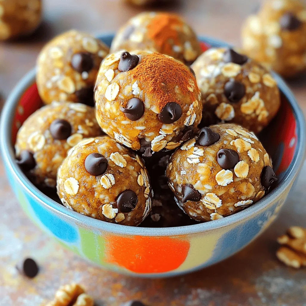 - 1 cup rolled oats - 1/2 cup almond butter (or peanut butter) These two ingredients form the base of your energy balls. Rolled oats provide fiber and help keep you full. Almond butter adds healthy fats and a nice nutty taste. - 1/2 cup pumpkin puree - 1/3 cup honey or maple syrup - 1 teaspoon pumpkin spice blend Pumpkin puree gives these balls their seasonal flavor. Honey or maple syrup adds sweetness. The pumpkin spice blend brings in warm notes of cinnamon and nutmeg. - 1/4 cup chocolate chips - 1/4 cup chopped nuts (walnuts or pecans) These ingredients add extra texture and flavor. Feel free to mix and match based on what you like. Chocolate chips make these treats even more fun, while nuts add crunch. To start, grab a large mixing bowl. Add these main ingredients: - 1 cup rolled oats - 1/2 cup almond butter (or peanut butter) - 1/2 cup pumpkin puree Stir them together until they blend well. Next, add in your sweetener and spices: - 1/3 cup honey or maple syrup - 1/4 cup ground flaxseed - 1 teaspoon pumpkin spice blend - 1/4 teaspoon salt Mix everything thoroughly so it all comes together nicely. If you want a little extra crunch, fold in: - 1/4 cup chocolate chips (optional) - 1/4 cup chopped nuts (walnuts or pecans, optional) Now it’s time to shape your mixture. Use your hands to roll it into small balls, about one inch wide. Place each ball on a tray lined with parchment paper. Once you’ve rolled them all, pop the tray in the fridge for about 30 minutes. This helps them firm up nicely. When ready to serve, think about how to present your energy balls. Arrange them in a colorful bowl. You can sprinkle some extra pumpkin spice or chopped nuts on top for a fun look. These energy balls are great for snacking on the go. Enjoy your tasty fall treat! Mixing your ingredients well is key. You want a smooth blend for your energy balls. If the mixture feels too wet, add more rolled oats. This helps with firmness. If it feels too dry, a little extra almond butter can help. Always taste your mixture before rolling into balls. Adjust spices or sweeteners as needed. Store your energy balls in an airtight container. They stay fresh in the fridge for up to a week. For longer storage, freeze them. Place the balls in a single layer on a tray first. Once frozen, transfer them to a freezer bag or container. This keeps them from sticking together. They can last in the freezer for up to three months. You can add protein powder for a boost. Flaxseed is already in the recipe, but chia seeds work too. If you need a nut-free option, use sunflower seed butter instead of almond butter. For gluten-free needs, check your oats. Some brands may not be certified gluten-free. You can also swap honey with agave syrup for a vegan option. Always choose what fits your diet best. {{image_2}} You can change the flavors of your energy balls to keep things fun. Here are two tasty ideas: - Cinnamon Raisin Energy Balls: Swap out the pumpkin puree for applesauce. Add 1/2 cup of raisins and 1 teaspoon of cinnamon. This gives a sweet, warm flavor. - Chocolate Peanut Butter Energy Balls: Use peanut butter instead of almond butter. Mix in 1/4 cup of cocoa powder for a rich chocolate taste. You can also add chocolate chips for extra sweetness. Making these energy balls fit your diet is easy. Here are some adjustments: - Nut-free versions: If you can't have nuts, use sunflower seed butter instead. It works well and tastes great, too. - Sweetener substitutions: You can use agave syrup or stevia instead of honey or maple syrup. This can help with lower sugar intake. You can also change your energy balls with seasonal ingredients: - Incorporating seasonal ingredients: In fall, add 1/2 cup of dried cranberries or 1/4 cup of maple syrup. These give a fresh twist and bring out that fall vibe. These simple changes make your Pumpkin Spice Energy Balls unique and fun for any season. To keep your Pumpkin Spice Energy Balls fresh, use airtight containers. They prevent air from spoiling your snack. You can also use freezer bags for a great seal. - Fridge: Store in the fridge for up to one week. - Freezer: Freeze for up to three months for longer storage. Check for changes in smell or color to see if your energy balls have gone bad. If they smell sour or look moldy, it’s best to throw them away. - Tips to extend shelf life: - Keep them in a cool place. - Always use clean hands when handling. Each energy ball is about 100 calories, depending on your mix-ins. A good serving size is 1-2 energy balls for a snack. - Suggested daily intake: Aim for 2-3 energy balls as a quick energy boost during your day. Pumpkin Spice Energy Balls stay fresh in the fridge for up to one week. If you want them to last longer, freeze them. In the freezer, they can last for three months. Just make sure you store them in an airtight container. This keeps them from drying out or getting freezer burn. Yes, you can make these energy balls ahead of time. They are perfect for meal prep! Prepare a big batch on the weekend. Then, store them in the fridge or freezer. This way, you have a quick snack ready when you need it. Just remember to let them chill for about 30 minutes after rolling. This helps them firm up nicely. If you don't have almond butter, peanut butter works well too. You can also use sun butter or cashew butter. Each option gives a different flavor, but they all mix well in this recipe. Just pick one that fits your taste or dietary needs. Yes, these energy balls are quite healthy! They offer a great mix of nutrients. The rolled oats provide fiber, and the pumpkin puree adds vitamins. Almond butter gives you healthy fats and protein. Plus, ground flaxseed is a great source of omega-3s. All these ingredients work together to boost your energy. Enjoy them as a snack or a quick breakfast! In this article, we covered how to make Pumpkin Spice Energy Balls. We discussed the main ingredients, flavorful additions, and step-by-step instructions. I shared tips for perfect texture, storage, and even variations to try. Making these treats is simple and fun. They are great for energy and enjoyable to eat. Try different flavors and keep them fresh. Enjoy your delicious and healthy snacks!