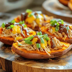 When crafting BBQ chicken sweet potato skins, using the right ingredients is key. Here’s what you’ll need: - 4 medium sweet potatoes - 1 cup cooked shredded chicken - 1 cup BBQ sauce - 1/2 cup shredded cheddar cheese - 1/4 cup green onions, sliced - 1/2 teaspoon garlic powder - 1/2 teaspoon smoked paprika - Salt and pepper to taste - Olive oil for brushing Each of these ingredients plays a big role. The sweet potatoes provide a sweet and creamy base. Cooked shredded chicken adds protein and heartiness. BBQ sauce gives that smoky, tangy flavor we all love. Cheddar cheese melts beautifully, bringing richness. Green onions add freshness and a nice crunch. Garlic powder and smoked paprika deepen the flavor. Salt and pepper enhance all the tastes. A little olive oil helps everything crisp up nicely. Using fresh ingredients makes a big difference. Choose sweet potatoes that feel firm and look smooth. For the chicken, rotisserie works great if you want a quick option. Enjoy the process of gathering these ingredients, and you’ll be on your way to a tasty treat! 1. Preheat your oven to 400°F (200°C). This step helps cook the sweet potatoes evenly. 2. Wash and dry each sweet potato. Use a fork to prick them. This allows steam to escape while baking. 3. Place the sweet potatoes on a baking sheet. Brush them lightly with olive oil. Season with salt and pepper. 4. Bake the sweet potatoes for about 45-50 minutes. They should be tender when you pierce them with a fork. 1. While the sweet potatoes bake, mix your cooked shredded chicken with BBQ sauce, garlic powder, and smoked paprika. Stir well until all ingredients blend together. 2. Once the sweet potatoes cool slightly, cut each in half lengthwise. Scoop out some flesh, leaving a thin layer for support. 3. Fill each sweet potato skin with the BBQ chicken mixture. Pack it well for a hearty bite. 1. Top each filled sweet potato with shredded cheddar cheese. This adds a nice, gooey texture. 2. Return the sweet potato skins to the oven. Bake for another 10-15 minutes. The cheese should melt and bubble nicely. 3. Remove from the oven and sprinkle sliced green onions on top for a fresh touch. This process brings together great flavors and textures, making BBQ Chicken Sweet Potato Skins a tasty treat. Enjoy! - Choosing the best sweet potatoes: Look for sweet potatoes that are firm and smooth. Avoid any with soft spots or blemishes. The best ones are about the same size for even cooking. - How to achieve tender skins: Bake the sweet potatoes whole. This keeps the moisture in. Pricking them with a fork helps steam escape, so they won’t burst. - Ensuring even cooking: Place the sweet potatoes on a baking sheet with space in between. This allows hot air to circulate around them. Turn them halfway through baking for even heat. - Garnishing ideas: Top the filled skins with extra green onions. You can also add a drizzle of more BBQ sauce. For a kick, try adding jalapeños or cilantro. - Accompaniments for BBQ chicken sweet potato skins: Serve with a fresh salad or coleslaw. A side of corn or baked beans also pairs well. These sides balance the rich flavors. - Overbaking the sweet potatoes: Keep an eye on the time. If they bake too long, they can become dry. Start checking them at 40 minutes. - Underfilling the skins: Fill each skin generously with the BBQ chicken mix. If you don't fill them enough, the skins might taste bland. Aim for a good mound of filling on each one! {{image_2}} You can switch up the protein in these sweet potato skins. Instead of chicken, try shredded pork or beef. You could also use tofu for a plant-based option. This keeps the dish tasty and fun. When it comes to cheese, you can choose different types. Try pepper jack for a spicy kick. Or use mozzarella for a milder taste. Each cheese adds a unique flavor to your dish. Want to enhance the taste? Add spices like cumin or chili powder. These spices bring warmth and depth to your BBQ chicken. You can also experiment with smoked salt for an extra smoky flavor. If you want a healthier BBQ sauce, look for brands with low sugar or no added sugars. You can also make your own sauce using tomatoes, honey, and spices. This way, you control the flavors and ingredients. For those who need gluten-free meals, check your BBQ sauce. Many brands are gluten-free. You can also make your own sauce from scratch to be safe. If you're looking for vegetarian options, skip the chicken. Instead, fill the sweet potato skins with black beans or grilled veggies. Add cheese and spices for a hearty, meat-free dish. To keep your BBQ chicken sweet potato skins fresh, place them in an airtight container. This helps to lock in flavors and moisture. Store them in the fridge right after they cool. You can keep them for up to three days. After that, their taste and texture may change. Always check for any signs of spoilage before eating. For the best texture, reheat your sweet potato skins in the oven. Preheat your oven to 350°F (175°C). Place the skins on a baking sheet and cover them with foil. Heat them for about 10-15 minutes. This method keeps the skins crispy and warm. Avoid using the microwave, as it can make them soggy. If you use a microwave, heat them in short bursts and check often to avoid drying them out. Yes, you can freeze BBQ chicken sweet potato skins! To freeze them, let them cool completely. Wrap each skin in plastic wrap, then place them in a freezer bag. This helps prevent freezer burn. They can last up to three months in the freezer. To thaw, transfer them to the fridge overnight before reheating. For best results, reheat them in the oven after thawing. This keeps them tasty and enjoyable. It takes about one hour to make BBQ chicken sweet potato skins. You will spend 15 minutes preparing the ingredients. Then, bake the sweet potatoes for 45-50 minutes until tender. After that, you will fill and bake them for another 10-15 minutes. Yes, you can prepare sweet potato skins in advance. Bake the sweet potatoes and scoop them out a few hours before serving. Store them in the fridge. You can fill and bake them right before you eat. This saves time and keeps them fresh. Some great side dishes include coleslaw, corn on the cob, or a simple salad. These sides add fresh flavors and balance the richness of the sweet potato skins. You can also serve extra BBQ sauce for dipping. Using raw chicken is not safe for this recipe. Cook the chicken first to kill any harmful bacteria. Shred the cooked chicken and mix it with BBQ sauce before filling the sweet potatoes. This ensures a tasty and safe dish. You now have a clear guide to make BBQ chicken sweet potato skins. We've covered the key ingredients, step-by-step instructions, and useful tips. You learned about variations, storage methods, and common questions. These sweet potato skins are not just tasty; they are fun to make and serve. Experiment with flavors and ingredients to fit your taste. Enjoy creating a dish that your family will love!
