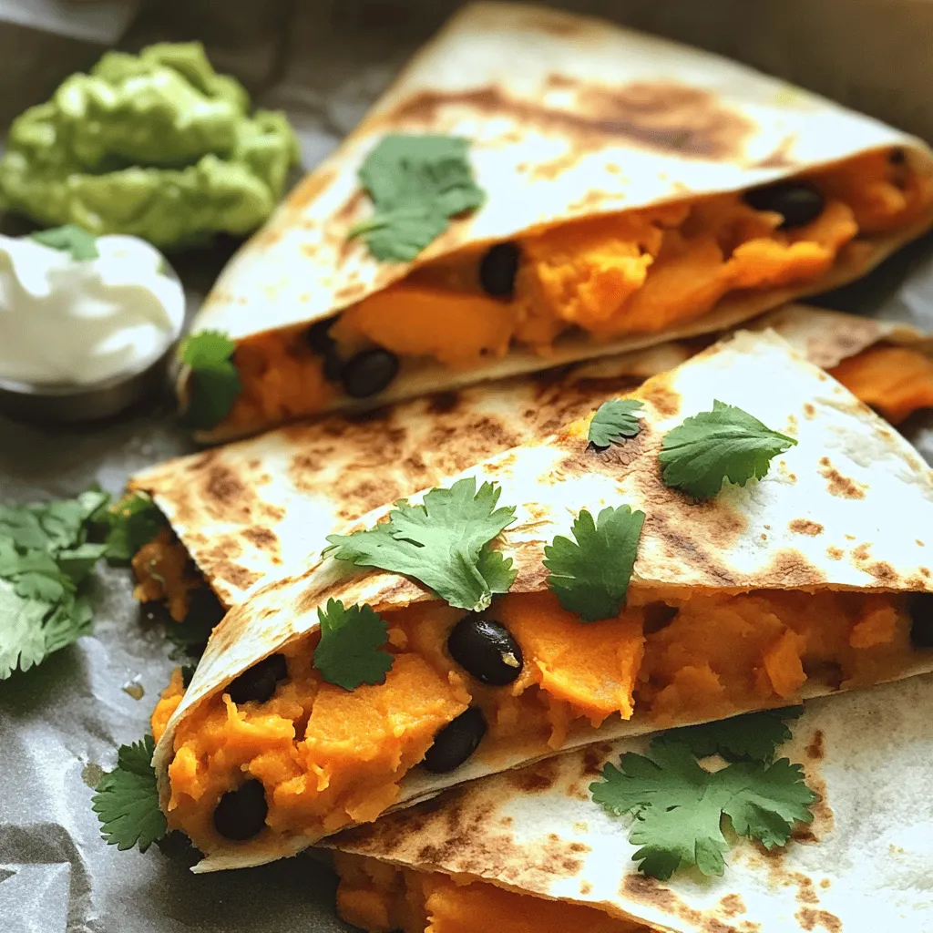 To make sweet potato black bean quesadillas, gather these ingredients: - 2 medium sweet potatoes, peeled and diced - 1 can (15 oz) black beans, rinsed and drained - 1 teaspoon cumin - 1 teaspoon chili powder - 1/2 teaspoon smoked paprika - Salt and pepper to taste - 1 cup shredded cheddar cheese (or dairy-free alternative) - 4 large flour tortillas - 2 tablespoons olive oil - Fresh cilantro, for garnish - Sour cream or guacamole, for serving Feel free to mix things up! Here are some fun ideas: - Use butternut squash instead of sweet potatoes for a different flavor. - Swap black beans for pinto beans or refried beans. - Try different cheeses like Monterey Jack or a spicy pepper jack. - Add spinach or kale for more greens and nutrients. - Top with diced tomatoes or jalapeños for a fresh kick. Choosing the best ingredients makes your quesadillas shine. Here’s what to look for: - Select firm, smooth sweet potatoes with no bruises or soft spots. - For black beans, choose a can with no added sugars or preservatives. - Check cheese packaging for freshness. Look for good melting properties. - When buying tortillas, pick the ones that feel soft and pliable. - Fresh cilantro should be bright green with no wilting or yellow leaves. These tips help you create a tasty dish that everyone will love! Start by peeling and dicing two medium sweet potatoes. Place them in a large pot and fill it with water. Bring the water to a boil. Once boiling, cook the sweet potatoes for 10 to 12 minutes. They should be tender when you poke them with a fork. After cooking, drain the potatoes and return them to the pot. This step is key. Next, grab a fork or potato masher. Use it to mash the cooked sweet potatoes in the pot. Make sure they are smooth. Now, add the rinsed and drained black beans. Sprinkle in one teaspoon of cumin, one teaspoon of chili powder, and half a teaspoon of smoked paprika. Season with salt and pepper to taste. Mix everything well until combined. This blend will give the quesadillas a great flavor. Heat one tablespoon of olive oil in a large skillet over medium heat. Once the oil is hot, place a large flour tortilla in the skillet. On one half of the tortilla, spread half of the sweet potato and black bean mixture. Top it with a sprinkle of shredded cheddar cheese. Fold the tortilla over. Cook for about 3 to 4 minutes until it turns golden brown and crispy. Flip it carefully and cook for another 3 to 4 minutes on the other side. Remove it and keep warm. Repeat this for the rest of the tortillas and filling. Once cooked, slice each quesadilla into wedges. Garnish with fresh cilantro and serve with sour cream or guacamole. Enjoy your delicious dish! To get the best crunch from your quesadillas, follow these steps: - Use enough oil: Coat your skillet with about one tablespoon of oil. This helps crisp the tortillas. - Cook on medium heat: A too-high setting can burn the outside while leaving the inside cold. - Press down while cooking: Use a spatula to press the quesadilla. This helps the filling meld and the tortilla crisp up. To take your quesadillas to the next level, consider these flavor tips: - Add more spices: You can mix in garlic powder or onion powder for depth. - Fresh herbs: Chopped cilantro or green onions add a fresh twist. - Hot sauce: A dash of your favorite hot sauce brings heat and flavor. Watch out for these common errors to ensure your quesadillas turn out great: - Overfilling: Too much filling can lead to messy quesadillas. Stick to a moderate amount. - Skipping the mash: Make sure to mash the sweet potatoes well. This helps the filling stick together. - Not letting them rest: Allow your cooked quesadillas to sit for a minute before cutting. This helps the cheese set and makes them easier to slice. {{image_2}} You can easily make these quesadillas vegan. Just skip the cheese or use a dairy-free version. Nutritional yeast also adds a cheesy flavor. You can add more veggies too, like spinach or bell peppers. They give extra color and taste. Feel free to mix in some corn for added sweetness. You have many cheese choices! Try pepper jack for a spicy kick. Mozzarella melts well and gives a nice stretch. If you want a nutty flavor, use a cashew cheese. For other fillings, consider sautéed mushrooms or zucchini. These ingredients enhance the texture and taste. You can also add herbs like oregano or thyme for more flavor. These quesadillas pair well with dips. Sour cream and guacamole are classic choices. Salsa adds a fresh, zesty touch. You can also serve them with a side salad. A simple green salad with lime dressing works great. For a heartier option, try a corn and black bean salad. It complements the quesadillas perfectly. To keep your leftover quesadillas fresh, let them cool first. Place them in an airtight container. This helps avoid sogginess. You can store them in the fridge for up to three days. If you want to eat them later, freezing is a great option. When it's time to enjoy your quesadillas again, there are easy ways to reheat them. The best method is to use a skillet. Heat the skillet over medium heat, then add the quesadilla. Cook each side for about three minutes. This makes them crispy again. You can also use an oven. Preheat it to 350°F (175°C), place the quesadillas on a baking sheet, and heat for about 10 minutes. This method warms them evenly. To freeze quesadillas, wrap each one in plastic wrap. Then, place them in a freezer-safe bag. Make sure to remove as much air as possible. They can last up to three months in the freezer. When you're ready to eat them, thaw overnight in the fridge. Reheat them using the skillet method for the best taste and texture. Enjoy your delicious quesadillas anytime! Yes, you can prepare these quesadillas ahead of time. Make the filling and store it in the fridge. You can assemble the quesadillas later. This saves time on busy days. Just remember to cook them right before eating for the best taste. If you need a change, try corn tortillas or whole wheat tortillas. You can also use lettuce leaves for a low-carb option. Each choice offers a different taste and texture. Explore what you like best! Yes, these quesadillas can be gluten-free. Just swap flour tortillas for gluten-free tortillas. Always check labels to ensure they meet your needs. Enjoy the same great flavor without the gluten! In this blog post, we explored how to make delicious Sweet Potato Black Bean Quesadillas. We covered ingredients, step-by-step instructions, and storage tips. You learned about variations to fit different diets and how to avoid common mistakes. Remember, fresh ingredients make a big difference. Cooking can be fun and easy with some practice. Enjoy making these quesadillas and share them with friends! They will love your cooking.