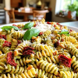 - 300g pasta (fusilli or penne recommended) - 1 cup sun-dried tomatoes, packed in oil, drained and roughly chopped - 1/4 cup toasted pine nuts - 1/2 cup fresh basil leaves - 1/4 cup grated Parmesan cheese - 2 cloves garlic, minced - 1/3 cup olive oil - Salt and pepper to taste - 1/2 teaspoon chili flakes (optional) - Fresh basil leaves for garnish When I make Sun Dried Tomato Pesto Pasta, I focus on fresh and bright flavors. The sun-dried tomatoes pack a punch, and they bring a nice sweetness. I prefer using fusilli or penne pasta because they hold the sauce well. You want each bite to be bursting with taste. To add a nutty crunch, I toast the pine nuts lightly. This step enhances their flavor. Fresh basil brings a vibrant green touch and a fragrant aroma. I always use real Parmesan cheese for its rich taste. It's key to making this dish truly shine. For the sauce, I use good-quality olive oil. It adds smoothness and richness. I often add chili flakes for a slight kick, but you can skip them if you like mild flavors. A sprinkle of salt and pepper rounds out the taste, making it just right. Garnishing with fresh basil leaves makes the dish look stunning. It also adds a fresh touch. This combination makes every bite a delightful experience. To start, boil a large pot of salted water. Cook the pasta until it is al dente. This usually takes about 8 to 10 minutes, depending on the type. Once done, reserve about 1 cup of the pasta water before draining the rest. This water is key for the sauce later. Next, grab your food processor. Combine the sun-dried tomatoes, fresh basil leaves, toasted pine nuts, grated Parmesan, minced garlic, and chili flakes, if using. Pulse the mixture until it is coarsely chopped. This should take about 10 seconds. Now, while the food processor runs, slowly add the olive oil. Keep blending until the pesto is smooth and creamy. If it feels too thick, add some of the reserved pasta water. This helps to reach your desired consistency. Season with salt and pepper to taste. In the same pot used for your pasta, combine the cooked pasta with the sun-dried tomato pesto. Stir well to coat the pasta evenly. If needed, adjust the mixture with more pasta water. Serve the pasta in bowls and garnish with fresh basil leaves and extra grated Parmesan, if you like. Enjoy your dish! To get the right texture for your pesto, start with sun-dried tomatoes. Use ones packed in oil for more flavor. When you blend, pulse the ingredients. This method keeps some texture. If your pesto feels too thick, add a splash of pasta water. This will help it mix well with the pasta. Adjust flavors to your liking by tasting as you go. If you want more salt, add it. For a spicy kick, toss in chili flakes. You can also try adding more garlic or Parmesan cheese to enhance the taste. This way, you make the pesto truly yours. Cooking pasta al dente is key for this dish. Boil salted water and add your pasta. Check the package for cooking times. Start tasting a minute before the time is up. The pasta should be firm yet tender. Remember to reserve some pasta water before draining. This water helps blend the pesto and pasta later. To avoid sticky pasta, stir the pasta as it cooks. After draining, do not rinse it. Rinsing washes away the starch that helps the sauce stick. You can also toss the pasta with a bit of olive oil to keep it separate. For pairings that complement this dish, consider a fresh salad. A simple arugula salad adds a nice crunch. You can also serve it with garlic bread for a tasty side. For drinks, a light white wine works great with this dish. Try a Sauvignon Blanc or Pinot Grigio. These wines balance the rich flavors of the pesto. Enjoy your meal with these delightful pairings for a complete dining experience. {{image_2}} You can change some ingredients for this dish. If you need a different nut for the pesto, try walnuts or almonds. They add a nice crunch and flavor. If you want to switch the pasta, you can use spaghetti or ziti. Each type has a unique shape that changes the dish. To make this dish even better, add protein. Grilled chicken or shrimp work great. Cook them separately and mix them in with the pasta. You can also add vegetables like spinach or bell peppers. Sauté them for a few minutes to soften them. This adds color, taste, and nutrition. Want a dairy-free version? Just skip the Parmesan cheese. Use nutritional yeast instead for a cheesy flavor. It’s a great option for vegans. You can also substitute the olive oil with avocado oil. This keeps the creamy texture while keeping it plant-based. To keep your sun-dried tomato pesto pasta fresh, you should store it right. First, let the pasta cool down to room temperature. Then, place it in an airtight container. This helps keep moisture in and prevents it from drying out. Store the container in the fridge. It will stay good for about three days. For best results, use glass or plastic containers that seal tightly. Avoid using metal containers, as they can react with the ingredients. You can also use a zip-top bag, squeezing out extra air for better storage. When you're ready to enjoy the leftovers, reheating is key. Use a microwave or a stovetop to warm the pasta without losing texture. For the microwave, place the pasta in a bowl and add a splash of water. Cover it with a damp paper towel. Heat for about one to two minutes, stirring halfway through. On the stovetop, use a non-stick pan. Heat it over medium-low heat. Add the pasta and a little olive oil or water. Stir gently for about five to seven minutes until it's warm. If you want to save some pasta for later, freezing works well. First, cool the dish completely. Then, place it in a freezer-safe container or zip-top bag. Make sure to leave some space for the pasta to expand. Label the bag with the date. You can freeze the pasta for up to three months. When you're ready to eat it, transfer it to the fridge to thaw overnight. To reheat frozen pasta, heat it in a pan over low heat. Add a touch of water or olive oil to help it warm evenly. Stir for about ten minutes until it's hot throughout. Enjoy your tasty dish again! Sun-dried tomato pesto is a rich and savory sauce. It mixes sun-dried tomatoes, basil, nuts, and cheese. This blend gives it a sweet and tangy taste, with a nutty crunch. The garlic adds a nice kick, while the olive oil makes it smooth. Overall, it brings a burst of flavor to any dish. Yes, you can make this recipe ahead of time! Prepare the sun-dried tomato pesto and store it in a jar. Keep it in the fridge for up to a week. You can also cook the pasta and store it separately. When you are ready to eat, mix them together and warm it up. This gives you a quick meal with great taste. To add more flavor, try these tips: - Add more garlic for a bolder taste. - Mix in fresh herbs like parsley or oregano. - Squeeze some lemon juice for a zesty touch. - Toss in some olives for a briny flavor. - Sprinkle extra Parmesan cheese on top for richness. These simple changes can make your dish even tastier. This blog post explored how to make sun-dried tomato pesto pasta. We covered ingredients, cooking steps, and tips to elevate your dish. I emphasized ways to personalize the recipe with variations and storage methods for leftovers. With these insights, you can create a flavorful, quick meal. Enjoy experimenting with different ingredients and techniques. Dive into this simple dish, and let your creativity shine. Happy cooking!