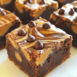 - 1 cup all-purpose flour - 1/2 cup unsweetened cocoa powder - 1/2 teaspoon baking powder - 1/4 teaspoon salt - 1/2 cup unsalted butter, melted These basic ingredients form the heart of the brownies. The flour gives structure, while cocoa adds rich chocolate flavor. Baking powder helps the brownies rise, and salt enhances the sweetness. The melted butter adds moisture and richness to every bite. - 1 cup granulated sugar - 3 large eggs - 1 teaspoon vanilla extract - 1/2 cup creamy peanut butter Sugar is key for sweetness, and eggs provide moisture and binding. Vanilla extract adds depth to the flavor. Creamy peanut butter creates that irresistible swirl and a nutty taste that pairs so well with chocolate. - 1/4 cup chocolate chips (for added texture) Adding chocolate chips gives a fun texture and an extra boost of chocolate flavor. They melt slightly during baking, creating little pockets of gooey goodness. First, preheat your oven to 350°F (175°C). This temperature helps the brownies bake evenly. Next, grease a 9x9-inch baking pan or line it with parchment paper. This step makes it easy to remove your brownies later. In a medium bowl, whisk together the flour, cocoa powder, baking powder, and salt. Make sure these ingredients mix well. This helps create a uniform brownie texture. Set this bowl aside for now. In a large bowl, stir together the melted butter and sugar. Mix until the mixture is smooth. Then, add the eggs one at a time. Beat well after each egg goes in. Finally, stir in the vanilla extract for flavor. Now, gradually mix the dry ingredients into the wet mixture. Stir until just combined; do not overmix. This keeps your brownies fudgy. Next, divide the brownie batter in half. In one half, swirl in the creamy peanut butter. Mix until it’s well combined, but still marbled. Pour the chocolate batter into your greased baking pan and spread it evenly. Then, dollop spoonfuls of the peanut butter batter on top. Use a knife or skewer to gently swirl the two batters together. This creates a beautiful marbled look. Bake in the preheated oven for 25-30 minutes. Check doneness by inserting a toothpick; it should come out with a few moist crumbs. Let the brownies cool in the pan for 10 minutes. After that, transfer them to a wire rack. This helps them cool completely. Once cool, cut them into squares and enjoy your treats! To create the perfect swirl of peanut butter in your brownies, start with room-temperature peanut butter. This makes it easier to mix. After you divide the batter, gently spoon the peanut butter into one half. Use a knife or a skewer to swirl it into the chocolate batter. Don’t mix too much; you want to see both colors. A light hand gives you that beautiful marbled effect. For a fudgy brownie, focus on your baking time. Bake until a toothpick shows a few moist crumbs. If you prefer a cakey brownie, add just a minute or two more to the baking time. For flavor, balance the chocolate and peanut butter. The cocoa powder adds depth, while the peanut butter brings creaminess. Adjust the sugar if you want a sweeter taste. When cutting brownies, use a sharp knife for clean edges. Wipe the knife with a damp cloth between cuts. This keeps the pieces neat and professional. Serve these brownies warm with a scoop of vanilla ice cream on top. They also pair well with a glass of cold milk or a cup of coffee. Enjoy the rich flavors and smooth textures of this treat! {{image_2}} You can make your brownies even better by adding nuts. Chopped walnuts or pecans work great. Just toss in about half a cup of your favorite nuts. Mix them right into the batter before you swirl in the peanut butter. This adds a nice crunch and extra flavor to each bite. Feel free to swap ingredients to match your taste. If you want a different nut butter, almond or cashew butter can work well. You can also use coconut sugar or maple syrup instead of regular sugar. These changes keep the brownies tasty and fun. You can easily make gluten-free or vegan versions of these brownies. To go gluten-free, simply use almond or oat flour instead of all-purpose flour. For a vegan option, replace eggs with flax eggs or applesauce. Using dairy-free butter and chocolate chips will keep it vegan, too. These adjustments ensure everyone can enjoy this treat! To keep your peanut butter chocolate swirl brownies fresh, store them properly. You can keep them at room temperature for a few days. Place them in an airtight container. This method helps maintain their soft texture. If you prefer, you can refrigerate them. Refrigeration can extend their life but may change their texture slightly. Freezing brownies is a great option if you want to save some for later. First, cut the brownies into squares. Wrap each piece tightly in plastic wrap. Then, place them in a freezer-safe bag or container. This keeps them fresh for up to three months. When you’re ready to enjoy them, take out the brownies and let them thaw at room temperature. You can also warm them in the microwave for a few seconds. When stored correctly, your brownies can last a week at room temperature. If refrigerated, they can last up to two weeks. In the freezer, they stay fresh for about three months. Always check for any signs of spoilage before eating, like unusual smells or textures. Enjoy your delicious brownies while they’re at their best! Yes, you can use crunchy peanut butter. This change gives brownies a fun texture. The pieces of peanuts add a nice crunch. Your brownies will be less smooth but still tasty. If you love texture, go for it! Just remember, the spreadability will vary. Swirling may look different but will taste great. To cut brownies well, wait until they cool. Use a sharp knife for clean cuts. A plastic knife can work too. Dip the knife in warm water first, then wipe it dry. This helps the knife glide through. For even squares, cut the brownies in half, then cut those halves. Repeat until you have perfect squares. Check your brownies with a toothpick. Insert it into the center of the pan. If it comes out with moist crumbs, they are done. If it has wet batter, bake a few more minutes. Keep an eye on the time. Start checking around 25 minutes for the best results. Yes, you can make these brownies ahead. Bake them a day before your event. Let them cool completely, then store them in an airtight container. They stay fresh at room temperature for up to four days. You can also freeze them for up to three months. Just thaw before serving for the best taste. In this post, we covered how to make delicious peanut butter chocolate swirl brownies. You learned about the key ingredients, like flour, cocoa powder, and peanut butter. I shared step-by-step instructions for mixing, baking, and cooling your brownies. We also discussed tips for perfecting the swirl and storing your treats. Try adding nuts or swapping ingredients to make it your own. Enjoy baking and sharing these tasty brownies with family and friends!