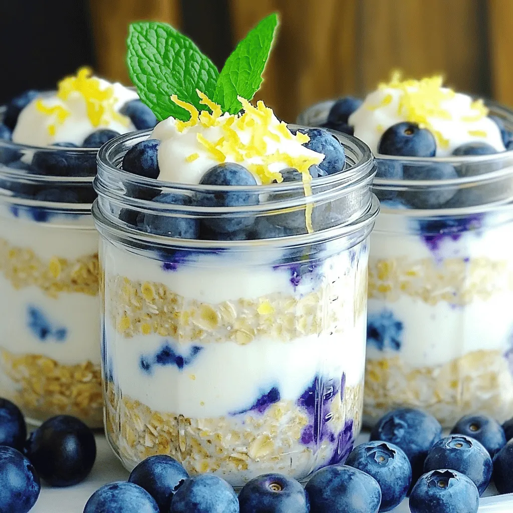 To make these lemon blueberry cheesecake overnight oats, gather the following: - 1 cup rolled oats - 1 cup almond milk (or any milk of choice) - 1/2 cup Greek yogurt - 1/4 cup cream cheese, softened - Zest of 1 lemon - 2 tablespoons honey or maple syrup - 1/2 teaspoon vanilla extract - 1 cup fresh blueberries - 2 tablespoons chia seeds - Pinch of salt You can easily swap some ingredients if needed. Here are a few ideas: - Use coconut milk instead of almond milk for a rich taste. - Swap Greek yogurt for dairy-free yogurt for a vegan option. - Instead of cream cheese, use silken tofu for a lighter choice. - Maple syrup works well if you want a vegan sweetener. - Any berry can replace blueberries for a fun twist. This recipe makes two servings, and here’s what you can expect per serving: - Calories: Approximately 300 - Protein: 12 grams - Carbohydrates: 45 grams - Fat: 10 grams - Fiber: 8 grams - Sugar: 10 grams These oats pack a good balance of nutrients. They offer protein, healthy fats, and fiber to keep you full. Enjoy this tasty and healthy breakfast! Making Lemon Blueberry Cheesecake Overnight Oats is simple. You only need ten minutes. Gather your ingredients first. This makes the process smooth. You will mix everything in one bowl. Then, let it chill in the fridge overnight. 1. Start with a medium bowl. Add 1 cup of rolled oats. 2. Pour in 1 cup of almond milk or your favorite milk. 3. Add 1/2 cup of Greek yogurt. This gives the oats creaminess. 4. Next, add 1/4 cup of softened cream cheese. Whisk until smooth. 5. Now, zest one lemon into the bowl. This brings a bright flavor. 6. Add 2 tablespoons of honey or maple syrup for sweetness. 7. Mix in 1/2 teaspoon of vanilla extract. This adds depth to your oats. 8. Toss in 2 tablespoons of chia seeds and a pinch of salt. 9. Stir everything well. Make sure all ingredients blend together. 10. Gently fold in 1 cup of fresh blueberries. Save some for later. 11. Divide the mix into two jars. Leave some space at the top. 12. Cover each jar tightly and place them in the fridge overnight. 13. When ready to eat, stir well. Top with reserved blueberries. When mixing, don’t rush. Take your time to ensure even blending. If you want more creaminess, add extra yogurt. For a sweeter taste, adjust the honey or syrup. Use a spatula to fold in the blueberries gently. This keeps them whole and juicy. Enjoy your creation in a clear jar. It looks beautiful and inviting. To get the best overnight oats, use rolled oats. They soak up liquid well without getting mushy. Choose a milk you enjoy. Almond milk works great, but you can use any milk. Mix the ingredients well. This ensures the oats absorb the flavors evenly. Use a tight lid on your jars to keep your oats fresh. Storing them in the fridge overnight is key to a creamy texture. Add lemon zest for a bright taste. It makes the dish fresh and tangy. You can also try different sweeteners. Honey or maple syrup both work well. For a richer taste, use full-fat cream cheese. This adds a nice creaminess. Fresh blueberries bring natural sweetness. You can also add a pinch of cinnamon for warmth. Experiment with flavors to find your favorite mix. Don’t skip the chia seeds; they help thicken the oats. If you use instant oats, they may become too mushy. Avoid using too much liquid, as this can make your oats runny. Make sure to stir well before serving. This mixes the layers and flavors. Lastly, don’t forget to top with fresh blueberries and lemon zest just before you eat. This adds a lovely finish to your dish. {{image_2}} You can mix in many fruits with your lemon blueberry cheesecake overnight oats. Strawberries offer a sweet taste, while raspberries add a nice tartness. Try diced peaches or chopped apples for a different twist. You can also use frozen fruits if fresh ones are not available. Just remember to thaw them first for the best texture. If you want a plant-based version, swap Greek yogurt for dairy-free yogurt. Coconut yogurt or almond yogurt work well. Change the cream cheese to a nut-based cream cheese for a similar creamy texture. Use almond milk or oat milk instead of regular milk. These swaps keep the dish tasty and creamy without dairy. You have several sweetener options to choose from. Honey is great, but you can also use maple syrup or agave nectar. If you prefer, try stevia or monk fruit to cut calories. Adjust the amount to your taste, and remember, some fruits add natural sweetness too. You need to store your Lemon Blueberry Cheesecake Overnight Oats in the fridge. Use glass jars or airtight containers. This keeps them fresh and tasty. Make sure to cover them well. If you leave them open, they may soak up other smells from the fridge. These oats last about four to five days in the fridge. To keep them fresh, avoid adding toppings until you serve them. The blueberries and zest can get mushy if mixed in too early. If you see any change in color or smell, it’s best to toss them. You can eat these oats cold right from the fridge. They taste great that way! If you prefer warm oats, heat them in the microwave for about 30 seconds. Stir after heating to make sure the warmth is even. Enjoy your creamy, fruity breakfast! Yes, you can use instant oats. Instant oats cook faster, so they will soften more quickly. This may change the texture of your overnight oats. Rolled oats give a heartier bite. If you prefer a creamier and smoother consistency, instant oats work well. You can keep these overnight oats in the fridge for up to five days. Store them in airtight containers to keep them fresh. The flavors will meld and get better over time. Just give them a good stir before eating. Yes, you can skip yogurt or cream cheese. You can use more almond milk instead. This will make the oats lighter, but you will lose some creaminess. Consider adding a mashed banana or nut butter for added flavor and texture. Overnight oats are simple and fun to make. We covered key ingredients, variations, and storage tips. You learned how to mix flavors and avoid common mistakes. These oats are healthy and tasty. Try different fruits or plant-based options to find your favorite. With this guide, you can enjoy overnight oats that suit your taste. They are easy to make and can fit any meal plan. Enjoy your oats!