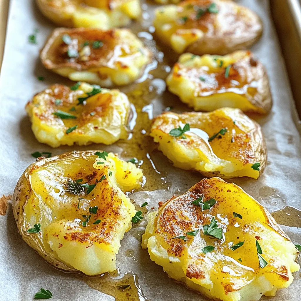 To make smashed crispy potatoes, you need these key ingredients: - 1.5 lbs baby potatoes - 1/4 cup olive oil - 3 cloves garlic, minced - 1 teaspoon paprika - 1 teaspoon dried rosemary - 1 teaspoon salt - 1/2 teaspoon black pepper - Fresh parsley, chopped (for garnish) These ingredients create a dish full of flavor and crunch. The baby potatoes are perfect for smashing and give a great texture. The olive oil adds richness, while garlic, paprika, and rosemary pack in the taste. You can add other ingredients for more flavor. Here are some ideas: - Grated cheese for creaminess - Fresh herbs like thyme or dill - Chili flakes for a spicy kick - Lemon zest for a fresh twist Feel free to mix and match these add-ins. They can elevate your potatoes and make them unique. Each serving of smashed crispy potatoes is about: - Calories: 220 - Fat: 10g - Carbohydrates: 30g - Protein: 4g - Fiber: 3g This dish is a great balance of carbs and healthy fats. The fiber from the potatoes helps keep you full. Enjoy these tasty potatoes as a side or snack! First, gather your ingredients. You need: - 1.5 lbs baby potatoes - 1/4 cup olive oil - 3 cloves garlic, minced - 1 teaspoon paprika - 1 teaspoon dried rosemary - 1 teaspoon salt - 1/2 teaspoon black pepper - Fresh parsley, chopped (for garnish) Next, preheat your oven to 450°F (232°C). Line a baking sheet with parchment paper. This step will help with easy cleanup later. Now, fill a large pot with water and add salt. Bring it to a boil. Once boiling, add the baby potatoes. Cook them for 15-20 minutes. They should be tender but not falling apart. You can test this by poking them with a fork. After cooking, drain the potatoes. Let them sit for about 5 minutes. This allows them to steam dry, which helps them get crispy later. Place the drained potatoes on your prepared baking sheet. Grab the bottom of a glass or a potato masher. Gently press down on each potato until it flattens to about 1/2 inch thick. In a small bowl, combine olive oil, minced garlic, paprika, dried rosemary, salt, and black pepper. Mix well. Drizzle this tasty oil blend over the smashed potatoes. Make sure they are evenly coated for maximum flavor. Now, roast your potatoes in the oven for 20-25 minutes. Turn them once halfway through cooking. This helps them get golden brown and crispy all over. To get that perfect crunch, keep an eye on the color. They should turn a nice golden brown. If you want extra crispiness, you can broil them for a minute at the end. Just watch closely to avoid burning. Once they are done, take them out of the oven. Sprinkle with chopped fresh parsley for a pop of color. This not only adds flavor but also makes your dish look great! Enjoy your smashed crispy potatoes. For smashed crispy potatoes, baby potatoes work best. They have a creamy texture and a thin skin. You can also use Yukon Gold potatoes. They are buttery and hold their shape well. Avoid starchy potatoes like Russets. They can break apart during cooking. To ensure even cooking, boil the potatoes whole. This helps them cook through evenly. Once tender, let them steam dry for five minutes. This step removes excess moisture. It results in a crispier finish. Use a gentle touch when smashing. If you press too hard, they may fall apart. One common mistake is not preheating the oven. A hot oven helps achieve that perfect crunch. Another mistake is overcrowding the baking sheet. Leave space between each potato to allow airflow. Lastly, don’t skip the oil mixture. It adds flavor and helps with crispiness. {{image_2}} You can make smashed crispy potatoes even more fun with flavors. Try adding cheese for a rich taste. Grated Parmesan or cheddar melts nicely and adds great depth. You can also use fresh herbs like thyme or chives. These herbs make the dish fragrant and colorful. For a spicy kick, mix in some red pepper flakes. The options are endless, so feel free to get creative! If you want to save time, you can cook these potatoes in an air fryer. Preheat the air fryer to 400°F (200°C). Cook the smashed potatoes for about 15-20 minutes. Check them halfway and give them a shake for even cooking. You can also use a stovetop method. Just heat oil in a skillet, add the smashed potatoes, and fry them until golden and crispy. Making smashed crispy potatoes vegan is simple. Just swap olive oil for any plant-based oil. You can also skip the cheese or use a vegan cheese option. This way, everyone can enjoy them. If you want a nutty flavor, try sprinkling nutritional yeast on top. It gives a cheesy taste without dairy, perfect for vegan diets. To store your smashed crispy potatoes, let them cool first. Place them in an airtight container. You can keep them in the fridge for up to three days. Make sure to separate layers with parchment paper to prevent sticking. For reheating, the oven is best. Preheat it to 400°F (200°C). Spread the potatoes on a baking sheet. Bake for about 10-15 minutes until they are hot and crispy again. You can also use an air fryer. Just set it to 350°F (175°C) for a few minutes. You can freeze these potatoes, but they may lose some crispiness. First, let them cool completely. Then, place them in a single layer on a baking sheet. Freeze them for 1-2 hours. Once frozen, transfer them to a freezer bag. They can stay in the freezer for up to two months. Yes, you can prepare Smashed Crispy Potatoes ahead. Cook them, smash them, and store them in the fridge. To keep them fresh, cover them well. When ready to eat, drizzle with oil and roast them. This makes for a quick and easy side dish. Smashed Crispy Potatoes pair well with many dishes. You can serve them with grilled chicken, fish, or steak. They also go great with roasted veggies or salads. For a fun twist, try them with a spicy dipping sauce or sour cream. To add spice to your Smashed Crispy Potatoes, increase the paprika. You can also add cayenne pepper or chili flakes. Mixing in some spicy sauce, like sriracha, can give a nice kick. Adjust the spice level to your taste for the right heat! In this blog post, we explored the joy of making Smashed Crispy Potatoes. We covered important ingredients, step-by-step instructions, and tips for perfect results. I shared variations to keep your meals exciting and useful storage info for leftovers. Remember, a few simple changes can make a big difference in flavor. This dish is fun to make and easy to enjoy. With practice, you’ll master the art of crispy potatoes!