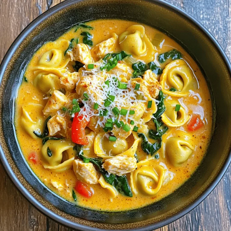 - 1 lb (450g) boneless, skinless chicken breast, diced - 12 oz (340g) cheese tortellini (fresh or frozen) - 2 tablespoons Cajun seasoning - 1 tablespoon olive oil - 1 onion, chopped - 3 cloves garlic, minced - 1 red bell pepper, diced - 1 cup (240ml) chicken broth - 1 cup (240ml) heavy cream - 1 cup (100g) spinach, fresh - ½ cup (50g) grated Parmesan cheese - Salt and pepper to taste - Chopped green onions, for garnish - ½ cup (50g) sun-dried tomatoes, chopped - 1 teaspoon smoked paprika - A squeeze of lemon juice - A handful of fresh basil, chopped These extra ingredients add layers of flavor. Sun-dried tomatoes bring a sweet-tart taste. Smoked paprika adds depth and warmth. Lemon juice brightens the dish, while fresh basil gives it a fresh finish. Feel free to mix and match based on your taste! - Large pot or Dutch oven - Sharp knife for chopping - Cutting board for prep - Wooden spoon for stirring - Measuring cups and spoons - Ladle for serving Using the right tools makes cooking easier. A sharp knife helps you chop quickly. A sturdy pot ensures even cooking. These tools help you make the dish with ease! First, get a large pot or Dutch oven. Heat 1 tablespoon of olive oil over medium-high heat. Add 1 pound of diced chicken breast. Sprinkle 2 tablespoons of Cajun seasoning on the chicken. Sauté the chicken for 5 to 7 minutes. Cook until it turns white and is no longer pink inside. Once done, remove the chicken and set it aside. In the same pot, add the chopped onion, minced garlic, and diced red bell pepper. Cook these for about 3 to 4 minutes. Stir until the veggies soften. They should smell great! Now, pour in 1 cup of chicken broth and 1 cup of heavy cream. Stir it well and bring the mix to a simmer. Next, add 12 ounces of cheese tortellini to the pot. Cook it following the package instructions, usually 3 to 5 minutes. Once the tortellini is tender, return the cooked chicken to the pot. Now, toss in 1 cup of fresh spinach and ½ cup of grated Parmesan cheese. Stir gently until the spinach wilts and everything gets warm. Season with salt and pepper to your liking. Enjoy your creamy Cajun chicken tortellini! To cook tortellini right, start with plenty of boiling water. Add a pinch of salt to make it flavorful. Fresh tortellini cooks faster than frozen, so check the package. Stir gently to prevent sticking. Cook them until they float to the top. This usually takes 3 to 5 minutes. Drain them well and set aside. To make the sauce creamy, use heavy cream. It gives richness and smoothness. Add the cream slowly to the pot after the broth. Stir well to mix it with the broth. This step helps to blend the flavors. For extra creaminess, add grated Parmesan cheese. It melts into the sauce and adds depth. To save time, prep your ingredients first. Chop the onion and bell pepper ahead. You can also dice the chicken in advance. Use frozen tortellini for faster cooking. Cook everything in one pot to cut down on washing dishes. This method saves time and keeps flavors together. Enjoy a quick meal without the stress! {{image_2}} If you want a vegetarian twist, swap the chicken for mushrooms. Use about 1 pound of sliced mushrooms. Sauté them just like the chicken. Replace the chicken broth with vegetable broth for flavor. This change still keeps the dish creamy and rich. You can add zucchini or bell peppers for extra veggies. For added protein, shrimp or sausage work great. If using shrimp, add about 1 pound of peeled shrimp. Sauté them until they turn pink, then remove before cooking the vegetables. Add them back at the end. For sausage, use about 8 ounces of sliced smoked sausage. Cook them with the chicken for extra flavor. Adjust the spice level to fit your taste. If you like it spicy, add more Cajun seasoning. You can mix in some red pepper flakes for extra heat. If you prefer less spice, cut the Cajun seasoning in half. Taste as you go to find your perfect balance. To keep your creamy Cajun chicken tortellini fresh, let it cool first. Once cool, transfer it to an airtight container. Make sure to seal it well to prevent air from getting in. Store the container in the fridge for up to three days. Label the container with the date for easy tracking. When you are ready to enjoy the leftovers, reheat them gently. Place the tortellini in a pot over low heat. Add a splash of chicken broth or cream to keep it moist. Stir it often to heat evenly. You can also use the microwave. Heat in short bursts, stirring in between, until warm. If you want to save the dish for later, freezing is a great option. First, let the tortellini cool completely. Then, portion it into freezer-safe bags or containers. Remove as much air as possible before sealing. You can freeze it for up to three months. When ready to eat, thaw it in the fridge overnight and reheat as described above. Yes, you can use other types of pasta. Penne or farfalle work well. Cook them according to the package. Just adjust the cooking time. Fresh pasta can cook faster than dried pasta. Be careful not to overcook it. The key is to ensure the pasta is tender but not mushy. To add heat, try more Cajun seasoning. You can also add cayenne pepper. Start with a little, then taste and adjust. If you want more flavor, add diced jalapeños or hot sauce. Just remember, spice can build up quickly. Add it slowly to control the heat level. If you need a lighter option, use half-and-half. Coconut milk is a great dairy-free choice. For a healthier version, try Greek yogurt. Just mix it in at the end to avoid curdling. These substitutes change the flavor a bit, so taste as you go. This guide covered important steps to make a tasty tortellini dish. We explored the key ingredients, optional flavors, and best tools to use. I shared detailed steps for prepping chicken, cooking veggies, and combining everything. You learned tips for creaminess and time-saving tricks. We also discussed variations for vegetarians and ways to spice things up. Finally, I included storage info to keep your leftovers fresh. Cooking can be fun and rewarding. Enjoy your delicious tortellini creation!