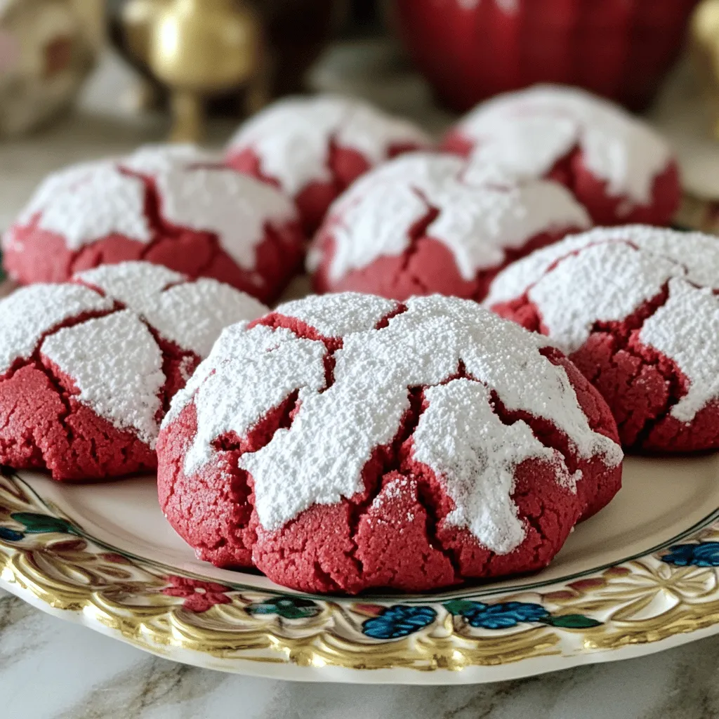 - 2 cups all-purpose flour - 1 tablespoon unsweetened cocoa powder - 1 teaspoon baking powder - 1/2 teaspoon baking soda - 1/2 teaspoon salt - 1/2 cup unsalted butter, softened - 1 cup granulated sugar - 1 large egg - 1 teaspoon vanilla extract - 1 tablespoon red food coloring - 1/2 cup powdered sugar (for coating) You might want to switch some ingredients. Here are great options: - Gluten-free flour options: You can use a 1:1 gluten-free flour blend. This will keep the cookies soft and chewy. - Vegan butter alternatives: Try using coconut oil or a plant-based butter. These options work well and taste great. - Natural food coloring suggestions: If you prefer, use beet juice or pomegranate juice. These give a nice red hue without any artificial dyes. This list of ingredients sets the stage for making red velvet crinkle cookies. Each item plays a key role in creating the right flavor and texture. You can easily modify the recipe to fit your needs. 1. Preheat the oven and prep the baking sheet: Start by preheating your oven to 350°F (175°C). Line a baking sheet with parchment paper. This helps the cookies not stick and makes cleanup easy. 2. Whisking the dry ingredients: In a medium bowl, whisk together 2 cups of all-purpose flour, 1 tablespoon of unsweetened cocoa powder, 1 teaspoon of baking powder, 1/2 teaspoon of baking soda, and 1/2 teaspoon of salt. Make sure it’s well mixed. This blend gives the cookies their structure and flavor. 1. Creaming butter and sugar: In a large bowl, use a mixer to cream 1/2 cup of softened unsalted butter and 1 cup of granulated sugar. Mix until the mixture is light and fluffy, about 3-5 minutes. This step adds air, making cookies soft. 2. Combining wet and dry ingredients: Add 1 large egg, 1 teaspoon of vanilla extract, and 1 tablespoon of red food coloring to the butter and sugar mix. Stir until it’s well blended. Gradually add the dry ingredients, mixing until just combined. The dough should be thick and a bit sticky. 1. Chilling the dough: Chill the dough in the refrigerator for about 30 minutes. This helps it firm up, making it easier to roll. 2. Rolling and coating the cookie balls: Once chilled, scoop out a tablespoon of dough. Roll it into a ball, then roll it in 1/2 cup of powdered sugar until fully coated. This sugar will create that crinkle effect as they bake. 1. Timing and technique for perfect chewy centers: Place the coated dough balls on the prepared baking sheet, spacing them about 2 inches apart. Bake for 10-12 minutes. The edges should be set, but the centers need to be soft. After baking, let them cool on the sheet for 5 minutes before moving to a wire rack. This helps keep them chewy. To get the perfect texture in your Red Velvet Crinkle Cookies, focus on a few key steps. First, cream the butter and sugar well. This makes your cookies light and fluffy. Mix for three to five minutes until it looks pale and fluffy. Second, do not overmix the dough after adding the dry ingredients. Just stir until combined. This keeps the cookies soft and chewy. Chilling the dough is very important. After mixing, place the dough in the fridge for about thirty minutes. Chilling makes the dough easier to handle and helps the cookies keep their shape. It also enhances the flavors. When serving your cookies, presentation matters. Arrange the cookies on a nice plate. You could dust them lightly with extra powdered sugar for a beautiful look. For a classic touch, serve them with a tall glass of cold milk. The creaminess of the milk pairs perfectly with the rich flavor of the cookies. One common mistake is overmixing the batter. This can make the cookies tough. Mix just until combined to keep them soft. Another mistake is skipping the chilling step. If you don’t chill the dough, your cookies may spread too much while baking. Always remember to chill your dough for the best results. {{image_2}} You can make red velvet crinkle cookies even more fun. Try adding chocolate chips for a rich twist. The chips melt and create gooey pockets of chocolate. You can also mix in nuts or dried fruits. Walnuts add crunch, while dried cherries bring a sweet touch. These changes create new flavors and textures. Experiment to find your favorite combo! Decorating your cookies can make them stand out. For holidays, use themed sprinkles or edible glitter. Red and green sprinkles for Christmas look festive. You can also try unique icing options. A cream cheese glaze adds a tangy flavor. You can use a piping bag to create fun designs. Personalizing your cookies makes them even more special! You can enjoy these cookies even if you have dietary needs. For gluten-free crinkle cookies, swap all-purpose flour for a gluten-free blend. Look for blends that work in baking, and they will hold up well. If you’re vegan, use a plant-based butter and a flax egg. Just mix one tablespoon of flaxseed with three tablespoons of water and let it sit. These swaps keep the taste and texture delicious! To keep your Red Velvet Crinkle Cookies fresh, use airtight containers. Glass jars work great, but plastic containers also do the job. For short-term storage, keep them at room temperature. They stay soft and tasty for about three days. For long-term storage, place them in the fridge. This helps them last for up to a week. You can freeze the cookie dough for later use. First, scoop the dough into balls and roll them in powdered sugar. Place the balls on a baking sheet and freeze them until firm. Then, transfer the frozen dough into a zip-top bag. When you're ready to bake, pull out the dough. You can bake them straight from the freezer. Just add a minute or two to the baking time. These cookies are best when fresh, but they last a while! If stored properly, they stay good for about a week at room temperature. In the fridge, they can last up to two weeks. If you freeze them, they can last up to three months. Always check for any signs of spoilage before eating. Enjoy your delicious treats! To stop your cookies from spreading, chill the dough before baking. A colder dough holds its shape better. Also, use parchment paper on your baking sheet. This helps create a non-stick surface. Finally, do not overmix the dough. Overmixing can add air and make cookies spread. Yes, you can use cake flour. Cake flour has less protein. This makes cookies softer and lighter. Keep in mind, your cookies may not rise as much. If you choose cake flour, use the same amount as all-purpose flour. Check the edges of your cookies. They should look set and slightly firm. The centers might seem soft and puffy. This is normal. The cookies will firm up as they cool. Aim for 10-12 minutes in the oven for the best results. Absolutely! You can add more cocoa powder. Just remember to adjust the flour. If you add an extra tablespoon of cocoa, add a tablespoon less of flour. This way, the dough stays balanced. Enjoy the richer chocolate flavor in your cookies! We covered red velvet crinkle cookies, their key ingredients, and step-by-step instructions to bake them. We discussed tips, variations, and storage methods that keep them fresh. Remember the importance of chilling the dough for the best texture. Explore flavors and themes to make them your own. This recipe and its insights open up a world of tasty fun. Enjoy baking and sharing your delicious creations!