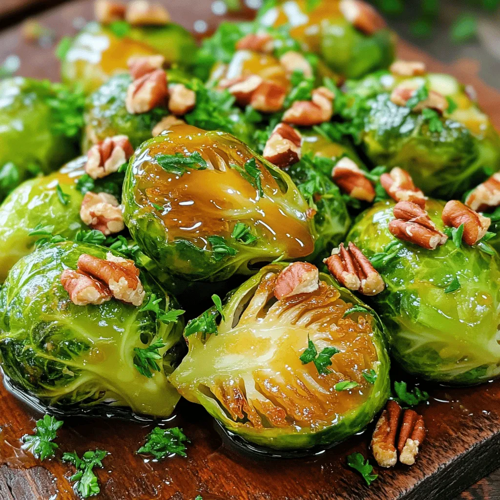 To make these tasty Brussels sprouts, you need: - 1 lb Brussels sprouts, trimmed and halved - 3 tablespoons olive oil - 2 tablespoons pure maple syrup - 1 tablespoon Dijon mustard - 1 teaspoon garlic powder - Salt and black pepper to taste - 1 tablespoon balsamic vinegar These main ingredients blend sweet and savory flavors perfectly. The Brussels sprouts offer a nice crunch, while the maple syrup adds sweetness. Dijon mustard gives a tangy kick that balances the dish. You can add a few optional ingredients to enhance your sprouts: - 1/4 cup pecans, chopped Adding pecans gives a nice crunch and a rich flavor. You can also experiment with other nuts or seeds if you like. For a fresh touch, consider this garnish: - 1 tablespoon fresh parsley, chopped Chopped parsley adds color and brightness to your dish. It makes your roasted Brussels sprouts look even more inviting. Start by trimming the Brussels sprouts. Cut off the tough ends and slice them in half. This helps them cook evenly. Rinse them under cold water to remove any dirt. Pat them dry with a clean towel. Dry sprouts roast better and get crispier. In a large bowl, mix together olive oil, maple syrup, and Dijon mustard. Add garlic powder, salt, and black pepper. Pour in balsamic vinegar for extra flavor. Whisk all the ingredients until smooth. This dressing adds a sweet and tangy taste to the sprouts. Preheat your oven to 400°F (200°C). Line a baking sheet with parchment paper for easy cleanup. Spread the Brussels sprouts cut side down on the sheet. This helps them caramelize nicely. Roast them for 20-25 minutes until golden brown and tender. Stir them halfway through for even cooking. If you want, add chopped pecans in the last five minutes for a crunchy bite. After roasting, let them cool for a minute, then taste and adjust the seasoning. Serve with fresh parsley on top for a beautiful finish. To get perfectly roasted Brussels sprouts, start with fresh ones. Look for bright green sprouts with no brown spots. Trim the stems and cut them in half. This helps them cook evenly. Toss them in the maple Dijon dressing well. Spread them out on the baking sheet with the cut side down. This allows them to caramelize nicely. Roast them at 400°F for 20 to 25 minutes. Stir halfway through for even cooking. When they turn golden brown, they are ready. You can adjust the sweetness and tanginess in this recipe easily. If you like it sweeter, add more maple syrup. Start with one extra tablespoon at a time. For more tang, add a tiny bit more Dijon mustard. A dash of balsamic vinegar can also boost the flavor. Taste the dressing before adding it to the sprouts. This way, you can find the perfect balance for your taste. If you want to make these Brussels sprouts ahead of time, you can! Prepare the dressing and coat the sprouts. Store them in the fridge for up to 24 hours. When you are ready to cook, spread them on the baking sheet and roast. This saves time on busy nights. You can also roast them and reheat later. Just keep them in an airtight container in the fridge. {{image_2}} To make this dish vegan, swap the honey for more maple syrup. You can also skip the pecans if you want a nut-free option. The main flavors stay rich and sweet without the honey. You can enjoy the same great taste while keeping it plant-based. You can mix in other veggies for more color and taste. Try carrots or sweet potatoes for added sweetness. Cauliflower works well too and gives a nice texture. Just cut them into similar sizes as the Brussels sprouts. This way, all the veggies cook evenly. To spice things up, add red pepper flakes for heat. You can also use smoked paprika for a warm flavor. If you like herbs, add thyme or rosemary before roasting. These changes can make each batch unique and exciting! After you enjoy your Maple Dijon roasted Brussels sprouts, let them cool first. Place the leftovers in an airtight container. You can keep them in the fridge for up to three days. This way, they stay fresh and tasty for your next meal. When you want to reheat your Brussels sprouts, the oven is best. Preheat your oven to 350°F (175°C). Spread the sprouts on a baking sheet and heat for about 10 to 15 minutes. This keeps them crispy. You can also use the microwave. Just heat them in short bursts, stirring in between. If you want to freeze the sprouts, make sure they are cool first. Place them in a freezer-safe bag or container. Remove as much air as you can to avoid freezer burn. They will last for about three months in the freezer. To eat them, thaw in the fridge overnight and reheat as needed. Yes, you can use frozen Brussels sprouts. However, they may not roast as well. Frozen sprouts often contain more water. This can make them soggy instead of crispy. If you use frozen, thaw them first. Pat them dry to remove excess moisture. Then, follow the recipe as usual. The flavor will still be good, but the texture may change. If you don’t have Dijon mustard, there are good substitutes. You can use yellow mustard for a milder taste. Another option is whole grain mustard for a nuttier flavor. If you want a kick, try spicy brown mustard. Each option will change the dish slightly, but it will still be tasty. Just remember to adjust the amount to your liking. Yes, these Brussels sprouts are healthy! They are packed with vitamins, fiber, and antioxidants. The olive oil adds healthy fats, and the maple syrup is a natural sweetener. Using fresh ingredients makes them even better. Eating Brussels sprouts can support heart health and reduce inflammation. Enjoying this dish can be a tasty way to add veggies to your diet! In this post, we explored how to make Maple Dijon Roasted Brussels Sprouts. We covered key ingredients, preparation steps, and roasting tips to enhance flavor. You learned how to customize your dish with optional ingredients and variations. We also discussed storage and frequently asked questions to help you. Enjoy making this dish your own. Remember, cooking is all about fun and creativity!