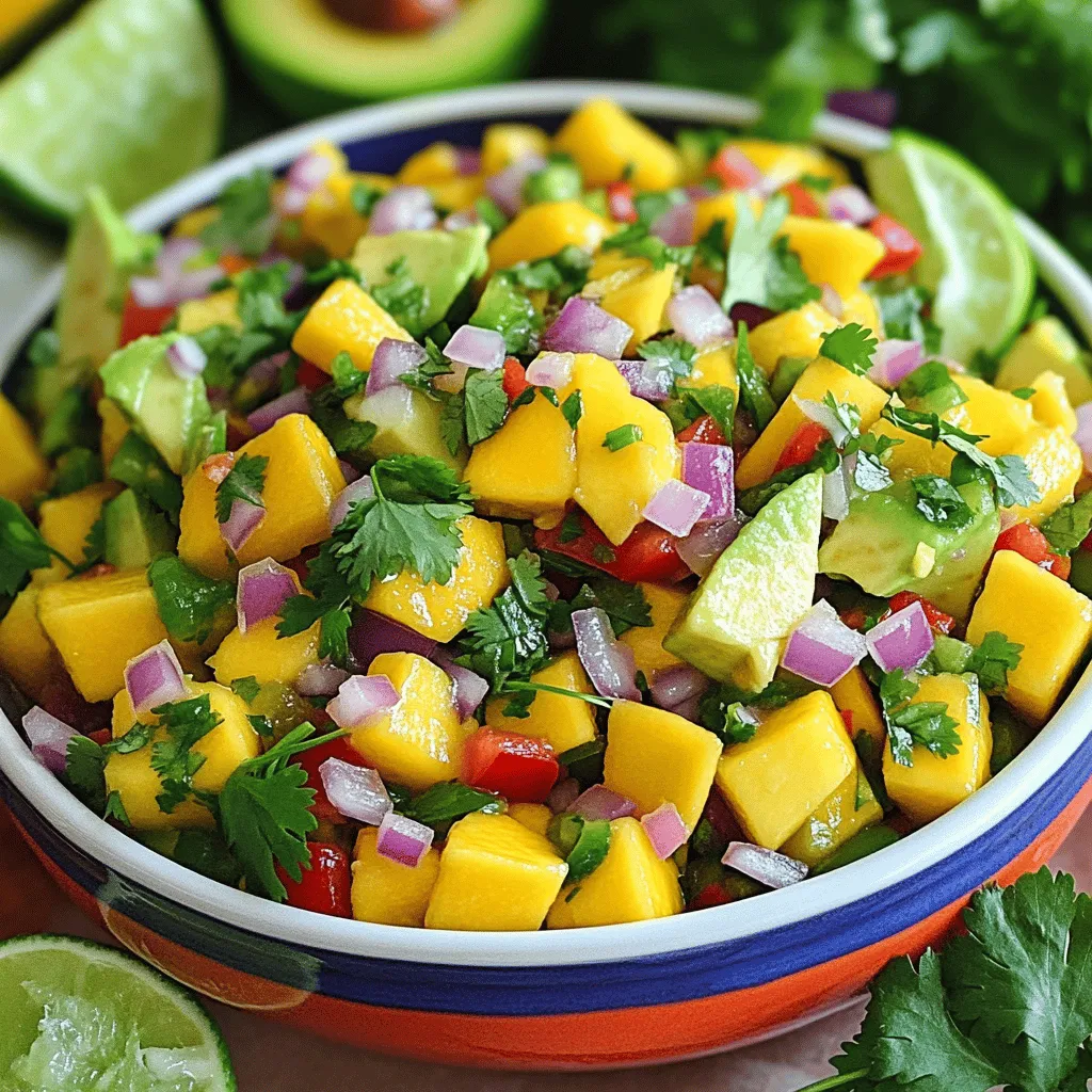 To create the vibrant and fresh Mango Avocado Salsa, you need simple, fresh ingredients. Here’s a list to get you started: - 1 ripe mango, diced - 2 ripe avocados, diced - 1 small red onion, finely chopped - 1 red bell pepper, diced - 1 jalapeño, deseeded and minced - 1/4 cup fresh cilantro, chopped - Juice of 2 limes - 1 tablespoon olive oil - Salt and pepper to taste These ingredients blend together to create a colorful and tasty salsa. Each one adds its own unique flavor. The mango gives sweetness, while the jalapeño adds a spicy kick. The avocado adds creaminess, and the lime juice brightens the whole dish. Make sure to pick ripe mangoes and avocados. Ripe fruit has the best taste and texture. This salsa is perfect for parties, tacos, or just snacking. It’s quick to make, too! You can whip it up in just 15 minutes. First, we need to prepare our fresh ingredients. - Dicing the mango and avocados: Take your ripe mango and cut it into small cubes. Use a sharp knife to make slices, then scoop the flesh out. For the avocados, cut them in half, remove the pit, and scoop the flesh out. Dice the avocado just like the mango. - Chopping the onion and bell pepper: Next, take the small red onion. Peel it, then chop it finely. This will add a nice kick to the salsa. For the red bell pepper, remove the seeds and dice it into small pieces. - Minced jalapeño and cilantro preparation: If you like spice, take one jalapeño. Cut it in half, remove the seeds, and mince it finely. This will give the salsa a nice heat. Now, chop about 1/4 cup of fresh cilantro. This adds a fresh taste. Now, let’s mix everything together. - Combining ingredients in a large mixing bowl: In a large bowl, combine the diced mango, diced avocados, chopped onion, diced bell pepper, minced jalapeño, and chopped cilantro. This mix will be colorful and full of flavor. - Preparing lime and olive oil dressing: In a small bowl, take the juice of two limes. Add one tablespoon of olive oil. Whisk these together until they mix well. This dressing will bring all the flavors together. - Tossing and seasoning the salsa: Pour the lime and olive oil dressing over the ingredients in the large bowl. Gently toss everything together. Be careful not to mash the avocados. Finally, season with salt and pepper to taste. Give it one last gentle mix. Let the salsa sit for about 10-15 minutes. This time allows the flavors to meld and get even tastier! To make great mango avocado salsa, start with ripe mangoes and avocados. Look for mangoes that feel slightly soft when you press them. For avocados, they should yield to gentle pressure. If they feel too soft, they might be overripe. When cutting mangoes, slice down along the pit. Make crosshatch cuts in the flesh, then scoop it out with a spoon. For avocados, cut them in half, twist to separate, and remove the pit carefully. Use a spoon to scoop out the green flesh. Dice the fruit into small pieces for the best texture. You can boost the salsa's flavor with extra ingredients. Adding minced garlic gives a nice kick. A splash of mango juice can enhance the sweetness. If you like heat, consider adding more jalapeño or even some cayenne pepper. Adjust the spice level based on your taste. Start with a little jalapeño, then add more if you want it spicier. Remember, you can always add, but it’s hard to take away! {{image_2}} You can mix things up with different fruits. Adding pineapple gives a sweet twist. Pineapple pairs well with mango. You can also use kiwi for a fun flavor. Kiwi adds a unique tartness that brightens the salsa. Tomatoes are another great addition. They bring a classic salsa taste. Diced tomatoes balance the sweetness of the mango and avocado. This mix creates a more traditional salsa flavor. Experimenting with fruit helps you find your favorite taste. Try different combinations to suit your mood or meal. This salsa is easy to modify for diets. You can make it vegan by skipping the olive oil. Instead, try using avocado oil or just lime juice. Both will keep the vibrant flavor. It’s also gluten-free, so everyone can enjoy it. If you want a low-fat version, reduce the oil. You can use just a teaspoon instead of a tablespoon. This still keeps the freshness while cutting calories. These modifications help you enjoy the salsa no matter your dietary needs. Enjoy making it fit your lifestyle! To store leftovers in the refrigerator, use a tight container. Place the salsa in a bowl and cover it with plastic wrap. This helps keep air out and slows browning. You can store it for up to two days. To keep the salsa fresh and vibrant, add lime juice before storing. The acid in the lime slows down oxidation. You can also press a piece of plastic wrap directly onto the surface of the salsa. This limits exposure to air and helps maintain its color. Can you freeze Mango Avocado Salsa? Yes, you can freeze it, but keep in mind that the texture may change. The avocados can get mushy when thawed. To freeze, place the salsa in a freezer-safe bag. Remove as much air as possible before sealing. For proper thawing techniques, move the salsa from the freezer to the fridge. Let it thaw overnight. Once thawed, stir the salsa gently to mix it well. You may want to add fresh lime juice to bring back some flavor. Mango Avocado Salsa lasts about 2 to 3 days in the fridge. To keep it fresh, store it in an airtight container. This reduces air exposure. If you see browning on the avocados, it’s still safe to eat. Just mix it well again. Yes, you can make Mango Avocado Salsa ahead of time. I recommend preparing it no more than a day in advance. This helps keep the avocados green and fresh. If you make it too early, the avocados may brown. To prevent this, add lime juice right before serving. Mango Avocado Salsa pairs well with many dishes. You can serve it with tortilla chips for a tasty snack. It also works great on tacos, grilled chicken, or fish. Try it as a topping for quesadillas or salads too. The bright flavors add a fun twist to any meal! Mango Avocado Salsa is fresh, simple, and tasty. We covered all key steps, from selecting ripe ingredients to mixing them perfectly. Remember to store leftovers properly and consider variations to match your taste. This salsa is great with many meals or as a snack. Enjoy making it your own!