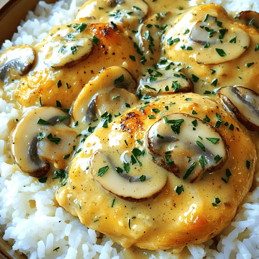 - 4 chicken breasts, boneless and skinless - 2 cups mushrooms, sliced (button or cremini) - 1 cup heavy cream - 1 cup chicken broth - 2 tablespoons olive oil - 1 large onion, finely chopped - 3 cloves garlic, minced - 2 teaspoons fresh thyme leaves (or 1 teaspoon dried thyme) - Salt and pepper to taste - 1 tablespoon butter - Fresh parsley, chopped (for garnish) - Large skillet - Cutting board - Sharp knife - Measuring cups - Wooden spoon For the best flavor, choose fresh chicken breasts. Look for meat that is pink and firm. Select mushrooms that are smooth and dry. Avoid any that seem slimy or discolored. When buying herbs, fresh thyme is best for this dish. If using dried thyme, use less as the flavor is stronger. Pick high-quality heavy cream for a rich sauce. Always check the expiration dates for freshness. First, take the chicken breasts out of the package. Pat them dry with a paper towel. Next, season both sides with salt and pepper. This helps add flavor. Now, grab a large skillet and heat olive oil over medium-high heat. Once hot, add the chicken breasts. Sear them for about 6-7 minutes on each side. You want them golden brown and fully cooked. When done, remove the chicken from the skillet and set it aside. In the same skillet, add the finely chopped onion and minced garlic. Sauté for about 3 minutes until the onion turns translucent. Then, toss in the sliced mushrooms. Cook for about 4-5 minutes until they are soft and golden brown. Next, pour in the chicken broth. Bring it to a simmer and let it reduce for about 3 minutes. This step builds great flavor. After that, add the heavy cream and thyme. Stir everything together to combine well. Finally, return the chicken to the skillet. Let it simmer on low heat for another 5 minutes. This allows the flavors to mix. If needed, adjust the seasoning with salt and pepper. For a richer taste, stir in butter until it melts. Enjoy this creamy mushroom thyme chicken with rice or pasta! To boost the flavor of your creamy mushroom thyme chicken, use fresh herbs. Fresh thyme gives a bright taste that dried thyme cannot match. You can also add a splash of white wine after sautéing the mushrooms for depth. If you like a hint of sweetness, try adding a bit of balsamic vinegar. This will balance the rich creaminess. Don't rush the searing process. It helps create a nice crust and adds flavor. If you overcrowd the pan, the chicken will steam instead of brown. Always season both sides of the chicken well. Under-seasoning can dull the dish's taste. Lastly, avoid boiling the sauce too hard. Gentle simmering is best for a smooth texture. Use a large skillet for even cooking. This allows space for the chicken to brown nicely. When cooking the mushrooms, stir them less frequently. Letting them sit helps them develop a rich color and flavor. For the sauce, let it reduce on low heat. This thickens it while concentrating its flavors. Always taste the sauce before serving. Adjust the seasoning to suit your palate. {{image_2}} You can use many types of mushrooms in this dish. Button mushrooms are common, but cremini brings a richer taste. Shiitake mushrooms add a unique flavor, while portobello gives a hearty bite. For a wild touch, try chanterelles or morels. Each choice changes the taste, so feel free to mix! If you want to switch proteins, turkey works well. Use turkey cutlets, and follow the same steps. Tofu is a great option for a plant-based meal. Firm tofu absorbs flavors and adds protein. Just press it to remove excess water before cooking. These swaps keep the dish tasty and versatile. You can change the sauce for different tastes. Try adding a splash of white wine for a tangy kick. A sprinkle of Parmesan cheese gives a creamy touch, too. For spice, add red pepper flakes or a dash of Dijon mustard. Fresh herbs like basil or oregano can brighten the flavors. Experiment with these ideas to find your favorite version! You can store leftovers in an airtight container. Place the chicken and sauce together. Let it cool first. Refrigerate for up to three days. When you're ready to eat, just reheat it. To freeze, use a freezer-safe container. Make sure to leave some space for expansion. It can last for up to three months. To enjoy later, thaw it overnight in the fridge. This keeps the flavors fresh. Reheat on the stove for the best results. Use low heat to warm it slowly. Stir it often to prevent sticking. You can also use the microwave. Heat in short bursts and stir in between. Make sure it’s hot all the way through before serving. To thicken the sauce, you can use a few methods. First, let it simmer longer. This reduces the liquid and thickens the sauce. Second, you can mix a tablespoon of cornstarch with cold water. Stir this mix into the sauce while it simmers. It will thicken quickly. Lastly, adding more heavy cream creates a richer texture. Yes, you can use dried thyme. Use one teaspoon of dried thyme for every two teaspoons of fresh thyme. Dried herbs are more potent, so adjust to your taste. Fresh thyme adds a bright flavor, while dried thyme provides depth. Both options work well in this creamy dish. Serve this dish with a variety of sides. Here are some tasty options: - Rice or pasta to soak up the sauce - Mashed potatoes for a comforting touch - Steamed vegetables for a fresh crunch - A side salad for added greens These pairings enhance the meal and make it well-rounded. This blog post covered all you need to make a great creamy mushroom chicken. We went over the ingredients and tools you need to start cooking. I shared step-by-step instructions to prepare, sear, and sauce your dish perfectly. The tips I provided help avoid common mistakes and enhance flavors. You can also explore different ingredient variations and find the best way to store your leftovers. Remember, cooking is fun, so don’t hesitate to try new ideas and enjoy every bite!