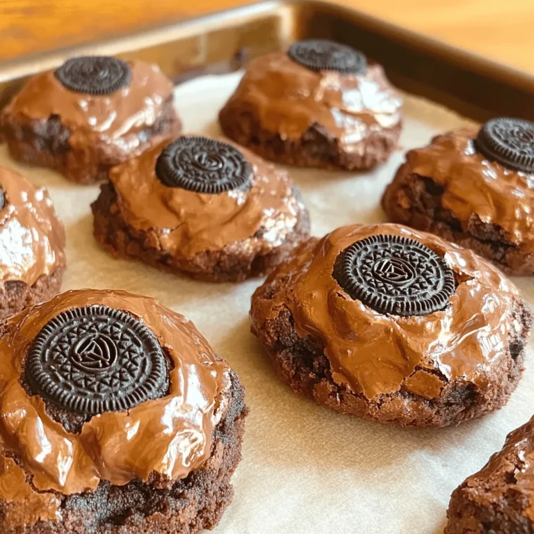 - 1 cup unsalted butter, melted - 1 cup granulated sugar - 1/2 cup packed brown sugar - 2 large eggs - 1 teaspoon vanilla extract - 1 cup all-purpose flour - 1/2 cup unsweetened cocoa powder - 1/2 teaspoon baking soda - 1/4 teaspoon salt - 16 Oreos When you make Oreo stuffed brownie cookies, you need simple ingredients. Start with unsalted butter, which gives a rich flavor. You also need both granulated and brown sugar. The brown sugar adds moisture and a hint of caramel. Next, eggs help bind the dough together, making it soft. The vanilla extract adds warmth and depth. Here, all-purpose flour forms the base of the cookies. Cocoa powder gives the cookies that chocolaty taste we crave. Adding baking soda helps the cookies rise and stay soft. A pinch of salt balances the sweetness. Finally, the star of the show—Oreos! They bring a fun crunch and creamy surprise. Gather these items before you start. Having everything ready makes baking easier and more fun! 1. Preheat the oven and prepare baking sheets: Set your oven to 350°F (175°C). Line your baking sheet with parchment paper. This helps the cookies not stick. 2. Mix wet ingredients: In a large bowl, combine 1 cup of melted unsalted butter, 1 cup of granulated sugar, and 1/2 cup of brown sugar. Stir until smooth and creamy. 3. Combine dry ingredients: In another bowl, whisk together 1 cup of all-purpose flour, 1/2 cup of cocoa powder, 1/2 teaspoon of baking soda, and 1/4 teaspoon of salt. This mix gives the cookies their rich flavor. 1. Form the brownie dough and add Oreos: Take a tablespoon of brownie dough and flatten it in your palm. Place one Oreo in the center. 2. Ensure that Oreos are fully encased: Cover the Oreo with another small portion of dough. Pinch the edges to seal it well. This keeps the Oreo hidden inside. 1. Place cookies on the baking sheet: Arrange the stuffed cookies on the baking sheet. Make sure to leave about 2 inches between each cookie. 2. Baking time and tips for doneness: Bake for 10-12 minutes. The edges should be set, but the centers can still be soft. This gives you that chewy texture. Let them cool for a few minutes before moving to a wire rack. To make the best Oreo stuffed brownie cookies, follow these simple tips. - Avoid overmixing the dough: Mix just until you no longer see flour. Overmixing can make cookies tough. You want them soft and chewy. - Tips for creating a soft center: Bake your cookies for only 10-12 minutes. The edges should be firm, but the center needs to stay soft. This gives you that gooey, delicious inside. Now, let’s talk about how to serve these treats. - Recommended accompaniments: Nothing pairs better with these cookies than a cold glass of milk. You could also serve them warm on top of a scoop of vanilla ice cream. The contrast of warm and cold is heavenly! - Presentation tips for serving: For a lovely display, stack a few cookies on a plate. You can drizzle some chocolate sauce or sprinkle powdered sugar on top. This adds a nice touch and makes your cookies look extra special. {{image_2}} You can change the taste of your Oreo stuffed brownie cookies easily. Try using different types of Oreos. Mint Oreos add a cool twist. Use peanut butter Oreos for a rich flavor. Double-stuffed Oreos give you extra creaminess. The choice is yours! You can also mix in nuts or chocolate chips into the brownie batter. Chopped walnuts or pecans add crunch. Dark chocolate chips provide a richer taste. Both options elevate your cookie experience. If you want a vegan version, you can swap the eggs with flaxseed meal. Mix 1 tablespoon of flaxseed meal with 2.5 tablespoons of water. Let it sit for about 5 minutes to thicken. This will act as your egg substitute. For a gluten-free version, use a gluten-free flour blend instead of all-purpose flour. This change will help you enjoy these cookies without gluten. Just make sure your Oreos are also gluten-free, as some brands may contain gluten. To keep your Oreo stuffed brownie cookies fresh, store them in an airtight container. This helps prevent them from drying out. Place a piece of bread in the container to keep them soft. These cookies will stay fresh for about one week at room temperature. You can freeze both uncooked and baked cookies. - For uncooked cookies: Scoop the dough into balls and place them on a baking sheet. Freeze until solid, then transfer to a zip-top bag. They will last for up to three months. When ready to bake, just add a couple of extra minutes to the baking time. - For baked cookies: Let them cool completely, then layer them between sheets of parchment paper in an airtight container. They can be frozen for up to three months. To eat, just thaw them at room temperature or warm them in the oven for a few minutes. Enjoy your delicious treats anytime! What can I substitute for eggs in this recipe? If you want to skip eggs, use applesauce or mashed banana. You can also use flaxseed meal. Mix one tablespoon of flaxseed with three tablespoons of water. Let it sit for five minutes. This mix works well in cookies. Can I make these cookies ahead of time? Yes, you can! Make the dough and chill it in the fridge. You can store it for up to three days. When you're ready to bake, scoop and bake as normal. This saves time on busy days. How do I know when the cookies are done baking? Look for set edges and soft centers. The cookies should not look too shiny. If you gently press the edge, it should hold its shape. Remember, they’ll continue to firm up as they cool. This blog post covered how to make tasty Oreo stuffed brownie cookies. We shared important ingredients, step-by-step instructions, and baking tips. I offered ideas for serving and variations to try. You can even adapt the recipe to fit your diet. Storing tips help keep your cookies fresh. Overall, making these cookies can be fun and easy. Enjoy creating your own batch and sharing them with friends. Happy baking!