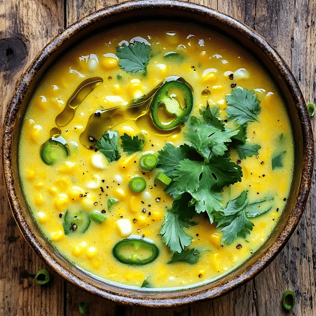 - 4 cups fresh or frozen sweet corn kernels - 1 medium onion, finely chopped - 2 cloves garlic, minced - 2 medium potatoes, peeled and diced - 1-2 jalapeños, finely chopped (seeds removed for less heat) - 4 cups vegetable broth - 1 cup heavy cream - 1 cup sharp cheddar cheese, shredded - 2 tablespoons olive oil - 1 teaspoon paprika - Salt and pepper to taste - Fresh cilantro or green onions for garnish Gathering the right ingredients makes cooking easy. For this chowder, I love using fresh or frozen corn. It adds sweetness and texture to each bite. A medium onion and two cloves of garlic bring warmth and depth. The two medium potatoes give the chowder a creamy feel. Jalapeños add a kick of heat. You can adjust the spice by removing the seeds. For the base, I use four cups of vegetable broth. It keeps the dish light yet flavorful. Heavy cream gives it that rich, velvety texture. Sharp cheddar cheese melts in and adds a nice flavor. Paprika and salt enhance the taste, while fresh cilantro or green onions make a vibrant garnish. When you have all these ingredients ready, you can create a bowl of joy that warms the soul. Making Jalapeño Cheddar Corn Chowder is easy and fun. You will first sauté onions and garlic. Then, you will add potatoes and corn. Finally, you will blend the chowder for a creamy finish. - How to sauté onions and garlic Start by heating olive oil in a large pot over medium heat. Add the chopped onion. Sauté for about 5 minutes, until it turns translucent. Next, stir in minced garlic and chopped jalapeños. Sauté for 2 more minutes. The smell will be amazing! - Adding and cooking potatoes and corn Now, add the diced potatoes and corn to the pot. Pour in the vegetable broth. Bring the mixture to a boil. Once it boils, reduce the heat to low. Let it simmer for 15 to 20 minutes. The potatoes should be tender when done. - Blending techniques for desired consistency For a creamy texture, use an immersion blender. Blend about half of the chowder. This keeps some corn whole for texture. If you don’t have an immersion blender, transfer half to a regular blender. Blend it, then return it to the pot. This method gives you a nice mix of creamy and chunky chowder. Enjoy your cooking journey! To make your chowder creamy, blend half of it. This gives you a nice texture. Use an immersion blender for ease. If you don't have one, transfer half to a regular blender. Just remember to return it to the pot after blending. When it comes to spice, jalapeños can pack a punch. For less heat, remove the seeds. If you want more kick, add more jalapeños or use a hotter variety. Always taste as you go. Want a dairy-free version? Swap heavy cream with coconut milk or a nut milk. Use a dairy-free cheese to keep it tasty. If gluten is a concern, use gluten-free broth. You can also thicken the chowder with cornstarch mixed with water instead of flour. This chowder pairs well with crusty bread. Serve it with homemade cornbread for a treat. For garnishing, sprinkle fresh cilantro or sliced green onions on top. A drizzle of olive oil adds richness and looks lovely. Enjoy your chowder warm for the best experience! {{image_2}} You can easily change the flavor of your chowder. One great way is to add cooked bacon or ham. It gives a nice smoky taste. Just chop it up and stir it in during the cooking. This adds depth and richness to your chowder. You can also try different cheeses. Instead of sharp cheddar, use gouda or pepper jack. Each cheese brings a unique flavor. You may even mix cheeses for a fun twist. Experiment and find your favorite blend. Want more heat? You can adjust the spice levels. Start with one jalapeño and taste your chowder. If you crave more spice, add another jalapeño. You can also remove the seeds for less heat. Another option is to use chipotle peppers. Chipotle adds a smoky flavor and a different heat. You can use canned chipotle in adobo sauce for ease. Just chop it up and stir it in. Using seasonal vegetables can make your chowder special. In summer, add fresh zucchini or bell peppers. In autumn, try pumpkin or butternut squash. These veggies will change the texture and flavor. You can also swap out corn for other seasonal produce. Sweet peas in spring add color and taste. This keeps the chowder fresh and exciting all year round. You can keep your Jalapeño Cheddar Corn Chowder in the fridge for about 3 to 4 days. Make sure to store it in an airtight container. This helps keep the flavors fresh and prevents any odors from other foods mixing in. To freeze the chowder, let it cool completely first. Pour the chowder into freezer-safe bags or containers. Leave some space at the top for expansion. It can last in the freezer for up to 3 months. When you’re ready to eat, just thaw it overnight in the fridge. For reheating, I recommend using the stove. Pour the chowder into a pot and heat it over low to medium heat. Stir it often to avoid sticking. If it seems too thick, add a splash of vegetable broth or cream. This keeps the chowder creamy and delicious. You can also use a microwave, but stir it halfway through to heat evenly. Can I make this chowder in advance? Yes, you can! Make it a day ahead, then store it in the fridge. The flavors deepen overnight. Just reheat gently on the stove when you're ready to serve. Is it possible to make it vegetarian? Absolutely! Use vegetable broth instead of chicken broth. This chowder is already meat-free, so you’re all set. What is the best way to thicken the chowder? To thicken the chowder, blend part of it using an immersion blender. This keeps some corn whole for texture while making it creamy. You can also add more potatoes for thickness. How to remove excess heat if it’s too spicy? If your chowder is too spicy, add more heavy cream or milk to cool it down. You can also stir in some sugar to balance the heat. Adding more corn will help, too! This spicy jalapeño cheddar corn chowder is a hearty dish. It takes 15 minutes to prep and 30 minutes to cook. The total time is 45 minutes. You can serve this recipe to six people. Each bowl is creamy and full of flavor. Here’s a quick look at the nutritional info: - Calories: Approximately 350 per serving - Protein: 10g - Carbohydrates: 40g - Fat: 18g This chowder is a great comfort food. You can enjoy it warm on a chilly day. The flavors blend well, and the jalapeños give it a nice kick. You can make it ahead of time and reheat it. It pairs well with crusty bread or cornbread. Gather your ingredients to get started. You learned how to make a delicious jalapeño cheddar corn chowder. From selecting fresh ingredients to blending for the perfect texture, each step counts. Remember, you can adjust spices and substitute ingredients to suit your taste. You have options for storing and reheating, so enjoy this chowder anytime. Whether you make it spicy or mild, this recipe can bring warmth to your table. Dive into your own kitchen adventure and savor every bowl!