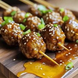 - 1 lb ground chicken or turkey - 1/4 cup breadcrumbs - 1/4 cup grated Parmesan cheese - 1 egg, beaten - 2 green onions, finely chopped - 1/4 cup low sodium soy sauce - 1/4 cup honey - 1 tablespoon sesame oil - 1 tablespoon rice vinegar - 1 teaspoon cornstarch mixed with 1 tablespoon water - 1 tablespoon ginger, grated - 3 cloves garlic, minced - Salt and pepper to taste - Bamboo skewers (soaked in water for 30 minutes) The main ingredients create a juicy and tasty meatball. Ground chicken or turkey is a great base. Adding breadcrumbs keeps it tender. Grated Parmesan adds a nice flavor. The beaten egg helps bind the mix. Finally, green onions give a fresh touch. For the teriyaki sauce, low sodium soy sauce keeps it balanced. Honey adds sweetness. Sesame oil brings a nutty taste. Rice vinegar gives some zing. The cornstarch mixture helps thicken the sauce. In addition, grated ginger adds warmth. Minced garlic gives depth. Salt and pepper round out the flavor. Soaking bamboo skewers prevents burning on the grill. These ingredients create a dish that is savory and satisfying. The flavors blend well, making the skewers a crowd-pleaser. Each bite offers a delightful mix of tastes. The teriyaki glaze adds a glossy finish that is hard to resist. Mixing the ingredients Start with a large bowl. Add 1 pound of ground chicken or turkey. Then, pour in 1/4 cup of breadcrumbs and 1/4 cup of grated Parmesan cheese. Next, crack in 1 beaten egg. Add half of the chopped green onions, 1 tablespoon of grated ginger, and 3 minced garlic cloves. Don’t forget to season with salt and pepper. Mix everything well until it all blends nicely. Forming the meatballs Once mixed, take a small amount of the mixture and roll it into a ball. Aim for about 1 inch in size. Continue forming meatballs until you use all the mixture. After that, thread 3 to 4 meatballs onto each soaked bamboo skewer. This keeps them secure for grilling. Combining sauce ingredients Grab a small saucepan and place it over medium heat. Pour in 1/4 cup of low sodium soy sauce, 1/4 cup of honey, and 1 tablespoon of sesame oil. Add 1 tablespoon of rice vinegar and the rest of the chopped green onions. Stir everything together until combined. Thicken the glaze Let the sauce come to a simmer. Once it starts bubbling, mix 1 teaspoon of cornstarch with 1 tablespoon of water in a small bowl. Add this mixture to the sauce. Stir for about 2 minutes until it thickens. Then, remove the saucepan from the heat. Preheating the grill or grill pan Before grilling, preheat your grill or grill pan to medium heat. This ensures your meatballs will cook evenly. Cooking and glazing the meatballs Place the skewers on the grill. Cook them for about 10 to 12 minutes. Turn them occasionally to ensure they cook evenly. During the last few minutes, brush them with the teriyaki glaze for extra flavor. Once cooked through, remove them from the grill and let them cool slightly before serving. To ensure even cooking, make sure your meatballs are uniform in size. Each meatball should be about 1 inch wide. This helps them cook at the same rate. For optimal grilling temperature, preheat your grill to medium heat. A hot grill helps create a nice sear and locks in flavor. Timing is crucial when applying the glaze. Brush the glaze on the meatballs during the last few minutes of grilling. This helps prevent burning while adding flavor. For extra depth, consider mixing in a pinch of red pepper flakes or a splash of lime juice into the glaze. This can enhance the sweet and savory notes. When serving, lay your skewers on a large platter. A great touch is to garnish with sesame seeds and the remaining green onions. Drizzle extra teriyaki glaze over the skewers for a shiny finish. For a complete meal, serve alongside steamed jasmine rice or a fresh cucumber salad. {{image_2}} You can switch up the meat in your meatball skewers. Ground beef or pork works great. Both add a rich flavor and juicy texture. If you prefer a lighter option, use ground chicken or turkey, as in the original recipe. You can even go meatless! Try using plant-based meat alternatives, like lentils or chickpeas, for a vegetarian twist. Just mash them well and add your spices. Want to change the flavor of your skewers? Add your favorite spices or herbs to the meat mixture. For a kick, try cayenne or smoked paprika. Fresh herbs like basil or cilantro can brighten the dish. You can also play with the teriyaki sauce. Swap soy sauce for tamari for a gluten-free option. You might even try adding a splash of pineapple juice for sweetness. This twist will give your sauce a fun tropical vibe. When it comes to sides, think simple and fresh. Steamed jasmine rice pairs well with these skewers. A crisp cucumber salad adds a nice crunch. You can serve the skewers on a colorful platter, garnished with sesame seeds and extra green onions. For a fun touch, drizzle more teriyaki sauce on top before serving. This makes them even more eye-catching and tasty! To keep your teriyaki glazed meatball skewers fresh, follow these tips: - Refrigeration tips: Place the skewers in an airtight container. Store them in the fridge. They will last for up to three days. - Freezing instructions: If you want to freeze them, wrap each skewer in plastic wrap. Then, place them in a freezer bag. They can stay good for up to three months. When it's time to enjoy your leftovers, reheating them right is key: - Best methods for reheating: The oven works well. Preheat it to 350°F (175°C). Place the skewers on a baking sheet and cover them with foil. Heat for about 10-15 minutes. - Maintaining texture and flavor: You can also use a microwave. Heat on medium power for 1-2 minutes. Be careful not to overcook them, as this can dry them out. You can make teriyaki glazed meatball skewers ahead of time for quick meals: - Preparing in advance: Make the meatballs and glaze the day before. Store them separately in the fridge. This saves time on busy days. - Quick serving options: When you're ready to eat, simply grill or reheat the skewers. You can serve them with rice or salad for a complete meal. Yes, you can use other meats. Ground beef or pork work well. For a lighter option, use ground turkey or chicken. If you want a vegetarian choice, try using lentils or chickpeas. Just adjust cooking times to ensure everything cooks through. To check if the meatballs are done, use a meat thermometer. They should reach 165°F (74°C). If you don't have one, cut a meatball in half. The inside should be no longer pink, and juices should run clear. Yes, you can prepare the teriyaki sauce in advance. Just store it in an airtight container in the fridge. It can last up to a week. Reheat it gently before using. This saves time when you're ready to cook. Great sides include steamed jasmine rice or a fresh cucumber salad. You can also serve with grilled veggies or a simple stir-fried dish. These sides complement the flavors of the skewers well. You learned how to make tasty teriyaki glazed meatball skewers. First, I shared the key ingredients for both the meatballs and the sauce. Then, I gave you step-by-step instructions for preparation, grilling, and glazing. We also covered helpful tips for cooking, presenting, and storing your dish. Remember, you can change up the recipe with different meats or add spices. Enjoy experimenting and savoring each bite. Cooking is fun, so don’t be afraid to get creative!