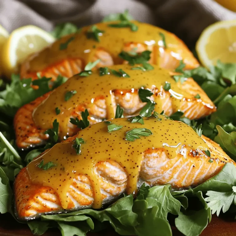 To make Air Fryer Honey Mustard Salmon Fillets, you will need the following ingredients: - 4 salmon fillets - 3 tablespoons honey - 2 tablespoons Dijon mustard - 1 tablespoon olive oil - 2 cloves garlic, minced - 1 teaspoon lemon juice - Salt and pepper to taste - Fresh parsley, chopped (for garnish) These ingredients combine to create a sweet and tangy glaze that perfectly enhances the salmon's rich flavor. Fresh parsley adds a nice touch of color and a hint of herbal freshness. You can find salmon fillets at most grocery stores, and they're great for a healthy meal. Dijon mustard gives the dish its signature taste, while honey balances the flavors with sweetness. Olive oil helps keep the salmon moist during cooking. Minced garlic and lemon juice round out the flavor profile, making the dish truly delightful. Remember, you can adjust the amount of honey and mustard to suit your taste. If you like it sweeter, add more honey. If you prefer a sharper flavor, increase the mustard. Feel free to experiment! Set your air fryer to 390°F (200°C) and let it preheat for 5 minutes. Preheating helps cook the salmon evenly and gives it a nice texture. In a small bowl, whisk together: - 3 tablespoons honey - 2 tablespoons Dijon mustard - 1 tablespoon olive oil - 2 cloves garlic, minced - 1 teaspoon lemon juice Mix until smooth and well combined. This sauce brings both sweet and tangy flavors to the salmon. Take your 4 salmon fillets and season them with salt and pepper. Place them skin-side down on a plate. Brush a good amount of the honey mustard mixture over the top. Make sure to coat them evenly for the best flavor. Place the salmon fillets in the air fryer basket, making sure they do not overlap. This allows hot air to circulate and cook them well. Cook the fillets for 10-12 minutes. Check for doneness by seeing if the salmon flakes easily with a fork. If the fillets are thick, they may need a bit more time. Once cooked, carefully remove the salmon and drizzle any leftover honey mustard sauce over the top. Garnish with chopped fresh parsley for a pop of color. Enjoy your delicious meal! To know if your salmon is done, look for flakiness. Gently poke it with a fork. If it flakes easily, it's ready. The internal temperature should reach 145°F (63°C). Use a meat thermometer for accuracy. This way, you can avoid overcooking and keep it moist. Want to add more flavor? Try these herbs and spices: - Dill - Thyme - Paprika - Black pepper These ingredients can boost your dish. Mix and match to find your favorite combo. A little zest can go a long way! Make your dish look great! Serve the salmon on a bed of mixed greens. You can also pair it with roasted veggies. For a fun touch, drizzle extra honey on top. A squeeze of fresh lemon adds brightness. Finish with chopped parsley for a pop of color. This makes your meal inviting and delicious! {{image_2}} You can change the mustard type for a new taste. Try using honey mustard or whole grain mustard. Each type adds a unique flavor twist. For sweeteners, use maple syrup or agave nectar. They give a different sweetness and texture. You can even switch honey for brown sugar for a caramelized layer. Salmon is great, but you can use other fish too. Trout works well with the honey mustard mix. You can also try tilapia or cod for a lighter meal. Each of these fish cooks well in the air fryer and soaks up flavor nicely. Adjust cooking time based on thickness for best results. Cooking vegetables with your salmon makes a complete meal. Try asparagus or green beans; they crisp up nicely in the air fryer. Broccoli or bell peppers are also great choices. Toss them with olive oil and seasoning before adding them to the air fryer. This way, they cook at the same time as the salmon, making dinner easy and tasty. Store any leftover salmon fillets in an airtight container. You can keep them in the fridge for up to three days. Make sure they cool down before sealing the container. This keeps the fillets fresh and tasty. Try to eat them within this time for the best flavor. To freeze cooked salmon, wrap each fillet tightly in plastic wrap. Place the wrapped salmon in a freezer-safe bag or container. It will stay good for up to three months in the freezer. When ready to eat, thaw it in the fridge overnight for the best results. Reheat the salmon gently to avoid drying it out. You can use the air fryer at 300°F for about 5 minutes. Alternatively, place the salmon in a skillet on low heat with a splash of water. Cover it to keep moisture in. This way, your salmon stays juicy and delicious. Yes, you can use frozen salmon fillets. Just add a few extra minutes to the cooking time. Make sure the fillets are fully thawed for even cooking. If they are still a bit icy, they may not cook well. Honey mustard salmon tastes great with many sides. Here are some ideas: - Steamed broccoli - Roasted asparagus - Mashed potatoes - Rice pilaf - Mixed greens salad These sides balance the flavors of the salmon. To add heat to your honey mustard sauce, try these tips: - Mix in some cayenne pepper. - Add a dash of hot sauce. - Use spicy mustard instead of Dijon. These options give your sauce a nice kick! This blog post taught you how to make honey mustard salmon in an air fryer. We covered ingredients, steps, and helpful tips along the way. Remember, checking doneness is key to perfect salmon. Also, feel free to try different fish or add veggies for variety. Properly store, freeze, and reheat leftovers to enjoy later. With these insights, you can confidently prepare a tasty meal that impresses. Happy cooking and exploring new flavors!