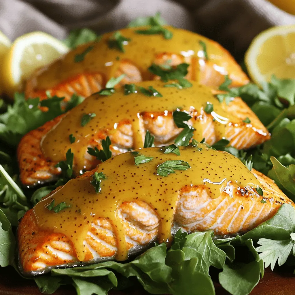 To make Air Fryer Honey Mustard Salmon Fillets, you will need the following ingredients: - 4 salmon fillets - 3 tablespoons honey - 2 tablespoons Dijon mustard - 1 tablespoon olive oil - 2 cloves garlic, minced - 1 teaspoon lemon juice - Salt and pepper to taste - Fresh parsley, chopped (for garnish) These ingredients combine to create a sweet and tangy glaze that perfectly enhances the salmon's rich flavor. Fresh parsley adds a nice touch of color and a hint of herbal freshness. You can find salmon fillets at most grocery stores, and they're great for a healthy meal. Dijon mustard gives the dish its signature taste, while honey balances the flavors with sweetness. Olive oil helps keep the salmon moist during cooking. Minced garlic and lemon juice round out the flavor profile, making the dish truly delightful. Remember, you can adjust the amount of honey and mustard to suit your taste. If you like it sweeter, add more honey. If you prefer a sharper flavor, increase the mustard. Feel free to experiment! Set your air fryer to 390°F (200°C) and let it preheat for 5 minutes. Preheating helps cook the salmon evenly and gives it a nice texture. In a small bowl, whisk together: - 3 tablespoons honey - 2 tablespoons Dijon mustard - 1 tablespoon olive oil - 2 cloves garlic, minced - 1 teaspoon lemon juice Mix until smooth and well combined. This sauce brings both sweet and tangy flavors to the salmon. Take your 4 salmon fillets and season them with salt and pepper. Place them skin-side down on a plate. Brush a good amount of the honey mustard mixture over the top. Make sure to coat them evenly for the best flavor. Place the salmon fillets in the air fryer basket, making sure they do not overlap. This allows hot air to circulate and cook them well. Cook the fillets for 10-12 minutes. Check for doneness by seeing if the salmon flakes easily with a fork. If the fillets are thick, they may need a bit more time. Once cooked, carefully remove the salmon and drizzle any leftover honey mustard sauce over the top. Garnish with chopped fresh parsley for a pop of color. Enjoy your delicious meal! To know if your salmon is done, look for flakiness. Gently poke it with a fork. If it flakes easily, it's ready. The internal temperature should reach 145°F (63°C). Use a meat thermometer for accuracy. This way, you can avoid overcooking and keep it moist. Want to add more flavor? Try these herbs and spices: - Dill - Thyme - Paprika - Black pepper These ingredients can boost your dish. Mix and match to find your favorite combo. A little zest can go a long way! Make your dish look great! Serve the salmon on a bed of mixed greens. You can also pair it with roasted veggies. For a fun touch, drizzle extra honey on top. A squeeze of fresh lemon adds brightness. Finish with chopped parsley for a pop of color. This makes your meal inviting and delicious! {{image_2}} You can change the mustard type for a new taste. Try using honey mustard or whole grain mustard. Each type adds a unique flavor twist. For sweeteners, use maple syrup or agave nectar. They give a different sweetness and texture. You can even switch honey for brown sugar for a caramelized layer. Salmon is great, but you can use other fish too. Trout works well with the honey mustard mix. You can also try tilapia or cod for a lighter meal. Each of these fish cooks well in the air fryer and soaks up flavor nicely. Adjust cooking time based on thickness for best results. Cooking vegetables with your salmon makes a complete meal. Try asparagus or green beans; they crisp up nicely in the air fryer. Broccoli or bell peppers are also great choices. Toss them with olive oil and seasoning before adding them to the air fryer. This way, they cook at the same time as the salmon, making dinner easy and tasty. Store any leftover salmon fillets in an airtight container. You can keep them in the fridge for up to three days. Make sure they cool down before sealing the container. This keeps the fillets fresh and tasty. Try to eat them within this time for the best flavor. To freeze cooked salmon, wrap each fillet tightly in plastic wrap. Place the wrapped salmon in a freezer-safe bag or container. It will stay good for up to three months in the freezer. When ready to eat, thaw it in the fridge overnight for the best results. Reheat the salmon gently to avoid drying it out. You can use the air fryer at 300°F for about 5 minutes. Alternatively, place the salmon in a skillet on low heat with a splash of water. Cover it to keep moisture in. This way, your salmon stays juicy and delicious. Yes, you can use frozen salmon fillets. Just add a few extra minutes to the cooking time. Make sure the fillets are fully thawed for even cooking. If they are still a bit icy, they may not cook well. Honey mustard salmon tastes great with many sides. Here are some ideas: - Steamed broccoli - Roasted asparagus - Mashed potatoes - Rice pilaf - Mixed greens salad These sides balance the flavors of the salmon. To add heat to your honey mustard sauce, try these tips: - Mix in some cayenne pepper. - Add a dash of hot sauce. - Use spicy mustard instead of Dijon. These options give your sauce a nice kick! This blog post taught you how to make honey mustard salmon in an air fryer. We covered ingredients, steps, and helpful tips along the way. Remember, checking doneness is key to perfect salmon. Also, feel free to try different fish or add veggies for variety. Properly store, freeze, and reheat leftovers to enjoy later. With these insights, you can confidently prepare a tasty meal that impresses. Happy cooking and exploring new flavors!