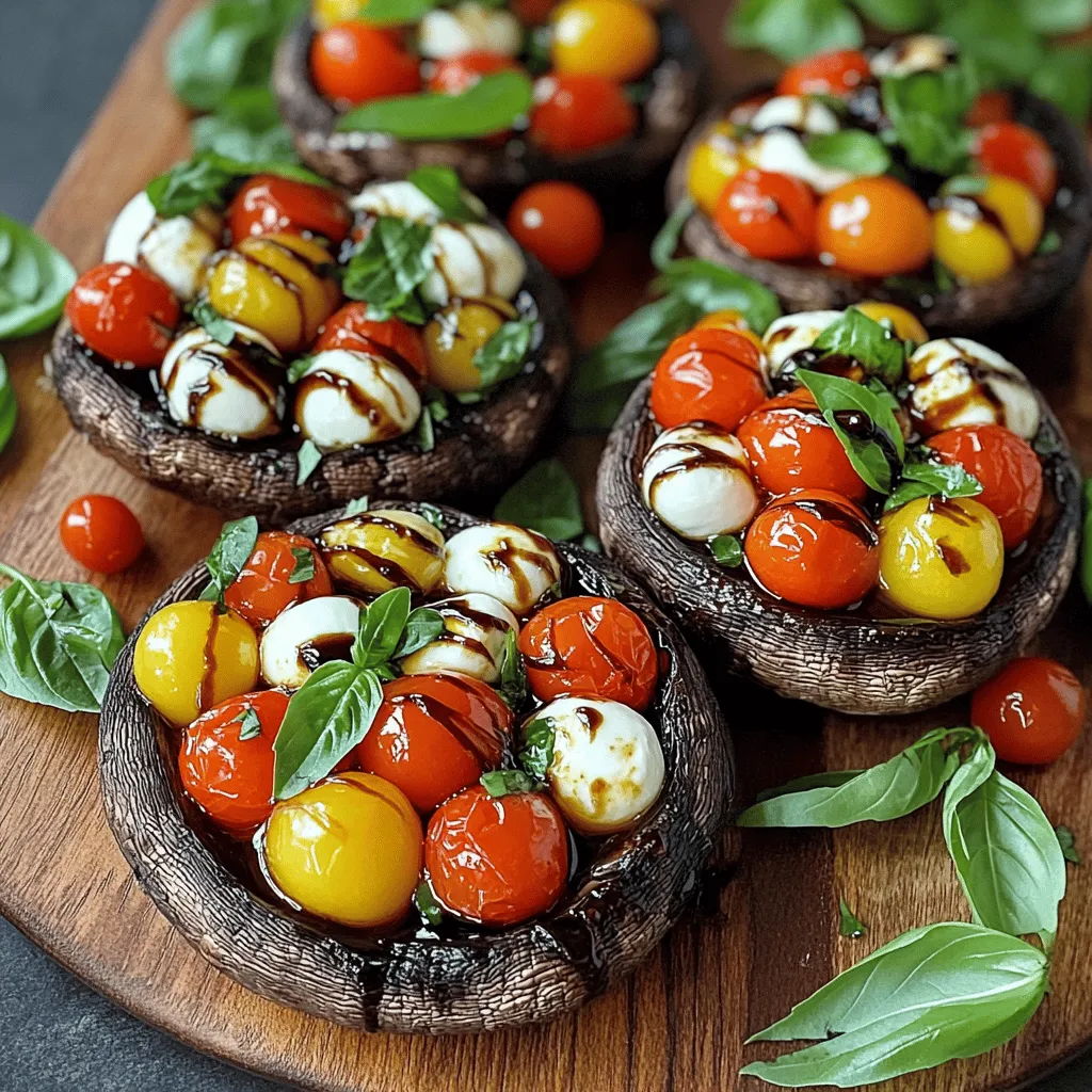 To make these delicious Caprese stuffed portobello mushrooms, gather the following ingredients: - 4 large portobello mushrooms - 1 cup cherry tomatoes, halved - 1 cup fresh mozzarella balls, halved - 1/4 cup fresh basil leaves, chopped - 2 tablespoons balsamic glaze - 2 tablespoons olive oil - Salt and pepper to taste - 1 clove garlic, minced - 1 teaspoon dried oregano When choosing your ingredients, I recommend using high-quality products. For mushrooms, look for firm, fresh portobellos without blemishes. Try brands like Organic Girl for fresh greens and BelGioioso for mozzarella. For balsamic glaze, brands like Colavita offer a rich flavor. Using quality ingredients makes a big difference! For this recipe, fresh ingredients shine. Use fresh basil for its bright flavor. Fresh mozzarella adds creaminess that pairs perfectly with tomatoes. Dried oregano works well here, too. It gives a deep, earthy taste. If you can, always choose fresh when making this dish. It will elevate your meal! First, preheat your oven to 375°F (190°C). This step gets your oven ready for the mushrooms. Next, take four large portobello mushrooms. Clean them gently with a damp paper towel to remove dirt. Make sure they are nice and clean. After that, remove the stems from the mushrooms. This will give you space to fill them with the tasty stuffing. Now, let's make the filling. In a mixing bowl, add one cup of halved cherry tomatoes. Then, add one cup of halved fresh mozzarella balls. The cheese will melt beautifully. Next, chop and add 1/4 cup of fresh basil leaves. This adds fresh flavor. Then, include one clove of minced garlic and one teaspoon of dried oregano. Add one tablespoon of olive oil, and sprinkle in some salt and pepper to taste. Mix everything well until it’s combined. You want all the flavors to blend together. It’s time to fill the mushrooms! Place the portobello mushrooms on a baking sheet, gill side up. Drizzle the remaining tablespoon of olive oil over the mushrooms. Season them with a pinch of salt and pepper. Now, take the filling and pack it into each mushroom. Press down gently to ensure the filling fits well. Bake the mushrooms in your preheated oven for about 20 minutes. They should be tender, and the cheese will melt. Just before serving, drizzle balsamic glaze over the stuffed mushrooms for extra flavor. Enjoy your savory Caprese stuffed portobello mushrooms! When picking portobello mushrooms, look for big, firm caps. They should feel heavy for their size. Check for dark brown gills, as this shows they are fresh. Avoid mushrooms with spots or wrinkles. The fresher the mushroom, the tastier your dish will be. To make this dish, you need some basic tools. A baking sheet is key for roasting the mushrooms. Use a mixing bowl to combine your filling. A sharp knife helps chop ingredients easily. Don’t forget a pastry brush to add olive oil. A spoon will be handy for stuffing the mushrooms. You can boost flavor with a few simple tricks. Add more herbs like thyme or rosemary for depth. A sprinkle of red pepper flakes gives a nice kick. For a crunchy top, add breadcrumbs mixed with cheese. Drizzle extra balsamic glaze before serving for sweetness. These small changes can elevate your Caprese stuffed portobello mushrooms to a new level! {{image_2}} You can easily keep this dish vegetarian. The main ingredients, like mushrooms, tomatoes, and cheese, already fit the bill. You can swap out mozzarella for a vegan cheese. It melts well and adds flavor without dairy. For a twist, try adding spinach or artichokes. Both bring a fresh taste and extra nutrients. Feel free to get creative with your fillings. Instead of cherry tomatoes, use sun-dried tomatoes for a richer flavor. You can also add cooked quinoa for a hearty texture. If you like spice, toss in some diced jalapeños. For a smokier flavor, try adding roasted red peppers. These options give your Caprese mushrooms a personal touch. When serving, arrange the mushrooms on a large platter. Add extra basil leaves for a pop of green. Drizzle some balsamic glaze around the plate for visual appeal. Pair the mushrooms with a light salad or crusty bread. A glass of crisp white wine also matches well. These pairings enhance the meal, making it festive and fun. To store leftover stuffed mushrooms, let them cool first. Place them in an airtight container. Store them in the fridge for up to three days. Make sure to keep them covered to keep moisture in. If you leave them out, they will dry out quickly. When you want to reheat your stuffed mushrooms, the oven works best. Preheat your oven to 350°F (175°C). Place the mushrooms on a baking sheet. Heat them for about 10-15 minutes, or until warm. This method keeps the mushrooms soft and the cheese melty. You can also use a microwave. Just heat for about 1 minute. However, the texture may not be as good. Freezing stuffed mushrooms is not the best option. They can become soggy when thawed. If you must freeze them, do so before baking. Wrap them tightly in foil or use a freezer-safe container. They will last for up to three months. When ready to eat, bake them straight from frozen. This way, you can enjoy them fresh and tasty. Yes, you can use other cheeses. Goat cheese or feta works well. Both add a nice tang. You might also try cheddar for a sharp flavor. Just cut it into small pieces. This change can make the dish more exciting. These stuffed mushrooms last about 3 days in the fridge. Store them in an airtight container. They lose some texture when reheated. For best taste, eat them fresh. If you must save them, reheat gently. You can serve these mushrooms with a side salad. A light green salad pairs nicely. Garlic bread is another great choice. You might also try roasted vegetables for added flavor. These options balance the rich mushrooms well. Caprese stuffed portobello mushrooms are easy to make and delicious. We explored the best ingredients, prep steps, and cooking tips. I shared ideas for variations, storage, and FAQs. Using fresh ingredients enhances taste and texture. Remember, you can get creative with fillings and pairings. In the end, enjoy your cooking and savor every bite.