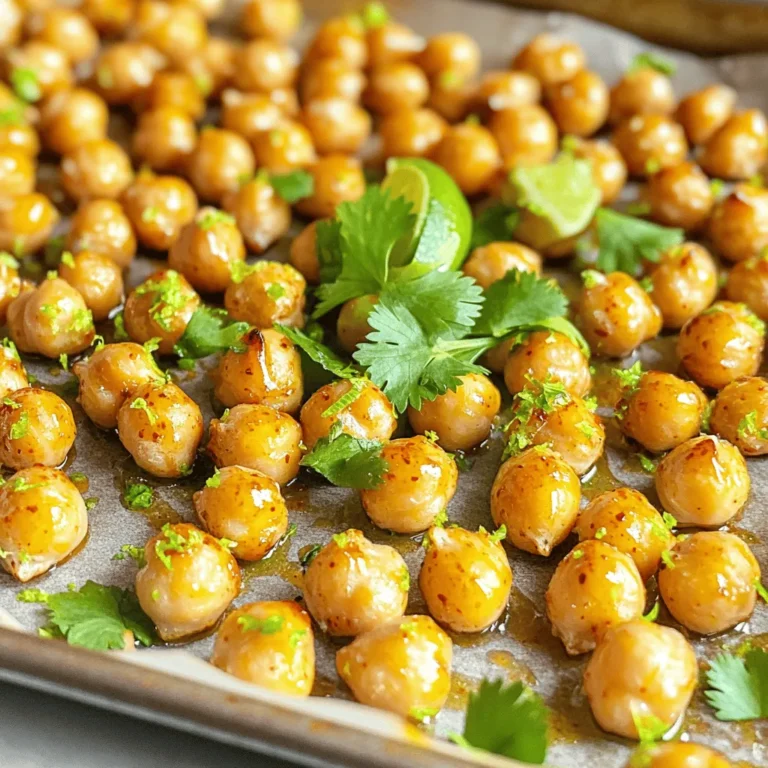 - 1 can (15 oz) chickpeas, drained and rinsed - 2 tablespoons olive oil - 2 tablespoons sweet chili sauce - Zest of 1 lime - Juice of 1 lime - 1 teaspoon garlic powder - 1/2 teaspoon cumin - Salt, to taste - Fresh cilantro, for garnish Gather these ingredients to create a tasty batch of Sweet Chili Lime Roasted Chickpeas. The chickpeas are the star. They provide a great crunch. The olive oil helps coat them well. Sweet chili sauce adds sweetness and heat. Lime zest and juice give a fresh kick. Garlic powder boosts the flavor. Cumin adds warmth. Finally, a sprinkle of salt makes it all pop. Fresh cilantro is perfect for garnishing. The blend of these ingredients makes a spicy and tangy treat you’ll love. - Preheat the oven to 400°F (200°C). - Pat the chickpeas dry with a paper towel. Drying the chickpeas is key. It removes moisture, which helps them get crispy. If they are wet, they will not roast well. Use a clean paper towel and press gently to absorb the water. - Combine olive oil, sweet chili sauce, lime zest, lime juice, garlic powder, cumin, and salt. - Toss the chickpeas in the mixture. In a large bowl, mix the olive oil and sweet chili sauce. Add lime zest and juice for a fresh taste. The garlic powder and cumin add depth. Salt enhances all the flavors. Once mixed, toss in the dried chickpeas. Make sure they are well coated. This is where the fun begins! - Spread chickpeas on a baking sheet. - Roast for 25-30 minutes, shaking pan halfway through. Lay the coated chickpeas in a single layer on the baking sheet. This helps them roast evenly. After 15 minutes, shake the pan. This ensures all sides get nice and crispy. Keep an eye on them towards the end. You want a golden color but not burnt. Enjoy the delicious aroma wafting through your kitchen! To get the best crunch from your chickpeas, you must dry them well. After draining and rinsing, use a paper towel to pat them dry. This step is key. If they are wet, they won’t crisp up. Next, adjust your oven temperature. Set it to 400°F (200°C). Roast for 25 to 30 minutes. Shake the pan halfway through for even cooking. This helps them get golden and crispy. You can make these chickpeas your own by adding different spices or herbs. Try smoked paprika for a smoky flavor. You can also use cumin for warmth. Want a bit of heat? Add cayenne or red pepper flakes. For a twist, use homemade sweet chili sauce. It’s easy to make and can add a fresh taste. Pair your roasted chickpeas with dips like hummus or tzatziki. They also work well as a topping on salads or grain bowls. If you have leftovers, store them in an airtight container. They stay fresh for about three days. To keep the crunch, reheat them in the oven for a few minutes before serving. {{image_2}} You can easily spice up your roasted chickpeas. Add red pepper flakes or cayenne for heat. Start with a small amount, then adjust to your taste. You can also try hot chili sauce instead of sweet chili sauce. This will give your chickpeas a nice kick. If you like a sweeter taste, mix in a bit of honey or maple syrup. This will balance the heat and add depth. You can also choose different sweet chili sauces. Some brands have a more intense flavor, while others are milder. Choose what fits your taste best. Herbs can change the flavor profile of your dish. Try using fresh herbs like parsley or basil for a fresh touch. You can also infuse your chickpeas with flavors like lemon or coriander. These herbs add brightness and make your dish more vibrant. To keep your Sweet Chili Lime Roasted Chickpeas fresh, use airtight containers. Glass or BPA-free plastic works great. Store them in the fridge. They will stay good for about 3 to 4 days. For the best crispiness, use your oven or toaster oven. Preheat it to 350°F (175°C). Spread the chickpeas on a baking sheet. Heat for about 5 to 10 minutes. This method keeps them crunchy. Avoid microwaving, as it makes them soggy. You can freeze both raw and cooked chickpeas. If you freeze raw chickpeas, soak and cook them first. For cooked chickpeas, let them cool completely before freezing. Store them in freezer bags. When ready to use, thaw in the fridge overnight. Reheat in the oven to keep that crunch. To make Sweet Chili Lime Roasted Chickpeas, start by preheating your oven to 400°F (200°C). Line a baking sheet with parchment paper. Drain and rinse a can of chickpeas. Pat them dry with a paper towel. This step is key for crispiness. In a bowl, mix olive oil, sweet chili sauce, lime zest, lime juice, garlic powder, cumin, and salt. Toss the chickpeas in this mix until they are well coated. Spread them out on the baking sheet. Roast for 25-30 minutes, shaking the pan halfway through. Let them cool a bit, taste, and adjust the salt if needed. Yes, you can use dried chickpeas! First, soak them overnight in water. This helps them cook evenly. The next day, drain and rinse the chickpeas. Boil them in water for about 60-90 minutes until tender. Once cooked, follow the same steps as for canned chickpeas. Pat them dry, mix with the sauce, and roast. You’ll enjoy the same great taste! Roasted chickpeas are a fantastic snack. They are high in protein and fiber, which helps keep you full. They also contain vitamins and minerals like iron and magnesium. Eating chickpeas can support digestion and heart health. Plus, they are low in calories compared to many snacks. This makes them a smart choice for a healthy diet. Absolutely! To make Sweet Chili Lime Roasted Chickpeas in an air fryer, follow the same steps to coat your chickpeas. Preheat your air fryer to 400°F (200°C). Spread the chickpeas in a single layer in the air fryer basket. Cook for about 15-20 minutes. Shake the basket halfway through to ensure even cooking. Enjoy your crunchy, tasty snack! This post detailed how to make tasty Sweet Chili Lime Roasted Chickpeas. We covered key ingredients, like chickpeas and lime juice, for great flavor. You learned the steps to prepare, mix, and roast your chickpeas for the best crispiness. We even shared tips on customizing flavors and storing leftovers. In summary, this dish is easy, healthy, and fun to make. Try it with your favorite dips or as a snack. Enjoy the crunchy goodness!