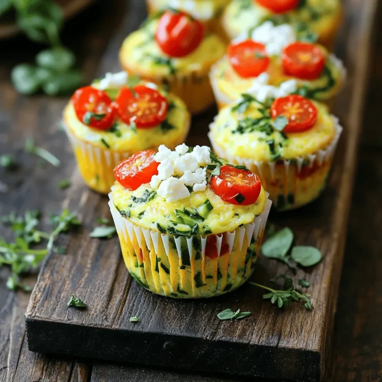 To create veggie packed egg muffins, you need fresh and vibrant ingredients. Here’s what you will gather: - 6 large eggs - 1 cup spinach, chopped - 1/2 red bell pepper, diced - 1/2 cup cherry tomatoes, halved - 1/2 cup grated zucchini - 1/4 cup red onion, finely chopped - 1/2 cup feta cheese, crumbled - 1 teaspoon garlic powder - 1 teaspoon Italian seasoning - Salt and pepper to taste - Cooking spray or olive oil for greasing the muffin tin These ingredients come together for a tasty and healthy breakfast or snack. Each bite is packed with nutrients and flavor. Spinach offers iron, while bell peppers add vitamin C. Zucchini brings moisture, and feta gives a rich, creamy taste. You can mix and match veggies to fit your taste. Always use fresh ingredients for the best results. The right combination creates a muffin that is not only good for you but also fun to eat. You can even get the kids involved in choosing their favorite veggies! Preheating the Oven Start by warming your oven to 375°F (190°C). This step is key for even baking. A hot oven helps the muffins rise nicely. Greasing the Muffin Tin Next, grab your muffin tin. Spray it with cooking spray or drizzle a bit of olive oil. Make sure to coat each cup well. This helps the muffins pop out easily after baking. Whisking the Eggs In a large bowl, crack six large eggs. Use a whisk to beat them until they blend well. This takes just a minute or two. Add salt, pepper, garlic powder, and Italian seasoning to flavor the eggs. Adding the Vegetables and Seasonings Now, toss in your veggies! Add one cup of chopped spinach, half a diced red bell pepper, and half a cup of halved cherry tomatoes. Include half a cup of grated zucchini and a quarter cup of finely chopped red onion. Don’t forget half a cup of crumbled feta cheese. Mix everything gently. You want the veggies to be well coated with the egg. Pouring Mixture into the Tin Carefully pour the egg mixture into the greased muffin tin. Fill each cup about three-quarters full. This gives them room to rise without spilling over. Baking Time and Testing Doneness Bake the muffins in your preheated oven for 18 to 20 minutes. They should puff up nicely. To check if they are done, insert a toothpick into the center of a muffin. If it comes out clean, they are ready! Remove them from the oven and let them cool for a few minutes. Then, gently lift them out of the tin. Enjoy your veggie-packed treats! - Ensuring Even Cooking: Use a muffin tin for even baking. Fill each cup the same. Check with a toothpick to see if they are done. If it comes out clean, they are ready. - Using Fresh Ingredients: Fresh veggies make a big difference. Choose bright, crisp spinach and firm tomatoes. This adds flavor and nutrients. Fresh feta will also enhance the taste and texture. - Presentation Tips: Serve the muffins warm for the best taste. Add a sprinkle of feta or fresh herbs on top. This makes them look pretty and inviting. - Pairing Ideas: Try these with salsa for an extra kick. Fresh fruit or a side salad also works well. These muffins are great for breakfast, lunch, or a snack! - How to Store Leftover Muffins: Let the muffins cool down first. Place them in an airtight container. You can store them in the fridge for up to four days. - Reheating Instructions: Heat them in the microwave for about 20 seconds. You can also warm them in the oven at 350°F for about 5-7 minutes. Enjoy them warm for the best flavor! {{image_2}} Other Vegetables to Try You can switch up the veggies in your muffins. Try adding mushrooms, kale, or broccoli. Each adds a unique taste and texture. You can also use sweet potatoes for a hearty twist. Seasonal Variants Use seasonal veggies for the best flavor. In spring, add asparagus or peas. In fall, consider butternut squash or Brussels sprouts. This keeps your muffins fresh and exciting. Adding Cooked Ham or Bacon For extra protein, mix in cooked ham or crispy bacon. Chop them into small pieces and stir them into the egg mix. This makes your muffins more filling and flavorful. Alternative Cheese Options If you want a different flavor, try using cheddar or pepper jack cheese. These cheeses melt well and add a nice kick. You can also use dairy-free cheese for a lighter option. Making it Gluten-Free To make these muffins gluten-free, ensure your ingredients are certified gluten-free. Most of the base ingredients are already gluten-free. Just check your cheese and any added seasonings. Dairy-Free Substitutes You can use non-dairy milk instead of regular milk if you want. For cheese, try a nut-based option. This way, everyone can enjoy these tasty muffins without any worries. Each of these veggie packed egg muffins has about 100 calories. They contain: - Protein: 7g - Fat: 6g - Carbs: 5g These muffins are a great way to get protein and fiber. The spinach and zucchini add vitamins A and C. The red bell pepper boosts your vitamin C too. Feta cheese gives you calcium and adds flavor. Garlic powder can help support your immune system. Each ingredient supports health in its own way. One muffin is a good serving size. You can pair these with fruit or whole grain toast. This adds more fiber and keeps you full longer. If you want a bigger meal, eat two muffins. They are perfect for breakfast or a snack. Enjoy them warm or cold. You can also add salsa for extra taste. Can I freeze Veggie Packed Egg Muffins? Yes, you can freeze these muffins. Let them cool completely and place them in a freezer bag. They can last for up to three months. When you are ready to eat, just thaw them in the fridge overnight. Reheat them in the oven or microwave before serving. How long do they last in the fridge? These muffins stay fresh in the fridge for about five days. Store them in an airtight container to keep them moist. You can enjoy them cold or warm them up for a quick meal. Can I make them ahead of time? Yes, making them ahead is a great idea! You can prepare them on the weekend for easy breakfasts during the week. Just store them in the fridge after baking. How to adjust baking time for mini muffins? If you want mini muffins, reduce the baking time to about 10-12 minutes. Keep an eye on them to avoid overcooking. Use a toothpick to check if they are done. What can replace eggs for a vegan version? For a vegan option, use flax eggs. Mix one tablespoon of flaxseed meal with three tablespoons of water. Let it sit for a few minutes until it thickens. You can also try silken tofu blended until smooth. Can these be made in an air fryer? Yes, you can use an air fryer! Cook them at 300°F (150°C) for about 12-15 minutes. Make sure to check for doneness with a toothpick. How to make them in a regular oven? Use the standard oven method provided in the recipe. Preheat to 375°F (190°C) and bake for 18-20 minutes. This method gives you a nice, fluffy muffin. In this article, you learned how to make tasty veggie-packed egg muffins. We covered all the key steps, from prepping ingredients to baking. You can also adjust the recipe for your taste or dietary needs. Remember the tips for storage and serving to keep your muffins fresh and appealing. Whether for breakfast or a snack, these muffins are fun and healthy. Now, it's time to gather your ingredients and start cooking! Enjoy your tasty creations!