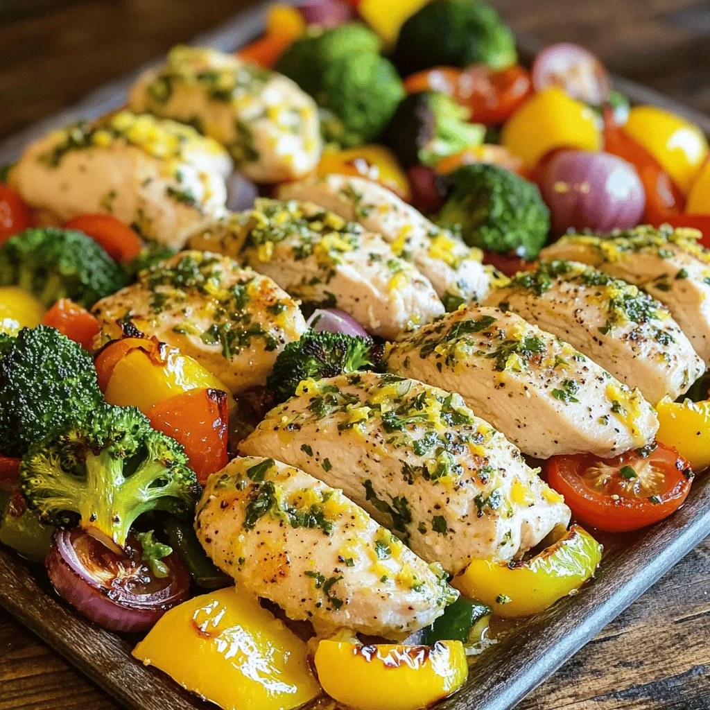 - 4 boneless, skinless chicken breasts - 2 lemons (zest and juice) - 4 cloves garlic, minced - 2 tablespoons fresh rosemary, chopped - 2 tablespoons fresh thyme, chopped - 1 teaspoon salt - 1/2 teaspoon black pepper - 2 cups broccoli florets - 2 cups bell peppers (mixed colors), sliced - 1 cup cherry tomatoes, halved - 1 red onion, quartered For this recipe, I love using fresh ingredients. They give the dish a bright taste. The chicken breasts are key. They soak up all the lemon and herb flavors. I use two lemons for zest and juice. The zest adds a punch of flavor. The juice gives the dish a nice tang. Garlic is another star in this meal. It brings warmth and depth. Fresh herbs like rosemary and thyme add an earthy touch. They work well with the chicken and veggies. I season with salt and black pepper for balance. Now, let's not forget the veggies. I use colorful bell peppers. They not only taste great but also make the dish pretty. Cherry tomatoes add sweetness. Broccoli adds a nice crunch. Lastly, red onion brings a mild flavor. Together, these veggies create a rainbow of tastes and textures. This mix of ingredients not only looks appealing but also packs a flavorful punch. - Preheat your oven to 425°F (220°C). This helps cook the chicken and veggies just right. - In a large bowl, combine lemon zest, lemon juice, minced garlic, chopped rosemary, chopped thyme, olive oil, salt, and black pepper. Whisk until everything blends well. The mix smells fresh and bright. - Coat the chicken breasts with the lemon herb mixture from the bowl. Make sure each piece is well covered. - Let the chicken marinate for about 15 minutes. If you have more time, you can marinate it up to 2 hours in the fridge. This makes the chicken juicy and full of flavor. - While the chicken soaks in the flavors, prep your veggies. Take your sheet pan and spread out the broccoli florets, sliced bell peppers, halved cherry tomatoes, and quartered red onion. - Drizzle them with olive oil and sprinkle with salt and pepper. Toss the veggies to coat them evenly. This step adds flavor and helps them roast nicely. - Now, arrange the marinated chicken breasts on top of the seasoned vegetables on the sheet pan. Pour any extra marinade over the chicken and veggies. - This helps keep everything moist while baking and mixes the flavors. - Bake in the preheated oven for 25 to 30 minutes. Check that the chicken is cooked through. The internal temperature should reach 165°F (75°C). - The veggies will be tender and slightly caramelized. This adds a sweet touch to your dish. To make your marinade stand out, you can try adding different herbs. Fresh basil or parsley can bring a new twist. You can also add a pinch of red pepper flakes for some heat. Marinade your chicken for at least 15 minutes. For a deeper flavor, let it sit for up to 2 hours in your fridge. This time allows the chicken to soak up all those tasty herbs and lemon. To keep your chicken juicy, don’t overcrowd the pan. Give each piece space to breathe. Use a meat thermometer to check the chicken's doneness. It should reach 165°F (75°C) for safe eating. To avoid overcooked veggies, cut them into similar sizes. This way, they cook evenly. Keep an eye on them during the last few minutes. You want them tender but still vibrant. For a beautiful presentation, serve the dish right from the pan. It looks rustic and inviting. You can also plate the chicken and veggies individually. Add a sprinkle of fresh herbs and lemon wedges for color. Pair this meal with a light salad or some crusty bread. A glass of white wine can enhance the lemon flavors too. {{image_2}} You can change the veggies in this dish to fit your taste. Some great options include: - Zucchini, sliced - Carrots, chopped - Cauliflower, florets - Asparagus, cut into pieces These veggies add different colors and textures. You can also think about the season! In spring, try fresh peas or snap peas. In fall, butternut squash or Brussels sprouts add warmth. If you want to switch up the chicken, you have choices! You can use: - Chicken thighs for more flavor - Drumsticks for a fun twist - Even turkey breasts if you like For a meat-free meal, consider tofu or tempeh. Both soak up flavors well and cook nicely with the herbs. Want to boost the taste? You can add spices or sauces to mix things up. Here are some ideas: - A dash of paprika for a smoky kick - Red pepper flakes for heat - A splash of balsamic vinegar for a sweet tang You can also try different herbs, like dill or basil. They bring new flavors that keep it exciting every time you make it. To store leftovers properly, first let the dish cool down. Place the chicken and veggies in an airtight container. This keeps the food fresh for up to three days in the fridge. Make sure to separate any sauce, if possible, to avoid sogginess. For best results, freeze the chicken and veggies in a freezer-safe bag or container. Remove as much air as you can. This helps prevent freezer burn. You can freeze the dish for up to three months. Label the container with the date for easy tracking. To reheat chicken and veggies, you have a few options. The oven is great for even heating. Preheat to 350°F (175°C) and bake for 15-20 minutes. You can also use a microwave, but remember to cover it to keep moisture. Heat in short bursts, checking often to avoid overcooking. Lastly, a skillet on the stove can work well too. Just add a splash of water to steam and heat evenly. Enjoy your tasty meal again! The best temperature to bake chicken is 425°F (220°C). This high heat helps cook the chicken quickly. It also browns the skin, making it tasty. Use a meat thermometer to check the chicken's internal temperature. It should reach 165°F (75°C) to be safe to eat. Yes, you can marinate the chicken overnight. This allows the flavors to soak in deeply. If you have time, marinating for 2 hours is good too. Just cover the chicken and keep it in the fridge. This makes the chicken more tender and tasty. You know the chicken is cooked when its juices run clear. Use a meat thermometer to check. The chicken should reach 165°F (75°C) inside. If you cut into it, there should be no pink. The veggies should also be tender and a bit caramelized. Yes, you can make this recipe low-carb. Just skip the starchy veggies like potatoes or corn. You can replace them with more green veggies. Options include zucchini, asparagus, or cauliflower. This keeps the dish healthy and light while still delicious. This blog post walks you through a simple, tasty chicken dish. We covered the main ingredients, from chicken to fresh veggies. You learned how to prepare the marinade, marinate the chicken, and bake everything together. Remember, using fresh herbs boosts flavor. Don't hesitate to make variations with your favorite veggies. Proper storage helps keep leftovers fresh. Enjoy your delicious creation, and don't forget to share it with friends!