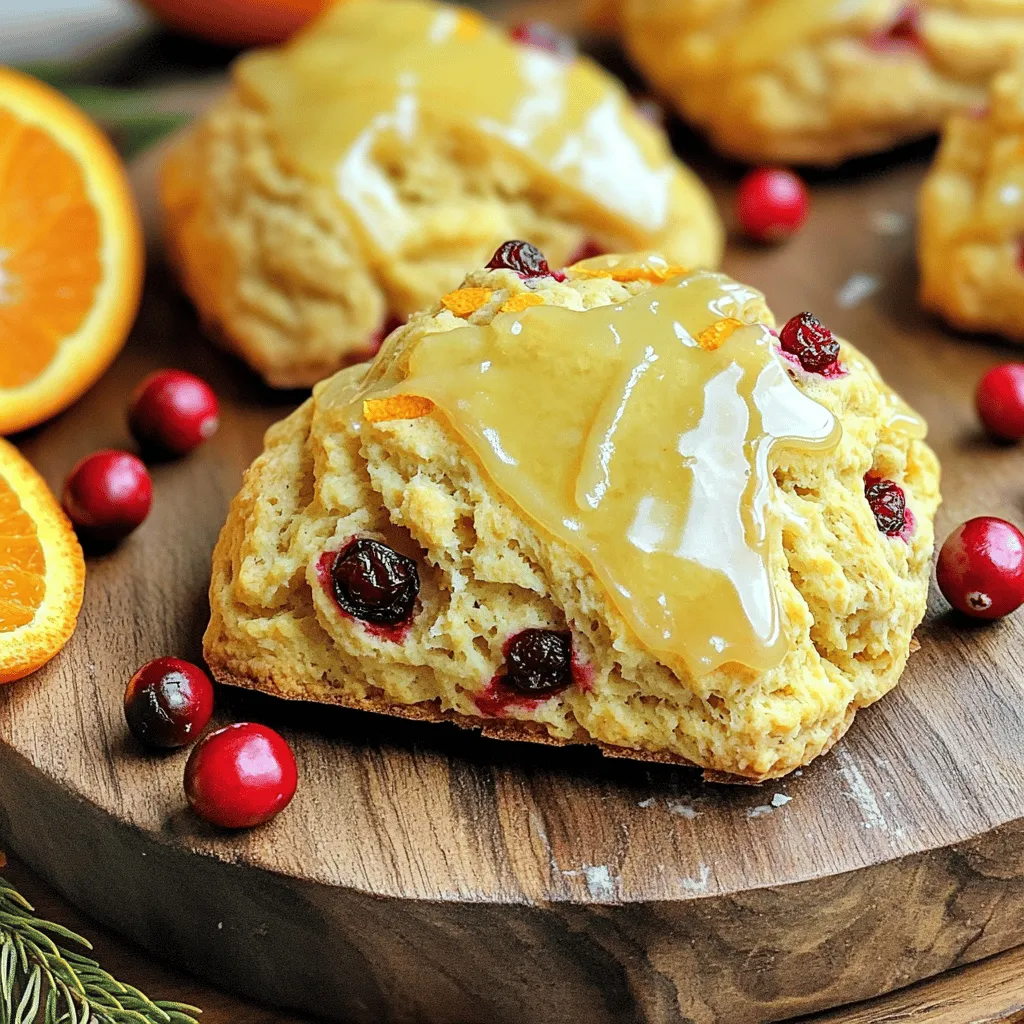 To make the perfect Orange Glazed Cranberry Scones, gather these fresh ingredients: - 2 cups all-purpose flour - 1/3 cup granulated sugar - 1 tablespoon baking powder - 1/2 teaspoon salt - 1/2 cup unsalted butter, cold and cubed - 1/2 cup dried cranberries - Zest of 1 orange - 1/2 cup orange juice (freshly squeezed preferred) - 1 large egg - 1 teaspoon vanilla extract - 1 cup powdered sugar (for glaze) - 2 tablespoons orange juice (for glaze) Using high-quality ingredients makes your scones special. Choose fresh orange juice for a bright flavor. The zest from the orange adds a lovely aroma and taste. Cold butter helps create flaky layers, so don't skip this step. Fresh cranberries can also enhance the taste, but dried ones work great too. 1. Preheat and prepare the baking sheet: First, set your oven to 400°F (200°C). This high heat will help the scones rise and brown nicely. Line your baking sheet with parchment paper for easy cleanup and to prevent sticking. 2. Mixing dry and wet ingredients: In a large bowl, whisk together 2 cups of all-purpose flour, 1/3 cup of granulated sugar, 1 tablespoon of baking powder, and 1/2 teaspoon of salt. These are your dry ingredients. In another bowl, mix together 1/2 cup of freshly squeezed orange juice, 1 large egg, and 1 teaspoon of vanilla extract. This is your wet mixture. 1. Technique for shaping the dough: After mixing both ingredients, add 1/2 cup of cold, cubed unsalted butter to the dry mix. Use your fingers or a pastry cutter to combine until it looks like coarse crumbs. Then, add 1/2 cup of dried cranberries and the zest of one orange. Stir these in well. Pour your wet mixture into the dry mix, stirring gently. The dough should be slightly sticky. Turn it out onto a floured surface and knead it gently. 2. Ideal baking time and temperature: Pat the dough into a round disc about 1 inch thick. Cut this disc into 8 wedges and place them on your baking sheet. Bake for 15 to 18 minutes until they turn golden brown. Let them cool slightly on the baking sheet to finish cooking. 1. Instructions for making the glaze: For the sweet orange glaze, mix 1 cup of powdered sugar with 2 tablespoons of orange juice in a small bowl. Stir until it becomes smooth. If it’s too thick, add a bit more juice. If it’s too thin, add more powdered sugar. 2. How to glaze the scones effectively: Once the scones are warm, drizzle or spread the glaze over the top. This adds a lovely shine and sweetness. Let the glaze set before serving to allow it to firm up a bit. Common mistakes to avoid: - Overmixing the dough: This makes scones tough. Mix just until combined. - Using warm butter: Cold butter creates a flaky texture. Keep it chilled until use. - Not measuring flour properly: Too much flour can make scones dry. Use a kitchen scale for accuracy. Tips for achieving the perfect texture: - Chill the dough: If your dough feels warm, chill it for 15 minutes. This helps maintain flakiness. - Use a light touch: When kneading the dough, be gentle. It should hold together but not be overworked. - Bake until golden: Watch for a light golden color. This ensures a soft, moist center with a nice crust. Best ways to serve Orange Glazed Cranberry Scones: - Fresh from the oven: Serve warm for the best taste and texture. - Add butter or cream: Spread a little butter or dollop of cream on top for extra richness. Complementary beverages or sides: - Pair with tea: A cup of herbal or black tea enhances the scone experience. - Serve with fresh fruit: Berries or citrus slices add freshness and balance the sweetness. {{image_2}} You can switch up the flavors in your scones. Instead of cranberries, try these options: - Dried cherries - Blueberries - Raisins - Chopped nuts Each fruit adds its own taste and texture. For the glaze, experiment with other flavors too: - Lemon glaze - Maple glaze - Vanilla glaze These choices can make your scones unique. Think about what you like best! If you need gluten-free scones, use gluten-free flour. This will change the texture a bit, but they will still taste great. You can also make vegan scones. Here’s how: - Replace the egg with 1 tablespoon of ground flaxseed mixed with 3 tablespoons of water. - Use vegan butter instead of regular butter. These swaps keep your scones delicious while meeting your dietary needs. Enjoy your baking! To keep your Orange Glazed Cranberry Scones fresh, store them properly. For short-term storage, place the scones in an airtight container at room temperature. They stay fresh for up to two days. Avoid direct sunlight or heat, which can dry them out. For longer storage, freeze the scones. First, let them cool completely. Then, wrap each scone in plastic wrap and place them in a freezer-safe bag. They can last up to three months in the freezer. Just remember to label the bag with the date! To enjoy your scones warm, reheating is key. Preheat your oven to 350°F (175°C). Place the scones on a baking sheet. Heat for about 10 minutes. This warms them up while keeping them soft. If you're in a hurry, you can use the microwave. Place a scone on a microwave-safe plate. Heat it for about 10-15 seconds. Be careful not to overheat it, as this can make the scone tough. Enjoy the fresh taste of your scones again! How do I make scones fluffier? To make scones fluffier, use cold butter and avoid overmixing the dough. Cold butter creates steam when baking, which helps the scones rise. Also, make sure your baking powder is fresh. Can I make the dough ahead of time? Yes, you can make the dough ahead. Wrap it in plastic wrap and chill it for up to 24 hours. When ready, just shape and bake as usual. What can I use instead of orange juice? You can use lemon juice or apple juice as a substitute for orange juice. Both add a nice flavor but will change the taste slightly. Can I substitute butter with margarine or oil? You can use margarine, but it may alter the flavor. Oil can work too, but it won’t give the same flaky texture. For best results, stick with butter if you can. You’ve learned how to make delicious Orange Glazed Cranberry Scones. We covered key ingredients, like fresh orange juice, and tips for perfect dough. Remember to shape the scones well and bake them at the right temperature. I’ve shared ideas for variations and storage, too. These scones can be enjoyed warm or with your favorite drink. With these tips, you will impress your family and friends. Enjoy creating and savoring your tasty treats!