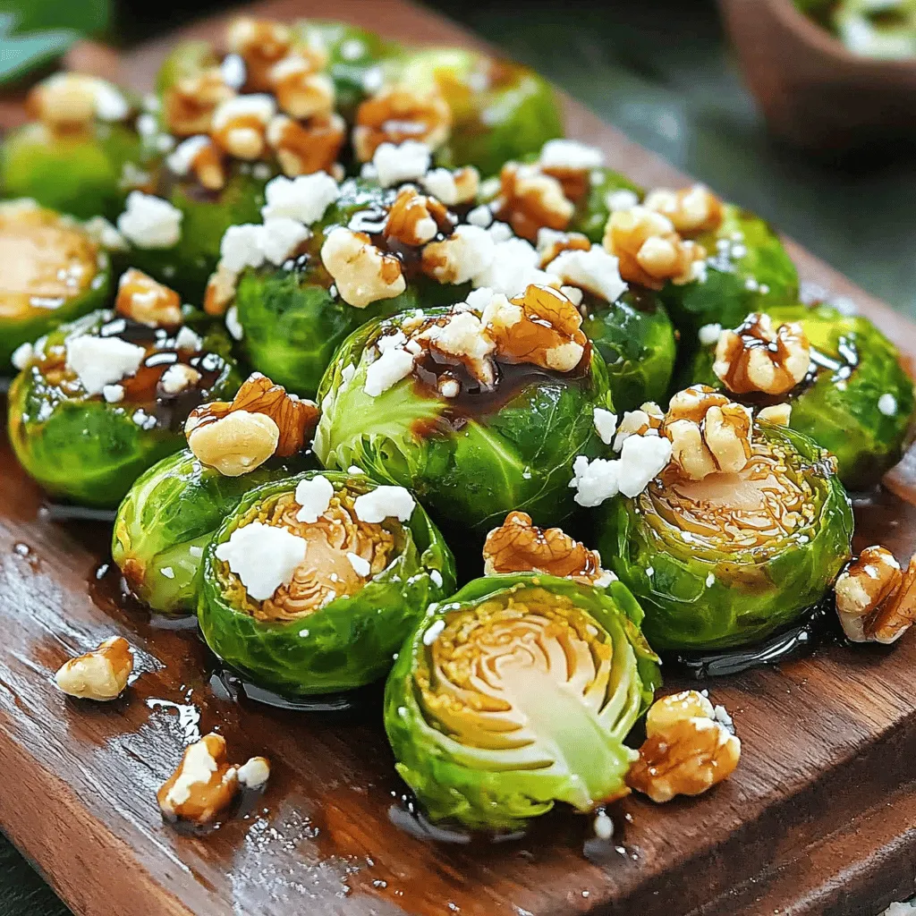 Balsamic roasted Brussels sprouts are a tasty side dish. They combine sweet and tangy flavors. You can serve them warm with any meal. This recipe is simple and quick to make. It takes about 35 minutes from start to finish. To make this delightful dish, you will need: - 1 lb Brussels sprouts, trimmed and halved - 3 tablespoons balsamic vinegar - 2 tablespoons honey or maple syrup - 2 tablespoons olive oil - 1 teaspoon Dijon mustard - 1 garlic clove, minced - Salt and pepper to taste - ¼ cup feta cheese, crumbled (optional) - 2 tablespoons toasted walnuts or pecans (optional) These ingredients create a great balance of taste and texture. You can add a few items to elevate your dish: - Feta cheese adds a creamy texture. - Toasted walnuts or pecans give a nice crunch. Feel free to mix and match these options. They can make the dish even more enjoyable! To start, gather all your ingredients. You will need: - 1 lb Brussels sprouts, trimmed and halved - 3 tablespoons balsamic vinegar - 2 tablespoons honey or maple syrup - 2 tablespoons olive oil - 1 teaspoon Dijon mustard - 1 garlic clove, minced - Salt and pepper to taste - ¼ cup feta cheese, crumbled (optional) - 2 tablespoons toasted walnuts or pecans (optional) Make sure to wash the Brussels sprouts well. Trim the ends and cut them in half. This helps them cook evenly and absorb the flavor. Now, preheat your oven to 425°F (220°C). While it heats, line a baking sheet with parchment paper. This makes for easy cleanup. In a small bowl, combine the balsamic vinegar, honey or maple syrup, olive oil, Dijon mustard, minced garlic, salt, and pepper. Whisk them together until smooth. In a large bowl, toss the halved Brussels sprouts with the balsamic mixture. Make sure each piece is well-coated. Spread the Brussels sprouts on the baking sheet in a single layer. Avoid crowding them, as this ensures they roast well. Roast them in the oven for 20-25 minutes. Toss them halfway through cooking. They should be tender and caramelized when done. To get that perfect roast, keep these tips in mind: - Ensure your Brussels sprouts are dry before tossing them in the balsamic mix. This helps them caramelize better. - Use a high-quality balsamic vinegar for a richer flavor. - If you want a crispy texture, give them space on the baking sheet. Overcrowding leads to steaming, not roasting. - If you like a bit of crunch, add crumbled feta cheese and toasted nuts right after roasting. This adds flavor and texture. Follow these steps, and you'll have a vibrant side dish that is sure to impress! One common mistake is overcrowding the baking sheet. If you pack the Brussels sprouts too tightly, they won't roast well. Instead, spread them out in a single layer. This helps them get that nice, crispy texture. Another mistake is not preheating the oven enough. Roasting at 425°F (220°C) is key. If the oven isn’t hot, the sprouts will steam instead of roast. Don’t skip the tossing step halfway through. This ensures that all sides get that beautiful caramelization. Lastly, taste before serving. Adjust the salt and pepper to match your flavor. You can boost the flavor by adding spices. Try smoked paprika or red pepper flakes for a kick. Both add warmth and depth to the dish. For a nutty twist, use toasted sesame oil instead of olive oil. This adds a unique flavor that pairs well with the balsamic vinegar. Mix in fresh herbs like thyme or rosemary after roasting. These herbs add freshness and elevate the dish. You might also consider drizzling extra balsamic vinegar on top before serving for added richness. To make your cooking easier, use a large mixing bowl. A sturdy whisk is great for mixing the dressing. A baking sheet lined with parchment paper helps with easy cleanup. Using a sharp knife makes it simple to halve the Brussels sprouts. A reliable oven thermometer ensures your oven is at the right temperature. Finally, a good pair of tongs helps you toss the Brussels sprouts without making a mess. These tools will help you make the best Balsamic Roasted Brussels Sprouts. {{image_2}} You can play with flavors to change this dish. Try adding some soy sauce for a savory twist. A pinch of red pepper flakes can add heat. For a sweet touch, mix in some orange zest or cranberry. Each option gives a new taste while keeping the core of the dish. This dish is easy to adapt. To make it vegan, just skip the feta cheese or use a plant-based alternative. The balsamic vinegar, olive oil, and sprouts are all naturally vegan. For gluten-free, ensure your Dijon mustard is gluten-free. Most brands are safe, but check the label to be sure. Brussels sprouts shine in the fall, but you can add seasonal ingredients. In winter, toss in some roasted carrots or parsnips. In spring, add peas or asparagus for color. Summer brings fresh herbs like basil or mint, which brighten the dish. Each season offers a new way to enjoy these sprouts. After roasting, let the Brussels sprouts cool for about 30 minutes. This step helps keep the texture. If you skip this, steam can gather. That can make them soggy. Spread them out on a plate or baking sheet. This way, they cool evenly. Store the cooled Brussels sprouts in an airtight container. They stay fresh in the fridge for up to 3 days. If you want to keep them longer, you can freeze them. Just place them in a freezer-safe bag. Squeeze out all the air before sealing. They can last up to 3 months in the freezer. To reheat Brussels sprouts, use the oven for the best texture. Preheat your oven to 350°F (175°C). Spread the sprouts on a baking sheet. Heat them for about 10 to 15 minutes. This method keeps them crispy. You can also microwave them. Just heat in short bursts of 30 seconds. Check for warmth between each burst. When choosing fresh Brussels sprouts, look for bright green, firm sprouts. They should feel heavy for their size. Avoid any that are yellow or wilting. The leaves should be tightly packed and not loose. Smaller sprouts usually taste sweeter and are less bitter. If you can, buy them still on the stalk for freshness. Yes, you can prepare Balsamic Roasted Brussels sprouts in advance. You can wash and trim the sprouts a day early. Store them in a sealed bag in the fridge. You can also mix the balsamic glaze ahead of time and keep it in the fridge. Just toss everything together and roast when you're ready. Balsamic Roasted Brussels sprouts pair well with many dishes. Try serving them with roasted chicken or pork. They also work great in salads with nuts and cheese. If you want a hearty meal, serve them with quinoa or rice. The sweet and tangy flavor adds a nice touch to any main dish. This blog post covered everything you need for perfect Balsamic Roasted Brussels Sprouts. We reviewed the key ingredients and step-by-step instructions. I shared helpful tips and tricks to avoid common mistakes. You learned about tasty variations and how to store your dish safely. In the end, experimenting with flavors and techniques can make cooking fun and delicious. With the right methods, your Brussels sprouts will impress anyone. Enjoy cooking and tasting new ideas!
