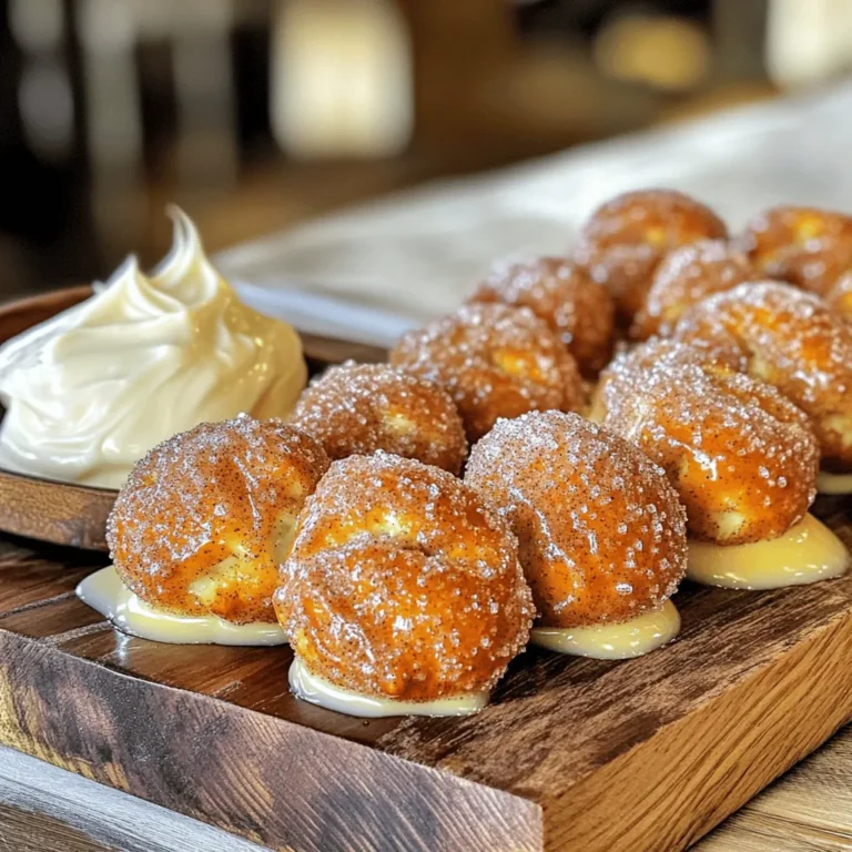 For these delightful cinnamon sugar pretzel bites, you need the following items: - 1 ½ cups warm water (110°F to 115°F) - 1 packet (2 ¼ teaspoons) active dry yeast - 2 tablespoons granulated sugar - 4 cups all-purpose flour - 1 teaspoon salt - ½ cup baking soda - ¾ cup unsalted butter, melted - 1 cup granulated sugar (for coating) - 2 teaspoons ground cinnamon Each ingredient plays a key role in making these bites soft, chewy, and sweet. The warm water activates the yeast, helping the dough rise. Granulated sugar adds sweetness and boosts yeast activity. Flour gives structure, while salt enhances flavor. The baking soda bath creates a lovely crust. Melted butter adds rich flavor and helps the cinnamon sugar stick. Gather all these ingredients before you start. This will keep your cooking process smooth and fun. You’ll be amazed at how simple it is to create such a tasty snack. 1. First, grab a large mixing bowl. 2. Pour in 1 ½ cups of warm water. 3. Add 1 packet of active dry yeast and 2 tablespoons of sugar. 4. Stir gently and let it sit for about 5 minutes. 5. Watch as the mixture becomes frothy. This shows the yeast is active! 1. Next, add 4 cups of all-purpose flour and 1 teaspoon of salt. 2. Stir until a dough forms. 3. Knead the dough on a floured surface for about 5 minutes. 4. You want it to be smooth and elastic. 5. Place the dough in a greased bowl. Cover it with a kitchen towel. 6. Let it rise in a warm spot for about 1 hour. It should double in size. 1. Preheat your oven to 425°F (220°C) and line a baking sheet with parchment paper. 2. Once the dough has risen, punch it down gently. 3. Divide it into small pieces, about 1 inch each. 4. Roll each piece into a small rope. 5. Twist each rope into a pretzel shape or keep it as a bite. 6. In a large pot, boil 8 cups of water and add ½ cup of baking soda. 7. Carefully place the pretzel bites into the boiling water for 30 seconds. 8. Use a slotted spoon to remove them. Place them on the baking sheet. 1. Bake the pretzel bites in the oven for 10-12 minutes. Look for a golden brown color. 2. While they bake, mix 1 cup of sugar with 2 teaspoons of ground cinnamon in a bowl. 3. As soon as the pretzels are out of the oven, brush them with ¾ cup of melted butter. 4. Toss the warm bites in the cinnamon sugar mixture until coated. 5. Enjoy your warm, sweet, and tasty snack! To get the best dough, aim for a soft and slightly sticky feel. You want it to hold shape but not be too dry. When kneading, push and fold the dough for about five minutes. This builds elasticity. If the dough sticks to your hands, use a little extra flour. These pretzel bites shine when served warm. Enjoy them fresh from the oven. They pair well with sweet dips like icing or creamy cheese. Try using vanilla icing for a special touch. Many home cooks over-proof the dough, making it too airy. Keep an eye on the time while it rises. Another mistake is boiling the bites for too long. Stick to thirty seconds to keep them chewy and delicious. {{image_2}} You can easily change the taste of your pretzel bites. Adding a splash of vanilla extract to the dough gives it a sweet twist. This makes it taste richer and more complex. You might also try different spices, like nutmeg. Nutmeg adds a warm, cozy flavor that pairs well with cinnamon. While cinnamon sugar is a classic, there are other fun options. You can coat the pretzel bites in melted chocolate instead. This adds a rich, sweet layer to every bite. If you want a savory touch, sprinkle sea salt on top. This brings out the buttery flavor and balances the sweetness. Pretzel bites can take many shapes. Instead of the classic shape, try making sticks or knots. These shapes are fun and can be perfect for dipping. You can also make miniature versions for parties. Small bites are easy to grab and share. Everyone loves a tasty snack that’s bite-sized! To keep your cinnamon sugar pretzel bites fresh, store them in an air-tight container. This helps prevent them from drying out. If you have leftovers, you can keep them at room temperature for up to two days. For longer storage, place them in the fridge. Just remember, cold air can change their texture. When you want to enjoy your pretzel bites again, reheating is key. The best method is to use the oven. Preheat it to 350°F (175°C) and place the bites on a baking sheet. Heat them for about 5 to 7 minutes. This way, they stay soft and warm. If you're short on time, you can use the microwave. Place a few pretzel bites on a microwave-safe plate. Heat them for about 15 to 20 seconds. Check carefully, as they can get tough if microwaved too long. Enjoy your warm snacks! Yes, you can use whole wheat flour. This change adds a nutty flavor. It also gives a denser texture. The pretzel bites may not be as soft. You might need a bit more water to help the dough form. You can store pretzel bites for 2 to 3 days. Place them in an air-tight container. Keep them at room temperature for best results. If you want them fresher, store them in the fridge. They may dry out a bit, but they still taste great. Yes, freezing pretzel bites is easy. Let them cool completely first. Place them in a single layer in a freezer-safe bag. Make sure to remove as much air as possible. When ready to eat, thaw them in the fridge overnight. Reheat in the oven for the best texture. You can find them at local bakeries or snack shops. Many grocery stores also carry them in the frozen section. If you want convenience, check online retailers. They often have a variety of options available. Making cinnamon sugar pretzel bites is easy and fun. You learned the key ingredients, from warm water to cinnamon. Following step-by-step instructions ensures great dough and perfect shapes. I shared tips for texture, serving ideas, and common pitfalls to avoid. Experiment with fun variations and coat them your way. Remember to store leftovers properly for fresh bites later. Use this guide to enjoy baking delicious pretzels at home. Now, share these tasty treats with friends and family for a delightful experience!