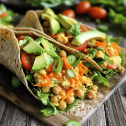 - 1 can (15 oz) chickpeas, drained and rinsed - 2 tablespoons buffalo sauce - 2 tablespoons ranch dressing - 4 large whole wheat or spinach tortillas - Sliced avocado - Sliced green onions - Other toppings (e.g., shredded carrots, diced tomatoes, shredded lettuce) - 1 teaspoon garlic powder - 1 teaspoon onion powder - Salt and pepper to taste To make Buffalo Ranch Chickpea Wraps, you need simple ingredients. Start with one can of chickpeas. This gives the wraps their main protein source. Rinse and drain them well. You’ll add two tablespoons of buffalo sauce. This sauce adds a spicy kick. Adjust it for your spice preference. If you prefer less heat, use less sauce. Next, mix in two tablespoons of ranch dressing. This creamy element balances the spice of the buffalo sauce. For the wraps, use four large whole wheat or spinach tortillas. These add nutrition and flavor. You can also include some optional toppings. Sliced avocado and sliced green onions add freshness. You can also add shredded carrots, diced tomatoes, or shredded lettuce for crunch. Don’t forget the spices! One teaspoon each of garlic powder and onion powder gives great flavor. Add salt and pepper to taste for extra seasoning. With these ingredients, you set the stage for a tasty meal. They come together quickly, making it perfect for a busy day. - Mash the chickpeas lightly in a bowl. - Mix in buffalo sauce, ranch dressing, garlic powder, onion powder, salt, and pepper. Start by taking your can of chickpeas. Drain and rinse them well. Then grab a fork or potato masher and mash the chickpeas lightly. I like to leave some whole for texture. Next, add the buffalo sauce and ranch dressing. You can adjust the buffalo sauce to your spice level. Now, sprinkle in garlic powder, onion powder, salt, and pepper. Mix everything until it’s well combined. - Lay out tortillas and spread chickpea mixture. - Top with shredded lettuce, diced tomatoes, and shredded carrots. Now it’s time to assemble your wraps. Lay out your tortillas on a clean surface. Spread an even portion of the chickpea mixture right in the center of each tortilla. Next, pile on some shredded lettuce, diced tomatoes, and shredded carrots. These toppings add color and crunch to each bite. - Fold in sides and roll from the bottom up. - Place wraps seam-side down and slice if preferred. To wrap it up, fold in the sides of the tortilla. Then, roll it tightly from the bottom up to keep all that goodness inside. Place your wraps seam-side down on a plate. If you like, you can slice them in half for easier handling or enjoy them whole. Adjust the buffalo sauce to fit your spice level. If you like it hot, add more sauce. If you prefer it mild, use less. This makes the meal fit your taste. Mashing the chickpeas is key, too. You can mash them well or leave some whole. This gives different textures in each bite. I love to serve these wraps with extra ranch dressing on the side. It adds creaminess and a nice dip. You can also garnish the wraps with fresh herbs. Chopped parsley or cilantro brightens the look and taste. Feel free to get creative! You can experiment with extra spices like paprika or cumin. This can add warmth and depth. Also, try adding crunch with more veggies. Thinly sliced bell peppers or cucumbers work great. They add freshness and color. {{image_2}} You can mix things up by using different proteins in your wraps. For a twist, try canned white beans instead of chickpeas. They have a creamy texture and blend well with the flavors. If you want a heartier option, add grilled chicken. This adds protein and makes the meal more filling. The sauce is key to flavor. You can try different hot sauces or dressings to change the taste. Each sauce will give a new kick to your wraps. If you enjoy a personal touch, make your own ranch dressing. A homemade version can enhance the flavor and control the ingredients. The tortilla can also change your wrap’s vibe. You might want to use flavored tortillas like tomato basil or garlic for a fun twist. If you are watching carbs, you can swap for lettuce wraps. This keeps the meal light and fresh while still being delicious. To keep your wraps fresh, store them in an airtight container in the fridge. They taste best when eaten within 2-3 days. This way, you enjoy the crisp lettuce and tender chickpeas at their peak. If you want to save some for later, wrap each one in plastic wrap. This keeps them safe in the freezer. When you're ready to eat, just thaw them in the fridge overnight. These wraps are best when fresh, but you can reheat them if needed. Heat them gently in a skillet over medium heat. This keeps the tortillas soft and the filling warm. Avoid microwaving, as it can make the wraps soggy. Yes, you can prepare the filling ahead. Just store it in the fridge. Assemble the wrap close to serving time for the best taste. You can use any creamy dressing you like. Homemade vegan ranch is also a great choice. To make the wraps gluten-free, use gluten-free tortillas. This simple swap meets dietary needs and keeps the wrap delicious. These Buffalo Ranch Chickpea Wraps are tasty and easy to make. We covered the ingredients, step-by-step instructions, tips, variations, storage, and common questions. You can adjust flavors and toppings to fit your taste. Enjoy these wraps fresh or with your favorite sides. Try them for a quick meal or snack. This simple recipe suits many diets and is sure to please. Dive in and have fun with it!