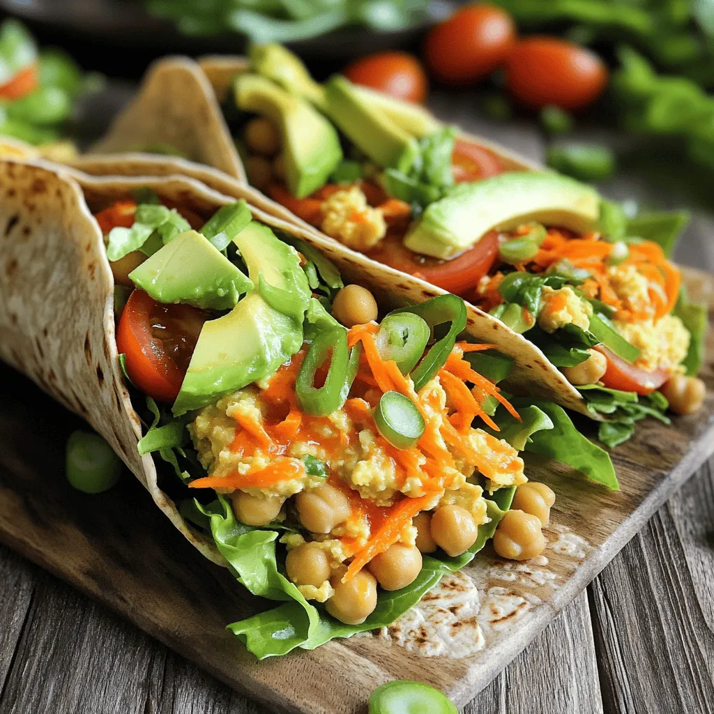 - 1 can (15 oz) chickpeas, drained and rinsed - 2 tablespoons buffalo sauce - 2 tablespoons ranch dressing - 4 large whole wheat or spinach tortillas - Sliced avocado - Sliced green onions - Other toppings (e.g., shredded carrots, diced tomatoes, shredded lettuce) - 1 teaspoon garlic powder - 1 teaspoon onion powder - Salt and pepper to taste To make Buffalo Ranch Chickpea Wraps, you need simple ingredients. Start with one can of chickpeas. This gives the wraps their main protein source. Rinse and drain them well. You’ll add two tablespoons of buffalo sauce. This sauce adds a spicy kick. Adjust it for your spice preference. If you prefer less heat, use less sauce. Next, mix in two tablespoons of ranch dressing. This creamy element balances the spice of the buffalo sauce. For the wraps, use four large whole wheat or spinach tortillas. These add nutrition and flavor. You can also include some optional toppings. Sliced avocado and sliced green onions add freshness. You can also add shredded carrots, diced tomatoes, or shredded lettuce for crunch. Don’t forget the spices! One teaspoon each of garlic powder and onion powder gives great flavor. Add salt and pepper to taste for extra seasoning. With these ingredients, you set the stage for a tasty meal. They come together quickly, making it perfect for a busy day. - Mash the chickpeas lightly in a bowl. - Mix in buffalo sauce, ranch dressing, garlic powder, onion powder, salt, and pepper. Start by taking your can of chickpeas. Drain and rinse them well. Then grab a fork or potato masher and mash the chickpeas lightly. I like to leave some whole for texture. Next, add the buffalo sauce and ranch dressing. You can adjust the buffalo sauce to your spice level. Now, sprinkle in garlic powder, onion powder, salt, and pepper. Mix everything until it’s well combined. - Lay out tortillas and spread chickpea mixture. - Top with shredded lettuce, diced tomatoes, and shredded carrots. Now it’s time to assemble your wraps. Lay out your tortillas on a clean surface. Spread an even portion of the chickpea mixture right in the center of each tortilla. Next, pile on some shredded lettuce, diced tomatoes, and shredded carrots. These toppings add color and crunch to each bite. - Fold in sides and roll from the bottom up. - Place wraps seam-side down and slice if preferred. To wrap it up, fold in the sides of the tortilla. Then, roll it tightly from the bottom up to keep all that goodness inside. Place your wraps seam-side down on a plate. If you like, you can slice them in half for easier handling or enjoy them whole. Adjust the buffalo sauce to fit your spice level. If you like it hot, add more sauce. If you prefer it mild, use less. This makes the meal fit your taste. Mashing the chickpeas is key, too. You can mash them well or leave some whole. This gives different textures in each bite. I love to serve these wraps with extra ranch dressing on the side. It adds creaminess and a nice dip. You can also garnish the wraps with fresh herbs. Chopped parsley or cilantro brightens the look and taste. Feel free to get creative! You can experiment with extra spices like paprika or cumin. This can add warmth and depth. Also, try adding crunch with more veggies. Thinly sliced bell peppers or cucumbers work great. They add freshness and color. {{image_2}} You can mix things up by using different proteins in your wraps. For a twist, try canned white beans instead of chickpeas. They have a creamy texture and blend well with the flavors. If you want a heartier option, add grilled chicken. This adds protein and makes the meal more filling. The sauce is key to flavor. You can try different hot sauces or dressings to change the taste. Each sauce will give a new kick to your wraps. If you enjoy a personal touch, make your own ranch dressing. A homemade version can enhance the flavor and control the ingredients. The tortilla can also change your wrap’s vibe. You might want to use flavored tortillas like tomato basil or garlic for a fun twist. If you are watching carbs, you can swap for lettuce wraps. This keeps the meal light and fresh while still being delicious. To keep your wraps fresh, store them in an airtight container in the fridge. They taste best when eaten within 2-3 days. This way, you enjoy the crisp lettuce and tender chickpeas at their peak. If you want to save some for later, wrap each one in plastic wrap. This keeps them safe in the freezer. When you're ready to eat, just thaw them in the fridge overnight. These wraps are best when fresh, but you can reheat them if needed. Heat them gently in a skillet over medium heat. This keeps the tortillas soft and the filling warm. Avoid microwaving, as it can make the wraps soggy. Yes, you can prepare the filling ahead. Just store it in the fridge. Assemble the wrap close to serving time for the best taste. You can use any creamy dressing you like. Homemade vegan ranch is also a great choice. To make the wraps gluten-free, use gluten-free tortillas. This simple swap meets dietary needs and keeps the wrap delicious. These Buffalo Ranch Chickpea Wraps are tasty and easy to make. We covered the ingredients, step-by-step instructions, tips, variations, storage, and common questions. You can adjust flavors and toppings to fit your taste. Enjoy these wraps fresh or with your favorite sides. Try them for a quick meal or snack. This simple recipe suits many diets and is sure to please. Dive in and have fun with it!