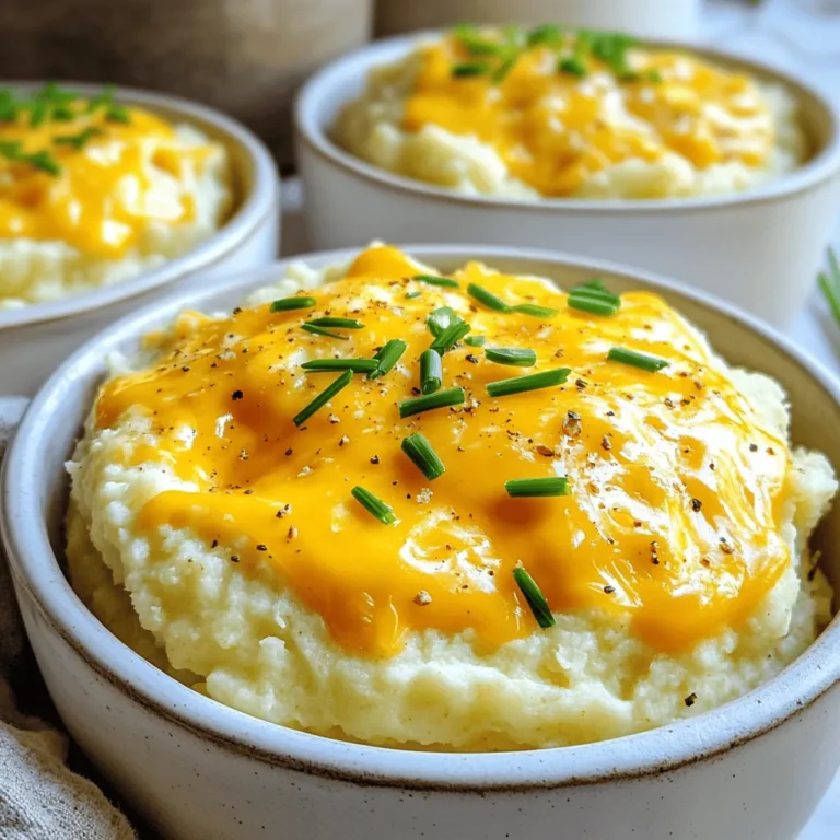 To make cheesy garlic mashed cauliflower, you need a few simple ingredients. Here’s what you will need: - 1 large head of cauliflower, cut into florets - 3 cloves garlic, minced - 1 cup shredded sharp cheddar cheese - 1/4 cup cream cheese, softened - 1/4 cup unsalted butter - 1/4 cup milk (or more for desired consistency) - Salt and pepper to taste - Fresh chives or parsley, chopped (for garnish) Each ingredient plays a key role. The cauliflower serves as the base. It gives a light and fluffy texture. Garlic adds a nice kick, while cheddar cheese makes it rich and cheesy. Cream cheese adds creaminess, and butter provides a smooth finish. Milk helps adjust the texture. Finally, salt and pepper enhance all the flavors. Fresh herbs add color and freshness to the dish. These ingredients come together to create a deliciously creamy comfort dish. Enjoy the process of mixing and mashing them into a delightful meal! To start, grab a large head of cauliflower. Cut it into florets. This helps the cauliflower cook evenly. Next, fill a big pot with salted water. Bring it to a boil on high heat. When it bubbles, add the florets. Cook them for about 10 to 12 minutes. They should be fork-tender. While the cauliflower cooks, melt a quarter cup of unsalted butter. Use a small saucepan and set it over medium heat. Once the butter is melted, add three cloves of minced garlic. Sauté the garlic for about 1 to 2 minutes. You want it fragrant but not browned. Take it off the heat when ready. Drain the cooked cauliflower and put it in a large mixing bowl. Pour in the garlic and butter mixture. Now, add a quarter cup of cream cheese and one cup of shredded sharp cheddar cheese. Also, add a quarter cup of milk, salt, and pepper to taste. Use a potato masher or an immersion blender. Mash until the mixture is smooth and creamy. If you want it creamier, add more milk. Once everything is mixed, return the mashed cauliflower to the pot. Keep it warm over low heat. When ready to serve, scoop the mashed cauliflower into bowls. For a pop of color, garnish with fresh chives or parsley. Enjoy this creamy comfort dish! To make your mashed cauliflower really creamy, start with the milk. Use one-fourth cup as a base and add more if needed. You want it smooth but not runny. For cheese, sharp cheddar gives great flavor, but feel free to mix in gouda or mozzarella. Each cheese adds a unique taste. When it comes to garlic, fresh is best. Fresh garlic packs a punch. Pre-minced garlic can work, but the taste may not be as strong. Be careful not to overcook your garlic. Sauté it just until fragrant. Browning can make it bitter and ruin the dish. One big mistake is overcooking the cauliflower. If you cook it too long, it becomes mushy. Aim for fork-tender, about 10-12 minutes. Another mistake is using too much liquid. Start with a little and add more only if needed. You want a thick, creamy mash, not soup. {{image_2}} You can make cheesy garlic mashed cauliflower even tastier. Here are some ideas: - Adding Other Cheeses: Swap sharp cheddar for other cheeses. Try gouda, mozzarella, or parmesan for different flavors. Each cheese brings a unique taste. Mixing cheeses gives a richer result. - Incorporating Herbs and Spices: Fresh herbs like rosemary or thyme add great flavor. Try adding smoked paprika or chili flakes for a spicy kick. These spices elevate the dish and make it special. You can adjust this recipe for different diets. Here are two easy swaps: - Vegan Substitutions: Use vegan cheese and plant-based butter instead of dairy. Almond milk or soy milk works well too. This keeps the dish creamy while being vegan-friendly. - Low-Carb Options: Cauliflower is already low in carbs. You can keep it that way by avoiding high-carb add-ins. Stick with the basic recipe for a healthy option. How you serve this dish can make it shine. Here are some fun ideas: - Pairing with Main Dishes: Cheesy garlic mashed cauliflower goes well with grilled chicken or steak. It also pairs nicely with roasted vegetables for a lighter meal. - Creative Presentation Ideas: Serve in a colorful bowl and sprinkle fresh herbs on top. You could also use a piping bag for a fancy look. This makes the dish not just tasty but also beautiful. Refrigeration Guidelines Store your cheesy garlic mashed cauliflower in an airtight container. This helps keep the dish fresh. It will last about 3 to 5 days in the fridge. Make sure to let it cool before sealing the container. This prevents moisture buildup and sogginess. If you notice any signs of spoilage, toss it out. Freezing for Future Use You can freeze leftovers for later enjoyment. Use a freezer-safe container or a heavy-duty freezer bag. Be sure to leave some space for expansion. This dish can stay fresh for up to 3 months in the freezer. When you’re ready to eat, thaw it in the fridge overnight. Best Methods to Retain Texture When reheating, the best method is using the stovetop. Place the mashed cauliflower in a pot over low heat. Stir gently while warming to maintain the creamy texture. Add a splash of milk if it seems too thick. Avoiding Sogginess To avoid sogginess, don’t add too much liquid while reheating. If using the microwave, cover it loosely with a paper towel. This helps steam escape while keeping it moist but not watery. Stir halfway through for even heating. Enjoy your delicious dish, just like the first time! Cheesy garlic mashed cauliflower is a creamy dish made from cauliflower. It mimics traditional mashed potatoes but offers a lower-carb option. The garlic adds a bold flavor, while the cheese gives it a rich taste. Unlike mashed potatoes, this dish has fewer calories and carbs, making it a great choice for those watching their diets. The texture is smooth and creamy, but it has a unique flavor that stands out. You can prepare cheesy garlic mashed cauliflower in advance. Cook the cauliflower and mix in the garlic, cheeses, and milk as usual. After mashing, let it cool. Store it in an airtight container in the fridge for up to three days. When you’re ready to serve, reheat the dish in a pot over low heat. You may need to add a splash of milk to maintain its creamy texture. Yes, you can use frozen cauliflower for this recipe. It saves time and is just as nutritious. To use frozen cauliflower, just steam it according to the package instructions. Once cooked, drain it well before mashing. This helps avoid excess water, which can make the dish too runny. Follow the same steps for sautéing garlic and mixing in the cheeses. Yes, cheesy garlic mashed cauliflower is gluten-free. All the ingredients, including cheese and butter, do not contain gluten. Be sure to check labels if you're using pre-packaged items. If you want to keep it gluten-free, stick to fresh ingredients. This dish is a safe choice for those with gluten sensitivities. In this post, we explored how to make cheesy garlic mashed cauliflower. We covered ingredients, step-by-step instructions, and tips for a creamy texture. Remember to avoid overcooking and adjust the cheese to suit your taste. Keep leftovers in the fridge or freeze them for later. You can enjoy this dish with different flavors, making it a fun side for any meal. This tasty alternative to mashed potatoes is easy to prepare and satisfying. Happy cooking!
