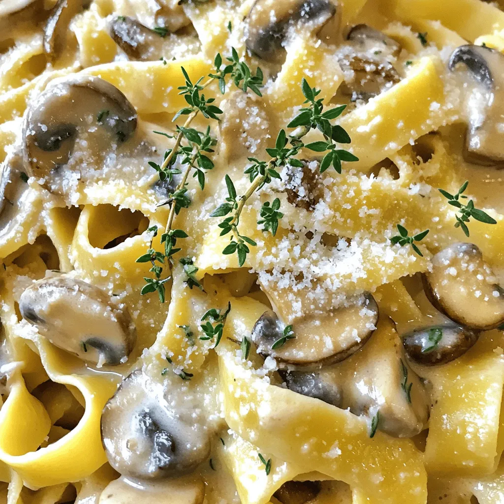 - 250g tagliatelle pasta - 200g mixed mushrooms (e.g., cremini, shiitake, and oyster), sliced - 1 medium onion, finely chopped - 3 cloves garlic, minced - 300ml heavy cream - 1 tablespoon olive oil - 1 tablespoon fresh thyme, chopped (or 1 teaspoon dried thyme) - 50g grated Parmesan cheese - Salt and pepper to taste - Fresh parsley for garnish (optional) This dish shines with simple, fresh ingredients. The tagliatelle gives a nice bite and texture. Choose a mix of mushrooms for deep flavor. Each type brings its unique taste and texture. The onion and garlic add warmth to the sauce. Heavy cream makes the dish rich and smooth. Fresh thyme brightens the flavors and adds a lovely aroma. Grated Parmesan gives a salty kick that ties everything together. Don't skip the salt and pepper; they enhance each bite. Fresh parsley on top adds color and freshness. Gather these ingredients, and you’re on your way to a tasty meal. Each one plays a role in making this creamy mushroom thyme tagliatelle a delight. 1. Start by boiling a large pot of salted water. This step is very important for flavor. 2. Add the tagliatelle pasta to the boiling water. Cook it until al dente, which takes about 8-10 minutes. 3. Once cooked, drain the pasta but save a cup of the pasta water. This water helps with the sauce later. 1. In a large skillet, heat one tablespoon of olive oil over medium heat. 2. Add the finely chopped onion and sauté it for about 3-4 minutes. Wait until it turns translucent. 3. Next, add three minced garlic cloves and 200g of mixed mushrooms. Cook them together for 7-10 minutes. The mushrooms should turn golden. 4. Pour in 300ml of heavy cream and add one tablespoon of fresh thyme. Stir the mixture and let it simmer for about 5 minutes. This helps the sauce thicken nicely. 1. Now, add the cooked tagliatelle to the sauce. 2. If the sauce seems too thick, add a splash of the reserved pasta water. This helps combine everything. 3. Stir in 50g of grated Parmesan cheese. Season with salt and pepper to taste. 4. Cook the mixture for an additional 2 minutes. This ensures everything is heated through and ready to serve. Enjoy your Creamy Mushroom Thyme Tagliatelle hot! To prevent curdling, keep the heat low. High heat can cause the cream to separate. Always stir the sauce gently and avoid boiling it. Cook the pasta just until al dente. This means it should still have a bite. For tagliatelle, this usually takes about 8-10 minutes. Don’t forget to reserve some pasta water. It helps adjust the sauce later. For leftovers, store the pasta and sauce separately. This keeps the pasta from getting too soggy. Use airtight containers and place them in the fridge. They will last about 2-3 days. To reheat, add a splash of cream or pasta water. Heat on low in a skillet. Stir until warm. This way, you keep the sauce creamy and smooth. You can boost flavor with extra herbs, like basil or oregano. A pinch of red pepper flakes can add a nice kick. If you want to swap cheese, try using nutritional yeast for a vegan option. It gives a cheesy flavor without dairy. You can also use a mix of ricotta and feta for a tangy twist. {{image_2}} You can change the flavor by using different mushrooms. Wild mushrooms like chanterelles or morels add a unique taste. They can make your dish feel fancy and special. If you can't find mushrooms, try zucchini or eggplant. Both give great texture and soak up the sauce well. If you want a vegetarian version, use plant-based cream. Coconut cream or cashew cream works nicely. They add creaminess without dairy. For a vegan option, swap Parmesan cheese for nutritional yeast. It adds a cheesy flavor without any animal products. You can also try vegan cheese shreds if you like. Want to add protein? Chicken or shrimp pairs well with this dish. Cook them separately and add them in before serving. If you want to keep it simple, use pre-cooked proteins. Just toss them in at the end to heat through. This makes your meal filling and tasty. How long does it last in the fridge? Creamy Mushroom Thyme Tagliatelle keeps well for 3 to 4 days in the fridge. Store it in an airtight container to maintain its freshness. Best storage containers are glass or BPA-free plastic. These containers keep the pasta safe and tasty. Avoid metal containers, as they can react with the cream. Can you freeze tagliatelle? Yes, you can freeze this dish. However, the texture may change once thawed. The creamy sauce can separate, but it will still taste good. Tips for reheating frozen pasta include thawing it in the fridge overnight. Reheat it in a skillet over low heat. If the sauce seems thick, add a splash of cream or reserved pasta water to loosen it up. Stir gently until warm. You can enjoy this dish with a few simple sides: - Garlic bread: This adds a nice crunch and flavor. - Side salad: A fresh salad with greens and tomatoes works well. - Steamed vegetables: Broccoli or green beans add color and nutrition. For drinks, I suggest pairing it with: - White wine: A crisp Sauvignon Blanc enhances the creaminess. - Sparkling water: This option refreshes the palate without overpowering the dish. Yes, you can prepare this meal in advance. Here’s how: - Cook the pasta: You can cook the tagliatelle and let it cool. - Make the sauce: Prepare the creamy sauce separately and store it in the fridge. To store, use airtight containers. Keep pasta and sauce apart. This keeps the pasta from getting soggy. You can easily swap the pasta. Here are some options: - Gluten-free tagliatelle: Many brands offer this in stores. - Rice noodles: These are a great substitute for a different texture. For the recipe, just follow the same steps. Make sure to check the cooking time for your chosen pasta. This blog post covered how to make a delicious Creamy Mushroom Thyme Tagliatelle. We explored the best ingredients, easy steps, and useful tips. You learned how to prepare the pasta and sauce, plus variations for different diets. Storage tips ensure your meal stays fresh. Enjoy this dish with your favorite sides or wine. It's simple to make and perfect for sharing. With these ideas, you can impress anyone at your table. Happy cooking!