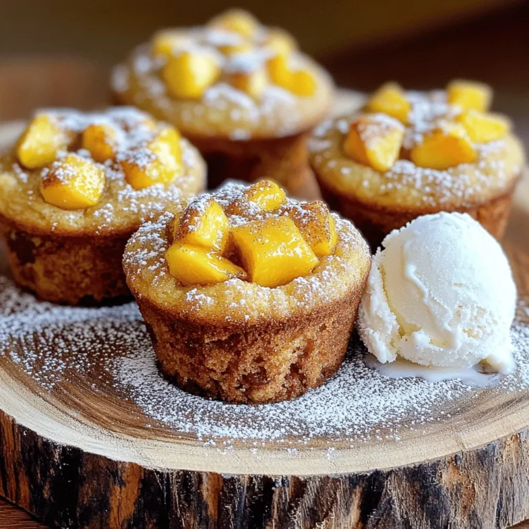 For these bakery-style peach cobbler muffins, you need: - 2 cups all-purpose flour - 1 tablespoon baking powder - 1/2 teaspoon baking soda - 1/2 teaspoon salt - 1/2 teaspoon ground cinnamon - 1/2 cup unsalted butter, melted and cooled - 1 cup granulated sugar - 2 large eggs - 1 teaspoon vanilla extract - 1 cup buttermilk - 2 cups fresh peaches, peeled and diced (or canned peaches, drained) - 1/2 cup brown sugar, for topping - 1 tablespoon cornstarch, for topping If you don't have some ingredients, try these: - Use whole wheat flour instead of all-purpose flour for a heartier muffin. - Swap buttermilk with regular milk mixed with a teaspoon of vinegar. - If you lack unsalted butter, use salted butter but reduce added salt. - You can replace fresh peaches with frozen peaches; just thaw them first. To choose the best peaches, look for these signs: - Pick peaches that are firm but slightly soft to touch. - Look for a rich golden hue, indicating ripeness. - Avoid peaches with bruises or dark spots. - Smell the peach; a sweet aroma means it’s ripe and ready to eat. Using fresh peaches makes a big difference in taste. The juiciness adds a lovely flavor to your muffins. Start by setting your oven to 350°F (175°C). This warm temperature helps muffins rise well. Next, prepare your muffin tin. You can use paper liners or spray it with non-stick spray. This step stops the muffins from sticking. It also makes cleanup easier. A good prep sets you up for success! In a large bowl, whisk together the dry ingredients. Combine 2 cups of all-purpose flour, 1 tablespoon of baking powder, 1/2 teaspoon of baking soda, 1/2 teaspoon of salt, and 1/2 teaspoon of ground cinnamon. Whisk them until they blend well. This mix gives your muffins structure and flavor. Properly mixing ensures even baking. In another bowl, mix the wet ingredients. Start with 1/2 cup of melted butter and 1 cup of granulated sugar. Stir them until smooth. Then, add 2 large eggs, one by one. Make sure to beat well after each egg. After that, mix in 1 teaspoon of vanilla extract and 1 cup of buttermilk. This mixture adds moisture and richness to your muffins. Now, it’s time to bring everything together. Gradually add the dry mix to the wet mix. Alternate with the buttermilk, mixing until just combined. Do not overmix; this helps keep your muffins tender. Next, gently fold in 2 cups of diced peaches. This step ensures the peaches spread throughout the batter. In a small bowl, mix 1/2 cup of brown sugar with 1 tablespoon of cornstarch for the topping. Fill each muffin cup about two-thirds full with batter. Sprinkle the brown sugar mix over the top. Bake your muffins for 20-25 minutes. They should turn golden brown. A toothpick should come out clean from the center. Let them cool in the pan for about 5 minutes. Then, transfer them to a wire rack. Enjoy them warm for the best taste! To get soft and fluffy muffins, focus on your mixing. Mix dry and wet ingredients separately first. Then, combine them just until they are mixed. Lumps are okay. Overmixing can lead to tough muffins. Another tip is to fold in the peaches gently. This keeps the batter light and airy. One common mistake is not measuring the flour correctly. Too much flour can make your muffins dry. Use the spoon and level method for best results. Also, don’t skip the buttermilk; it adds moisture and flavor. Lastly, avoid opening the oven door while baking. This can cause your muffins to sink. Spices can take your peach cobbler muffins to the next level. Cinnamon is a great choice, but you can add nutmeg or ginger too. Just a pinch can boost the flavor. You might also try a dash of almond extract for a unique twist. Experiment with small amounts to find what you like best. {{image_2}} You can mix it up with other fruits. Try using berries like blueberries or raspberries. Apples also work great if you want a twist. Just chop them small, and fold them into the batter like you do with peaches. Each fruit brings its own flavor, making your muffins unique and tasty. Want to make vegan peach cobbler muffins? It’s easy! Replace the eggs with flax eggs. To make a flax egg, mix one tablespoon of flaxseed meal with three tablespoons of water. Let it sit for five minutes to thicken. Use plant-based milk instead of buttermilk. Almond or soy milk works well. You can also use coconut oil instead of butter. Your muffins will still be soft and delicious! For gluten-free muffins, swap out regular flour for a gluten-free blend. Look for blends that work in baking. They often have a mix of rice flour, almond flour, or potato starch. Adjust the liquid slightly if needed, as gluten-free flour can absorb more moisture. The muffins will still be fluffy and full of flavor. Enjoy a guilt-free treat! To keep your peach cobbler muffins fresh, store them in an airtight container. This will lock in moisture. Place a paper towel at the bottom of the container. This absorbs any extra moisture. You can keep them at room temperature for up to three days. If you want them to last longer, consider freezing. Freezing muffins is easy and a great way to save them for later. First, let the muffins cool completely. Wrap each muffin in plastic wrap. Then, place them in a freezer bag. Squeeze out as much air as you can. You can freeze them for up to three months. When you're ready, just take out what you need. To enjoy your muffins again, reheat them for the best taste. Preheat your oven to 350°F (175°C). Place the muffins on a baking sheet. Heat them for about 10 minutes. This warms them through and keeps them soft. You can also microwave them for about 15-20 seconds. Enjoy them warm for a fresh-baked taste! Yes, you can use canned peaches. Just make sure to drain them well. Canned peaches can save time and still taste good. Fresh fruit gives a better texture and flavor, but canned will work in a pinch. Peach cobbler muffins last up to three days when stored properly. Keep them in an airtight container at room temperature. For longer storage, consider freezing them. Just make sure to cool them completely before freezing. Serve peach cobbler muffins warm for the best taste. They pair well with a scoop of vanilla ice cream. You can also dust them with powdered sugar for a nice touch. Enjoy them with a cup of coffee or tea for a cozy treat. In this post, we explored how to make delicious peach cobbler muffins. We covered the key ingredients, how to prep and bake, and tips for the best results. Remember to pick fresh peaches and avoid common mistakes. Try out variations for new flavors, and practice good storage to keep your muffins fresh. I hope you feel ready to make your own batch of tasty peach cobbler muffins. Enjoy baking!