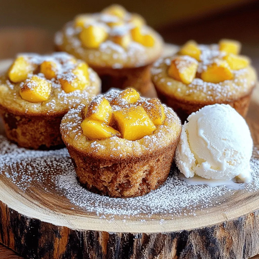 For these bakery-style peach cobbler muffins, you need: - 2 cups all-purpose flour - 1 tablespoon baking powder - 1/2 teaspoon baking soda - 1/2 teaspoon salt - 1/2 teaspoon ground cinnamon - 1/2 cup unsalted butter, melted and cooled - 1 cup granulated sugar - 2 large eggs - 1 teaspoon vanilla extract - 1 cup buttermilk - 2 cups fresh peaches, peeled and diced (or canned peaches, drained) - 1/2 cup brown sugar, for topping - 1 tablespoon cornstarch, for topping If you don't have some ingredients, try these: - Use whole wheat flour instead of all-purpose flour for a heartier muffin. - Swap buttermilk with regular milk mixed with a teaspoon of vinegar. - If you lack unsalted butter, use salted butter but reduce added salt. - You can replace fresh peaches with frozen peaches; just thaw them first. To choose the best peaches, look for these signs: - Pick peaches that are firm but slightly soft to touch. - Look for a rich golden hue, indicating ripeness. - Avoid peaches with bruises or dark spots. - Smell the peach; a sweet aroma means it’s ripe and ready to eat. Using fresh peaches makes a big difference in taste. The juiciness adds a lovely flavor to your muffins. Start by setting your oven to 350°F (175°C). This warm temperature helps muffins rise well. Next, prepare your muffin tin. You can use paper liners or spray it with non-stick spray. This step stops the muffins from sticking. It also makes cleanup easier. A good prep sets you up for success! In a large bowl, whisk together the dry ingredients. Combine 2 cups of all-purpose flour, 1 tablespoon of baking powder, 1/2 teaspoon of baking soda, 1/2 teaspoon of salt, and 1/2 teaspoon of ground cinnamon. Whisk them until they blend well. This mix gives your muffins structure and flavor. Properly mixing ensures even baking. In another bowl, mix the wet ingredients. Start with 1/2 cup of melted butter and 1 cup of granulated sugar. Stir them until smooth. Then, add 2 large eggs, one by one. Make sure to beat well after each egg. After that, mix in 1 teaspoon of vanilla extract and 1 cup of buttermilk. This mixture adds moisture and richness to your muffins. Now, it’s time to bring everything together. Gradually add the dry mix to the wet mix. Alternate with the buttermilk, mixing until just combined. Do not overmix; this helps keep your muffins tender. Next, gently fold in 2 cups of diced peaches. This step ensures the peaches spread throughout the batter. In a small bowl, mix 1/2 cup of brown sugar with 1 tablespoon of cornstarch for the topping. Fill each muffin cup about two-thirds full with batter. Sprinkle the brown sugar mix over the top. Bake your muffins for 20-25 minutes. They should turn golden brown. A toothpick should come out clean from the center. Let them cool in the pan for about 5 minutes. Then, transfer them to a wire rack. Enjoy them warm for the best taste! To get soft and fluffy muffins, focus on your mixing. Mix dry and wet ingredients separately first. Then, combine them just until they are mixed. Lumps are okay. Overmixing can lead to tough muffins. Another tip is to fold in the peaches gently. This keeps the batter light and airy. One common mistake is not measuring the flour correctly. Too much flour can make your muffins dry. Use the spoon and level method for best results. Also, don’t skip the buttermilk; it adds moisture and flavor. Lastly, avoid opening the oven door while baking. This can cause your muffins to sink. Spices can take your peach cobbler muffins to the next level. Cinnamon is a great choice, but you can add nutmeg or ginger too. Just a pinch can boost the flavor. You might also try a dash of almond extract for a unique twist. Experiment with small amounts to find what you like best. {{image_2}} You can mix it up with other fruits. Try using berries like blueberries or raspberries. Apples also work great if you want a twist. Just chop them small, and fold them into the batter like you do with peaches. Each fruit brings its own flavor, making your muffins unique and tasty. Want to make vegan peach cobbler muffins? It’s easy! Replace the eggs with flax eggs. To make a flax egg, mix one tablespoon of flaxseed meal with three tablespoons of water. Let it sit for five minutes to thicken. Use plant-based milk instead of buttermilk. Almond or soy milk works well. You can also use coconut oil instead of butter. Your muffins will still be soft and delicious! For gluten-free muffins, swap out regular flour for a gluten-free blend. Look for blends that work in baking. They often have a mix of rice flour, almond flour, or potato starch. Adjust the liquid slightly if needed, as gluten-free flour can absorb more moisture. The muffins will still be fluffy and full of flavor. Enjoy a guilt-free treat! To keep your peach cobbler muffins fresh, store them in an airtight container. This will lock in moisture. Place a paper towel at the bottom of the container. This absorbs any extra moisture. You can keep them at room temperature for up to three days. If you want them to last longer, consider freezing. Freezing muffins is easy and a great way to save them for later. First, let the muffins cool completely. Wrap each muffin in plastic wrap. Then, place them in a freezer bag. Squeeze out as much air as you can. You can freeze them for up to three months. When you're ready, just take out what you need. To enjoy your muffins again, reheat them for the best taste. Preheat your oven to 350°F (175°C). Place the muffins on a baking sheet. Heat them for about 10 minutes. This warms them through and keeps them soft. You can also microwave them for about 15-20 seconds. Enjoy them warm for a fresh-baked taste! Yes, you can use canned peaches. Just make sure to drain them well. Canned peaches can save time and still taste good. Fresh fruit gives a better texture and flavor, but canned will work in a pinch. Peach cobbler muffins last up to three days when stored properly. Keep them in an airtight container at room temperature. For longer storage, consider freezing them. Just make sure to cool them completely before freezing. Serve peach cobbler muffins warm for the best taste. They pair well with a scoop of vanilla ice cream. You can also dust them with powdered sugar for a nice touch. Enjoy them with a cup of coffee or tea for a cozy treat. In this post, we explored how to make delicious peach cobbler muffins. We covered the key ingredients, how to prep and bake, and tips for the best results. Remember to pick fresh peaches and avoid common mistakes. Try out variations for new flavors, and practice good storage to keep your muffins fresh. I hope you feel ready to make your own batch of tasty peach cobbler muffins. Enjoy baking!