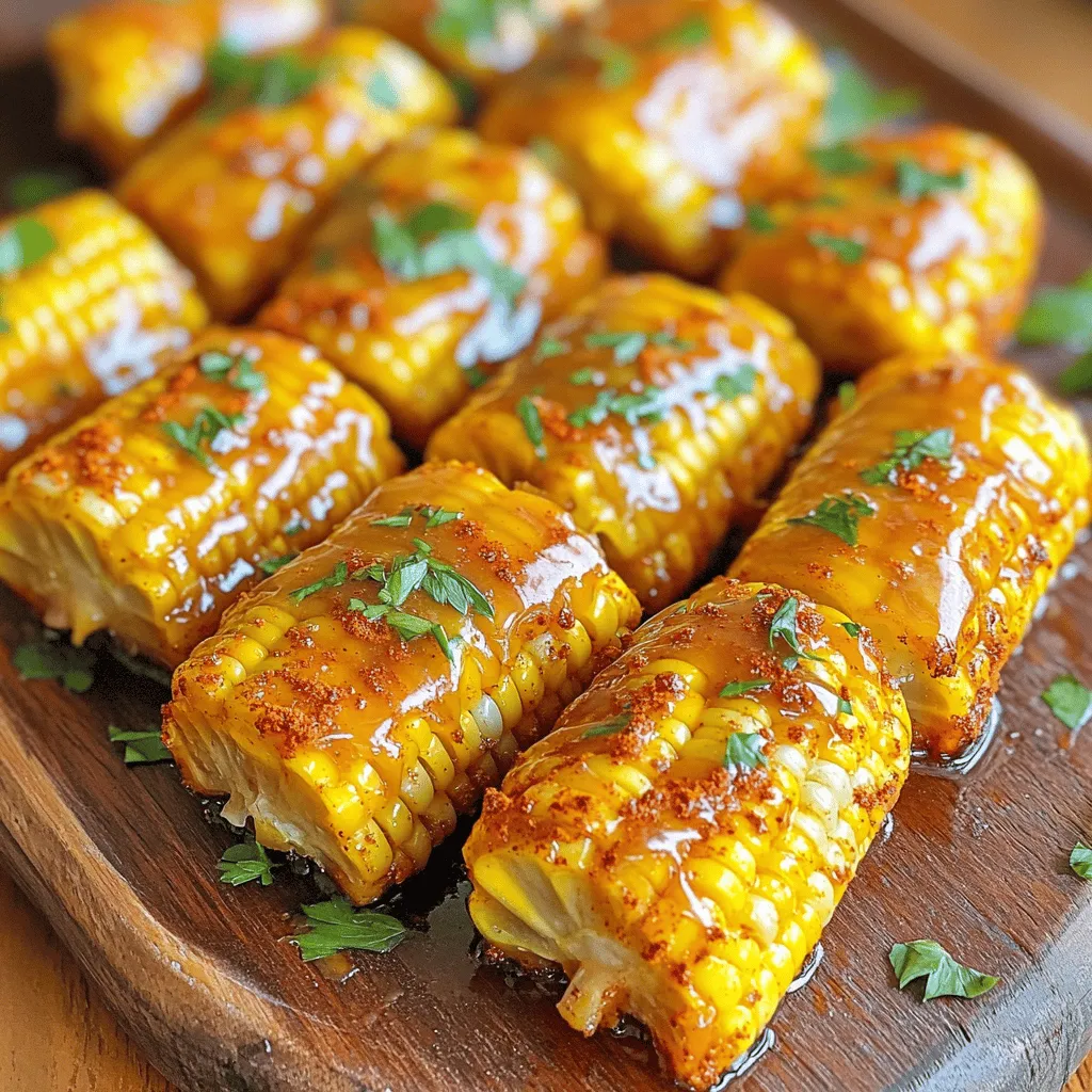- 4 ears of fresh corn - Fresh parsley, chopped (for garnish) - 1/4 cup unsalted butter, melted - 1/4 cup honey - 1 teaspoon garlic powder - 1 teaspoon smoked paprika - Salt, to taste - Pepper, to taste You need fresh corn to make these tasty corn ribs. Choose ears that are firm and bright. The sweet taste of corn shines through when cooked. Fresh parsley adds a nice touch on top. You will also need a few pantry staples. Melted unsalted butter forms the base of your honey butter. Honey adds sweetness that pairs well with corn. Garlic powder gives a savory kick. Smoked paprika adds a hint of warmth. Remember to season with salt and pepper to your liking. Mix these ingredients well to create a rich flavor. The honey butter will coat the corn beautifully. This mix brings out the best in each bite. Enjoy the sweet and savory balance in every rib! Start by cutting the corn. Stand each ear up. Use a sharp knife to slice downwards. Cut each ear into four equal pieces. This way, you get nice, rib-like sections. Make sure all pieces are about the same size. This helps them cook evenly. Next, mix the honey butter. In a bowl, combine the melted butter with honey. Stir well until they blend together. Add garlic powder, smoked paprika, salt, and pepper. Mix again until all the spices are well combined. This mix adds a rich flavor to the corn. Now, it’s time to cook. Preheat your air fryer to 400°F (200°C) for five minutes. While it heats, brush each corn rib with the honey butter mix. Make sure to coat them well for full flavor. Then, place the corn ribs in the air fryer basket. Arrange them in a single layer. If needed, cook in batches. Cook the corn ribs for 10 to 12 minutes. Flip them halfway through. This helps them become golden and crispy. After cooking, take them out and brush with any leftover honey butter mix. This step gives them extra flavor. Finally, garnish with fresh parsley. Serve hot and enjoy! To make great corn ribs, start with fresh corn. Look for ears that are bright green and firm to the touch. The kernels should be plump and milky when you bite them. Cutting the corn safely is key. Stand the corn upright on a cutting board. Use a sharp knife to slice downwards. Go slowly to ensure you don’t slip. Each ear should yield about four pieces. You can customize the honey butter mix to your taste. Add more honey for sweetness or extra garlic powder for a kick. Don’t be afraid to experiment with spices. Adjust salt and pepper to your liking for the best flavor. Monitor cooking times closely. Air fry for 10-12 minutes, flipping halfway. Check for a golden color and slight crispiness on the edges. If they need more time, keep cooking in short bursts. This way, you’ll get the best texture from your corn ribs. {{image_2}} You can make your corn ribs even tastier with some fun twists. One option is a spicy honey butter. To add heat, mix in some cayenne pepper or red pepper flakes. Start with a pinch and taste as you go. This will give you a nice kick without overpowering the sweet honey. Another way to boost flavor is by adding cheese. After air frying, sprinkle some crumbled feta or Parmesan cheese on top. The cheese will melt slightly and add a creamy touch. It pairs perfectly with the sweet and spicy notes of the corn. Serving your corn ribs can be as creative as you want. Consider pairing them with dips like ranch or spicy mayo. These dips add more flavor and make it fun to eat. You can also serve them alongside grilled meats or fresh salads. For garnishes, fresh herbs like cilantro or chives work well. You can chop them finely and sprinkle them on top. This adds color and a fresh taste. A drizzle of extra honey can also enhance the look and flavor. Enjoy these fun serving ideas for a memorable dish! To store your leftover corn ribs, use an airtight container. Glass or plastic containers both work well. Keep the corn ribs in the fridge for up to three days. When you are ready to eat them again, reheat the ribs in the air fryer. Set the temperature to 350°F (175°C) and heat for about 5 minutes. This makes them crispy again and brings back their flavor. If you want to freeze corn ribs, start by letting them cool completely. Next, wrap each rib in plastic wrap. Then, place them in a freezer-safe bag or container. This keeps them fresh and prevents freezer burn. You can freeze the corn ribs for up to three months. When ready to use, take them out and thaw in the fridge overnight. Once thawed, reheat them in the air fryer. This way, they stay tasty and crispy. Yes, you can use frozen corn. It’s a great option if fresh corn is not available. Here are some tips for using frozen corn: - Thaw the corn first before cutting it into ribs. This helps the corn cook evenly. - Pat the corn dry to remove excess moisture. This will help it crisp up better. - Use the same honey butter mix. The flavors will still shine through. These corn ribs pair well with many dishes. Here are some great ideas: - Serve them as a side with grilled meats. They complement chicken or steak nicely. - Add them to a summer salad for extra flavor. - Pair them with your favorite dipping sauce. Ranch or garlic aioli works well. - Enjoy them alongside other vegetables or corn dishes for variety. To make more corn ribs, follow these steps: - Simply multiply the ingredients by the number of servings you need. For example, if you want to serve 8, use 8 ears of corn. - Keep the cooking time similar. Just check for doneness a bit earlier. - Cook in batches if your air fryer is small. Do not overcrowd the basket for best results. This blog post shared all you need to know about making air fryer honey butter corn ribs. From fresh ingredients to pantry staples, you learned how to prepare and cook them perfectly. I included tips to achieve the best flavor and texture. You can also explore fun variations and serving ideas. I hope you feel inspired to try this tasty recipe. Whether for a snack or side dish, these corn ribs are sure to impress. Enjoy your culinary adventure!