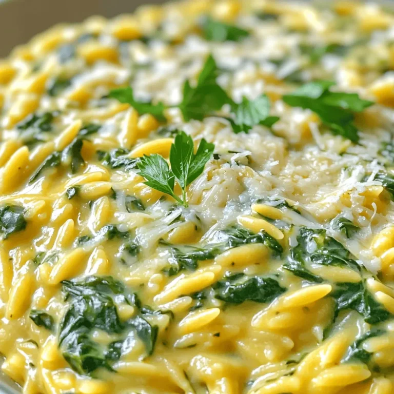 - 1 cup orzo pasta - 2 cups fresh spinach, roughly chopped - 1 cup vegetable broth - 1 cup heavy cream - 1 cup grated Parmesan cheese - 2 cloves garlic, minced - 2 tablespoons olive oil - Salt and pepper to taste - 1/4 teaspoon nutmeg (optional) - Fresh parsley, chopped (for garnish) - For orzo, you can use any small pasta if you run out. - Fresh spinach gives the best taste, but frozen works too. Just thaw it first. - If you need a lighter dish, swap heavy cream for half-and-half. - Nutmeg adds warmth but is not a must-have. You can skip it if you want. - For a dairy-free option, try using cashew cream and nutritional yeast instead of cheese. - A large pot or saucepan for cooking - A wooden spoon for stirring - A measuring cup for the liquids - A chef's knife for chopping spinach and garlic - A cutting board for prep work - A serving bowl to present your dish nicely 1. Start by heating 2 tablespoons of olive oil in a large pot over medium heat. 2. Add 2 cloves of minced garlic to the oil. Sauté for about 1 minute until it smells great. 3. Next, pour in 1 cup of orzo pasta. Toast it for 2-3 minutes while stirring. Look for a slight golden color. 4. Now, add 1 cup of vegetable broth to the pot. Bring it to a boil and then lower the heat. 5. Stir in 1 cup of heavy cream after the broth boils. Allow this mixture to simmer gently. 6. Add 2 cups of roughly chopped spinach and 1 cup of grated Parmesan cheese. Stir until the spinach wilts and the cheese melts. 7. Season with salt, pepper, and a pinch of nutmeg if you want. This will boost the flavors. 8. Finally, take the pot off the heat and let it sit for a few minutes. This helps the dish thicken. - Heating oil: 1 minute - Sautéing garlic: 1 minute - Toasting orzo: 2-3 minutes - Cooking orzo in broth: 8-10 minutes - Simmering with cream: 2-3 minutes - Adding spinach and cheese: 1-2 minutes - Resting time: 2-3 minutes - When you sauté garlic, it should be fragrant but not burnt. - The orzo will turn a light golden color when toasted. - Look for the broth to bubble when you add it, then reduce to a simmer. - The spinach will wilt quickly. The sauce should look creamy and smooth once the cheese melts. - If the dish thickens slightly after resting, you’ll know it's ready to serve. To make orzo creamy, use heavy cream. It gives the dish a rich texture. Stir the cream in slowly after cooking the orzo. This helps it blend well. You can also add some extra cheese for more creaminess. Parmesan melts nicely and adds flavor. If you want a lighter version, use half-and-half or milk. Just know it will be less rich. Adding spices boosts the flavor of your orzo. Salt and pepper are a must. For a warm touch, add nutmeg. Fresh herbs like parsley or basil add a nice pop of green. Garlic is also key; it brings a lovely aroma. You can even try crushed red pepper for heat. Mix and match to find what you love best! One mistake is not stirring enough. This can cause the orzo to stick to the pot. Always stir while cooking to keep it loose. Another mistake is overcooking the orzo. It should be al dente, which means firm to the bite. Lastly, don’t skip the resting time after cooking. This allows the dish to thicken and develop more flavor. {{image_2}} You can change up this dish with tasty add-ins. For protein, try chicken or shrimp. Both cook quickly and mix well with the creamy orzo. If you want more veggies, add broccoli or bell peppers. These add color and nutrients. You can also use frozen peas for a quick option. They cook fast and add sweetness. If you follow a vegan diet, swap out heavy cream with coconut cream. Use nutritional yeast instead of Parmesan for a cheesy flavor. For a gluten-free option, replace orzo with quinoa or gluten-free pasta. Both options have a nice texture. Check the labels to ensure they fit your needs. You can experiment with sauces for new flavors. Try adding pesto for a fresh taste. Mix in some marinara for a tangy twist. For a spicy kick, stir in some sriracha or chili flakes. Each sauce gives the dish a unique flair. Don't hesitate to mix and match to find your favorite! To store your creamy Parmesan spinach orzo, first let it cool. Place it in an airtight container. Make sure to seal it well to keep out air. You can keep it in the fridge for up to three days. If you want to save it for longer, freezing is a great option. When you reheat the orzo, do it slowly. Use a pot on low heat for best results. Add a splash of vegetable broth or cream to keep it creamy. Stir often to keep it from sticking. This helps the texture stay nice and smooth. You can also use a microwave. Heat it in short bursts, stirring in between. To freeze the orzo, use a freezer-safe container. Scoop the orzo into portions. Leave a bit of space at the top for expansion. It can last for up to three months in the freezer. When you’re ready to eat, thaw it overnight in the fridge. Then, reheat as mentioned above. This way, your dish stays tasty and fresh! Yes, you can use other pasta types. Orzo is small and cooks fast. If you use larger pasta, cooking times will change. Try using farfalle or penne. Just make sure to adjust the cooking time as needed. You want the pasta to be al dente. To make this dish vegetarian, simply use vegetable broth. The recipe already uses spinach, which is great. You can also add more veggies, like mushrooms or bell peppers. Swap out the heavy cream for a plant-based cream if needed. This dish pairs well with many sides. A fresh salad is a great choice. Garlic bread also complements the creamy orzo nicely. If you want protein, grilled chicken or shrimp works well too. Enjoy it with a glass of white wine for a special touch. This post covered the key ingredients, steps, and tips for making creamy orzo. You learned about vital substitutes and kitchen tools. Following the cooking steps ensures great results with rich flavor. Avoid common mistakes to make the dish perfect every time. With variations like proteins or sauces, you can customize it easily. Don't forget how to store and reheat leftovers effectively. Now, you're ready to create a delicious creamy orzo dish that will impress everyone! Enjoy your cooking!