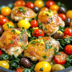 To make the Mediterranean Lemon Chicken Skillet, you need just a few simple items. Here’s what you will need: - 4 boneless, skinless chicken thighs - 2 tablespoons olive oil - 3 cloves garlic, minced - 1 lemon (zested and juiced) - 1 teaspoon dried oregano - 1 teaspoon smoked paprika - Salt and pepper to taste - 1 cup cherry tomatoes, halved - 1 cup kalamata olives, pitted and halved - 1 cup baby spinach - Fresh parsley, chopped (for garnish) Each ingredient adds a special taste. The chicken thighs provide a juicy base. Olive oil ensures everything cooks well and adds flavor. Garlic brings a strong aroma that fills your kitchen. The lemon zest and juice give a bright and fresh taste. Oregano and smoked paprika add depth. The tomatoes and olives bring sweetness and saltiness. Finally, baby spinach adds a nice color and nutrition. Gather these ingredients, and you are ready to cook! - Preheat a large skillet over medium-high heat. - Add 2 tablespoons of olive oil and let it heat. - While the oil heats, season your 4 chicken thighs with salt, pepper, oregano, and smoked paprika. - When the oil is hot, place the chicken thighs in the skillet. Sear each side for 5-7 minutes. - Look for a golden brown color. The chicken should reach 165°F (75°C) inside. - Once cooked, remove the chicken and set it aside. - In the same skillet, add 3 minced garlic cloves. Sauté for about 30 seconds. - Be careful not to burn the garlic; it should smell great. - Next, add 1 cup of halved cherry tomatoes and 1 cup of halved kalamata olives. Stir together. - Cook for 2-3 minutes until the tomatoes soften. - Pour in the juice of 1 lemon and add the lemon zest. Stir well to coat the vegetables. - Return the cooked chicken to the skillet. Add 1 cup of baby spinach on top. - Cook for another 2-3 minutes until the spinach wilts down. - Taste your dish and adjust seasoning with more salt and pepper if needed. - Remove the skillet from heat. - Sprinkle fresh chopped parsley on top for garnish before serving. To get a nice sear on chicken, heat the skillet properly. Use medium-high heat and add olive oil. This helps the chicken brown well. Cook the chicken thighs for about 5-7 minutes on each side. They should look golden brown when done. The internal temperature for chicken thighs should reach 165°F (75°C). This ensures they are safe to eat. Garlic and lemon are key for flavor in this dish. Use fresh garlic for a strong taste. Add it to the skillet and sauté for about 30 seconds. Be careful not to burn it. The lemon juice and zest brighten the dish. Mix them in after adding the tomatoes and olives. For extra flavor, try adding herbs like thyme or rosemary. You can also use spices like cumin for a twist. This dish pairs well with side dishes like rice or couscous. A simple green salad also works nicely. For wine, a crisp white wine like Sauvignon Blanc is a good match. It complements the lemon and chicken flavors well. Enjoy your meal with these tasty options! {{image_2}} You can swap chicken thighs for chicken breasts if you prefer. Breasts are leaner, but they can dry out. For a vegetarian version, use firm tofu or chickpeas. Both options soak up flavor well and make a great meal. Add different spices to change the taste. Try cumin or coriander for a new twist. You can also include fresh herbs like basil or dill. For vegetables, use bell peppers or zucchini. They add color and crunch to the dish. Oven-baking is a great option for a hands-off approach. Just place the seasoned chicken in a baking dish. Bake at 400°F for about 25-30 minutes. You can also grill the chicken outside. It gives a nice smoky flavor, perfect for summer gatherings. To store leftovers, let the dish cool down first. Place the Mediterranean Lemon Chicken Skillet in airtight containers. This helps keep the chicken moist and fresh. You can use glass or plastic containers. They should be safe for the fridge. When you reheat, use the stovetop or microwave. For the stovetop, add a splash of water or broth. This keeps the chicken juicy. Heat it on low to avoid drying out. If using the microwave, cover the dish. This traps steam and helps reheat evenly. You can add a squeeze of fresh lemon juice. This refreshes the flavors and brings back that bright taste. Yes, you can freeze the Mediterranean Lemon Chicken Skillet. Make sure it cools before you freeze it. Place it in freezer-safe containers or bags. Remove as much air as possible to prevent freezer burn. When ready to eat, thaw it in the fridge overnight. Reheat it gently on the stovetop or in the microwave. This way, you’ll enjoy the flavors just like fresh! You can serve this dish with rice or quinoa. Both soak up the tasty juices. A simple green salad pairs well too. You can also add warm pita bread for extra flavor. For a heartier meal, consider roasted potatoes. Yes, you can use chicken breast or drumsticks. Keep in mind that cooking time may change. Make sure all cuts reach an internal temperature of 165°F. Thighs give great flavor, but breasts work well too. Use a meat thermometer to check the chicken's internal temperature. It should reach 165°F (75°C). If you don’t have a thermometer, cut into the thickest part. The meat should be white with no pink inside. You can add bell peppers, zucchini, or artichokes for extra color and taste. Carrots or green beans also work well. Feel free to mix in your favorites. Just remember to adjust cooking time if you add hard veggies. This blog post covered everything you need to make a delicious Mediterranean Lemon Chicken Skillet. We went through the key ingredients and step-by-step cooking instructions. You learned valuable tips for perfect chicken and serving ideas. We also explored variations and proper storage methods. Remember, you can adapt the recipe to fit your taste. Enjoy trying different vegetables and flavors to make it your own! Happy cooking!