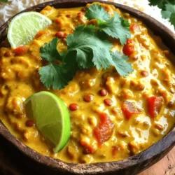- 1 cup red lentils, rinsed - 1 can (14 oz) coconut milk - 1 medium onion, finely chopped - 2 garlic cloves, minced - 1-inch piece of ginger, grated - 1 tablespoon curry powder - 1 teaspoon turmeric powder - 1 teaspoon cumin seeds - 1 can (14 oz) diced tomatoes - 2 cups vegetable broth - 1 cup spinach leaves, roughly chopped - 2 tablespoons coconut oil - Salt and pepper to taste - Fresh cilantro for garnish - Lime wedges for serving The main ingredients in this creamy coconut lentil curry create a rich, warm dish. I love using red lentils because they cook quickly and become soft. The coconut milk adds creaminess and a hint of sweetness. Fresh onions, garlic, and ginger give the curry depth and warmth. The spices make this dish shine. Curry powder brings a mix of flavors, while turmeric gives a beautiful golden color. Cumin seeds add an earthy touch. Diced tomatoes provide acidity and balance the creaminess of the coconut milk. Spinach adds a burst of color and nutrients. - Calories per serving: About 350 - Macronutrient breakdown: - Carbs: 45g - Protein: 15g - Fat: 12g - Health benefits of main ingredients: - Lentils are high in fiber and protein. - Coconut milk provides healthy fats. - Spinach is rich in vitamins A and C. This dish is not just tasty; it's also good for you. The lentils give you energy, while the coconut milk keeps your skin healthy. Spinach is great for your eyes and bones. - Vegan and gluten-free attributes: This curry fits well in a vegan diet. It has no dairy or gluten. - Suitable for meal prep: You can make this curry ahead of time. It tastes even better the next day! Store it in the fridge for up to five days. It’s perfect for quick meals during busy weeks. These ingredients and their health benefits make this creamy coconut lentil curry a smart choice for any meal. - Rinse 1 cup of red lentils under cold water. - Finely chop 1 medium onion. - Mince 2 garlic cloves. - Grate a 1-inch piece of ginger. - Roughly chop 1 cup of spinach leaves. These steps get you ready to make a great dish. Rinsing lentils removes dirt and helps them cook well. Chopping onion, garlic, and ginger brings out their flavors. Fresh spinach adds color and nutrients. - Heat 2 tablespoons of coconut oil in a large pot over medium heat. - Add 1 teaspoon of cumin seeds and sauté for about 30 seconds. - Cook the chopped onion for 5-7 minutes until soft and translucent. - Stir in the minced garlic and grated ginger for 1-2 minutes until fragrant. - Sprinkle in 1 tablespoon of curry powder and 1 teaspoon of turmeric. - Pour in 1 can of diced tomatoes and cook for 3-4 minutes. - Add the rinsed lentils, 2 cups of vegetable broth, and 1 can of coconut milk. - Bring it to a gentle boil, then lower the heat, cover, and let it simmer for 25-30 minutes. - Just before serving, stir in the chopped spinach for 2-3 minutes. These cooking steps are simple but full of flavor. Sautéing the spices first wakes up their taste. Simmering the lentils makes them tender and creamy. The spinach wilts quickly, adding freshness. - Serve the curry in deep bowls, garnished with fresh cilantro. - Add lime wedges on the side for a zesty finish. - Pair the curry with steamed rice or warm naan. These tips help make your dish look great. Fresh cilantro adds color and flavor. Lime gives a tangy burst that brightens the curry. Rice or naan makes the meal complete and satisfying. - Ensuring lentils cook evenly: Rinse your lentils well before cooking. This step removes dirt and helps them cook better. Soak them for 15-30 minutes if you want faster cooking. Keep an eye on the pot while it simmers. Stirring helps lendils cook evenly. - Managing spice levels: Want to adjust the heat? Start with less curry powder. You can always add more later. If it gets too spicy, add a little more coconut milk to cool it down. - Suggestions for additional spices: Try adding a pinch of cinnamon or cardamom for warmth. A dash of chili powder can bring extra heat. Experiment with flavors that you love. - Using fresh herbs versus dried: Fresh herbs like cilantro bring bright flavor. Add them right before serving. Dried herbs are potent, so use less. They work well if fresh herbs aren't available. - Overcooking lentils: Keep an eye on the time. Lentils can turn mushy if cooked too long. They should be tender but still hold their shape. - Not sautéing spices long enough: Blooming spices is key to flavor. Don’t rush this step. Cook spices for at least one minute to release their full aroma. This makes your curry taste rich and bold. {{image_2}} You can switch the red lentils for other lentils or beans. Green lentils add a firmer texture. Chickpeas can also work well, giving a hearty bite. If you're looking for creaminess, try using cashew cream instead of coconut milk. This change keeps the dish rich while adding a nutty flavor. To change the flavor, you can use different curry pastes. Thai red or green curry paste can add a fresh twist. You can also try adding fresh vegetables like bell peppers or carrots. These veggies not only boost taste but also add color and nutrition to the dish. You can serve this curry with different grains. Quinoa or bulgur wheat can be great alternatives to rice. If you prefer a lighter meal, add more broth to make it soup-like. This way, you can enjoy it with crusty bread or over a bed of greens. To store leftovers, let the curry cool first. Place it in an airtight container. This keeps it fresh and tasty. In the fridge, your creamy coconut lentil curry lasts about 3 to 5 days. Check for any off smells or changes in color before eating. Freezing is a great way to save this dish. Use a freezer-safe container, leaving space for expansion. The curry can stay fresh for up to 3 months in the freezer. For thawing, move it to the fridge overnight. You can also thaw it in the microwave. When reheating, use low heat on the stove. Stir often to make sure it heats evenly. For meal prep, use clear glass containers. They help you see what’s inside. Portion out the curry into single servings. This makes it easy to grab when you're hungry. Consider adding a side of rice or naan to each container for a full meal. I recommend using red lentils for this curry. They cook fast and break down nicely. This makes the curry thick and creamy. Other lentils, like green or brown, can work, but they take longer to cook and stay whole. Red lentils also soak up flavors well, making your dish taste great. Absolutely! If you want more heat, add fresh chili peppers. You can also use cayenne pepper or chili powder. Start with a small amount, then taste and adjust. Another tip is to add a dash of hot sauce when serving. This gives you control over the spice level. To thicken your curry, let it simmer longer. This allows the lentils to break down more. If you want it thicker right away, mash some lentils with a fork. You can also add a bit more coconut milk for creaminess. Just stir it in until you reach the right texture. Yes, you can! Making this curry ahead of time helps the flavors blend. Just cook it and let it cool. Store it in an airtight container in the fridge for up to three days. When you're ready to eat, just reheat it on the stove. Add a splash of water if it’s too thick. This coconut lentil curry is simple, tasty, and healthy. You now know the key ingredients, cooking steps, and ways to customize the dish. Remember, cooking should be fun, so don’t be afraid to try new flavors or adjust the spice level. With its vegan and gluten-free nature, this meal fits many diets. Enjoy experimenting with storage tips and meal prep ideas to make this dish your own. Dive in, share with friends, and savor every bite!