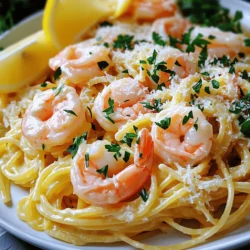 To make this creamy lemon butter shrimp pasta, gather these items: - 8 oz spaghetti or linguine - 1 lb large shrimp, peeled and deveined - 3 tablespoons unsalted butter - 3 cloves garlic, minced - Zest of 1 lemon - 1 cup heavy cream - 1/2 cup grated Parmesan cheese - Salt and pepper to taste - Fresh parsley, chopped (for garnish) - Lemon wedges (for serving) These ingredients come together to create a rich and tasty dish. The shrimp gives a sweet and briny flavor. The lemon zest adds a bright note that cuts through the cream. Adding garnishes can elevate the dish: - Extra Parmesan cheese - Crushed red pepper flakes for a spicy kick - Fresh basil or chives for a pop of color These optional garnishes add more flavor and visual appeal. You can mix and match to match your taste. While spaghetti and linguine are great choices, feel free to try: - Fettuccine for a wider noodle - Penne for a fun bite - Whole wheat or gluten-free pasta for healthier options Choosing the right pasta can change the dish's texture. Each type brings a unique experience to your creamy lemon butter shrimp pasta. To start, bring a large pot of salted water to a boil. Add 8 ounces of spaghetti or linguine. Cook the pasta according to the package instructions until it is al dente. This usually takes about 8 to 10 minutes. Before draining, save half a cup of the pasta water. Drain the pasta and set it aside. Next, take a large skillet and melt 3 tablespoons of unsalted butter over medium heat. Add 3 cloves of minced garlic and sauté for about 30 seconds. You want to smell that garlic! Then, add 1 pound of peeled and deveined shrimp to the skillet. Season the shrimp with salt and pepper. Cook for 2 to 3 minutes on each side. The shrimp should turn pink and opaque. Once done, remove the shrimp from the skillet and set them aside. In the same skillet, lower the heat. Add the zest of one lemon and 1 cup of heavy cream. Stir continuously for about 2 to 3 minutes until the cream warms up. Then, add 1/2 cup of grated Parmesan cheese. Mix until it melts and creates a creamy sauce. Now it’s time to bring it all together. Add the drained pasta and cooked shrimp back to the skillet. Toss everything together in the creamy sauce. If the sauce seems too thick, add a bit of the reserved pasta water until you reach your desired consistency. Taste and adjust seasoning if needed. Finally, garnish with chopped fresh parsley and serve with lemon wedges on the side. To make the sauce just right, follow these steps. First, use fresh lemon zest. It adds a bright taste. Add the zest before the cream. This lets the flavors mix well. Stir the cream gently and let it warm up. Don't let it boil. If it gets too thick, use the pasta water. This will help keep it creamy. Cooking shrimp is easy if you watch the time. Heat the butter until it melts. Then, add minced garlic. The garlic should smell good but not burn. Add the shrimp next. Cook them for 2-3 minutes on each side. Look for pink and opaque shrimp. This means they are done. If overcooked, shrimp can be rubbery. So, stay close while they cook. Taste your dish as you cook. This helps you know if it needs more salt or pepper. If you want it zesty, add more lemon juice. You can also sprinkle in red pepper flakes for heat. Fresh parsley adds a nice touch, too. Always adjust based on your taste. Make it yours! {{image_2}} You can boost the health of your creamy lemon butter shrimp pasta by adding veggies. Try spinach, cherry tomatoes, or bell peppers. Just sauté them with the shrimp for a few minutes. This adds color and a fresh taste. Plus, you get extra vitamins in your meal! If you want to switch up the protein, consider using chicken or scallops. Chicken thighs work well when cooked until golden. Scallops add a sweet touch. Both options will still pair nicely with the creamy lemon sauce. You can follow the same steps as with shrimp! To change the flavor, try different herbs and spices. Adding basil or dill can give a fresh twist. You can also mix in some red pepper flakes for heat. If you love a hint of sweetness, drizzle in some honey. Each variation can make this dish uniquely yours! Store any leftover creamy lemon butter shrimp pasta in an airtight container. Let the pasta cool before sealing it. This helps keep the dish fresh. It can last in the fridge for up to three days. When you are ready to eat, check for any signs of spoilage. If it smells off or looks strange, it’s best to throw it away. To reheat, use a skillet over medium heat. Add a splash of water or some olive oil to the pan. This keeps the pasta moist while warming it up. Stir gently for about five to seven minutes. You can also microwave it. Place the pasta in a microwave-safe bowl. Cover it with a damp paper towel, and heat in 30-second intervals. Stir in between to ensure even heating. If you want to freeze the dish, it’s best to do so before adding the cream sauce. Cook the pasta and shrimp, then cool them down. Place them in a freezer-safe bag or container. When ready to eat, thaw it in the fridge overnight. Then, make the cream sauce fresh to keep that delicious taste. This method ensures the best flavor and texture when you enjoy it later. To make this dish gluten-free, use gluten-free pasta. Many brands offer great options that taste good. Check the label to ensure it meets your needs. Cook it just like regular pasta. This swap keeps the dish tasty and safe for gluten-free diets. Yes, you can use frozen shrimp. Just make sure to thaw them first. Place the shrimp in cold water for about 15-20 minutes. This method works well and keeps the shrimp juicy. After thawing, follow the same steps in the recipe for cooking. If you want a lighter option, substitute heavy cream with half-and-half. You can also use coconut cream for a dairy-free version. Another option is to blend silken tofu with a bit of water for a creamy texture. Each choice adds its own flavor but still creates a delicious sauce. Preparing the cream sauce takes about 5 minutes. After you melt the butter and add the garlic, stir in the lemon zest and cream. Keep stirring until it’s warm and creamy. It's a quick step to add rich flavor to your pasta dish. This blog post walked you through the key components of a delicious shrimp pasta dish. I shared ingredients, cooking steps, and helpful tips to make it perfect. You learned about variations and storage to maximize your meal. Remember, you can customize flavors and use different proteins based on what you prefer. Enjoy your cooking journey, and don’t hesitate to experiment. You have the tools to create something amazing!