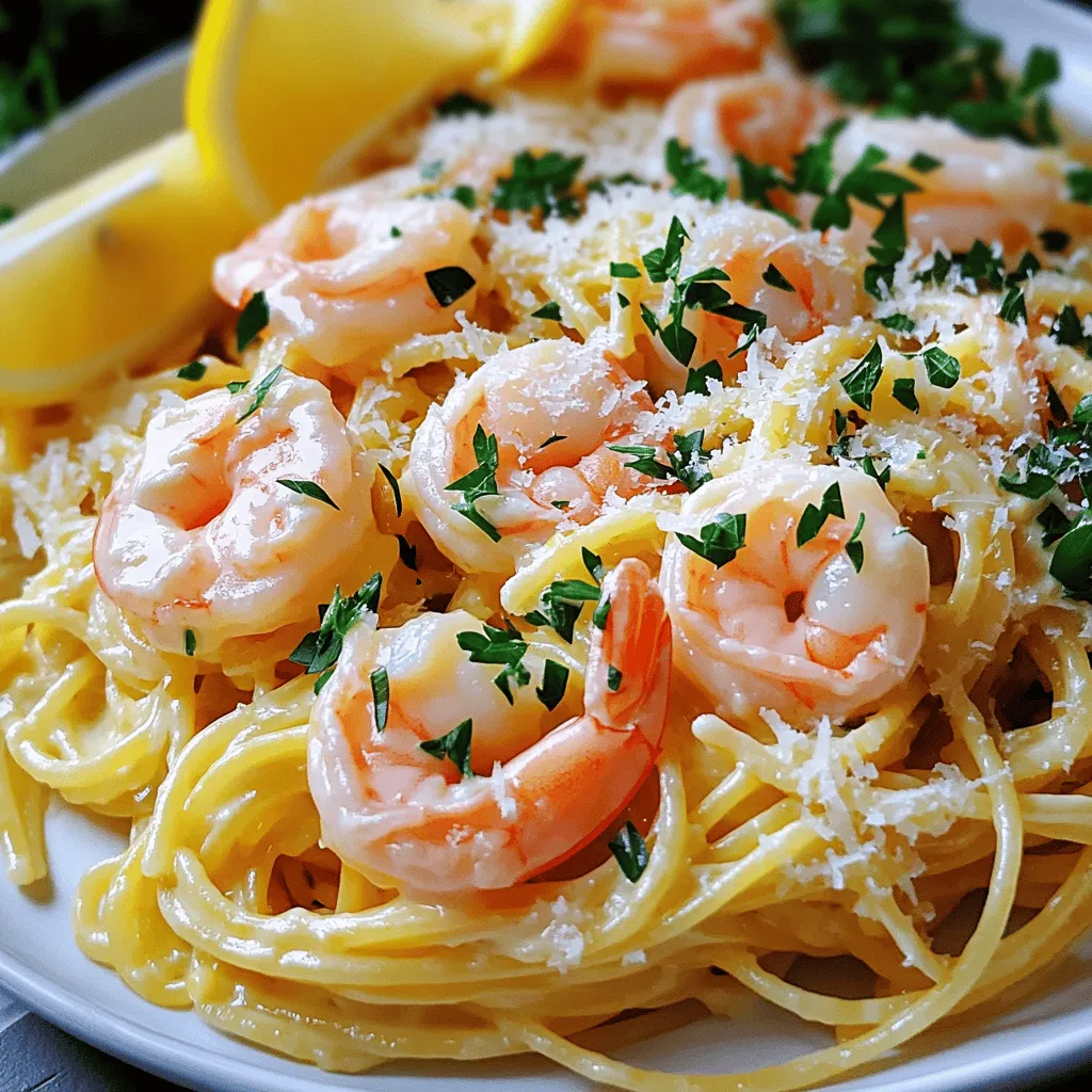 To make this creamy lemon butter shrimp pasta, gather these items: - 8 oz spaghetti or linguine - 1 lb large shrimp, peeled and deveined - 3 tablespoons unsalted butter - 3 cloves garlic, minced - Zest of 1 lemon - 1 cup heavy cream - 1/2 cup grated Parmesan cheese - Salt and pepper to taste - Fresh parsley, chopped (for garnish) - Lemon wedges (for serving) These ingredients come together to create a rich and tasty dish. The shrimp gives a sweet and briny flavor. The lemon zest adds a bright note that cuts through the cream. Adding garnishes can elevate the dish: - Extra Parmesan cheese - Crushed red pepper flakes for a spicy kick - Fresh basil or chives for a pop of color These optional garnishes add more flavor and visual appeal. You can mix and match to match your taste. While spaghetti and linguine are great choices, feel free to try: - Fettuccine for a wider noodle - Penne for a fun bite - Whole wheat or gluten-free pasta for healthier options Choosing the right pasta can change the dish's texture. Each type brings a unique experience to your creamy lemon butter shrimp pasta. To start, bring a large pot of salted water to a boil. Add 8 ounces of spaghetti or linguine. Cook the pasta according to the package instructions until it is al dente. This usually takes about 8 to 10 minutes. Before draining, save half a cup of the pasta water. Drain the pasta and set it aside. Next, take a large skillet and melt 3 tablespoons of unsalted butter over medium heat. Add 3 cloves of minced garlic and sauté for about 30 seconds. You want to smell that garlic! Then, add 1 pound of peeled and deveined shrimp to the skillet. Season the shrimp with salt and pepper. Cook for 2 to 3 minutes on each side. The shrimp should turn pink and opaque. Once done, remove the shrimp from the skillet and set them aside. In the same skillet, lower the heat. Add the zest of one lemon and 1 cup of heavy cream. Stir continuously for about 2 to 3 minutes until the cream warms up. Then, add 1/2 cup of grated Parmesan cheese. Mix until it melts and creates a creamy sauce. Now it’s time to bring it all together. Add the drained pasta and cooked shrimp back to the skillet. Toss everything together in the creamy sauce. If the sauce seems too thick, add a bit of the reserved pasta water until you reach your desired consistency. Taste and adjust seasoning if needed. Finally, garnish with chopped fresh parsley and serve with lemon wedges on the side. To make the sauce just right, follow these steps. First, use fresh lemon zest. It adds a bright taste. Add the zest before the cream. This lets the flavors mix well. Stir the cream gently and let it warm up. Don't let it boil. If it gets too thick, use the pasta water. This will help keep it creamy. Cooking shrimp is easy if you watch the time. Heat the butter until it melts. Then, add minced garlic. The garlic should smell good but not burn. Add the shrimp next. Cook them for 2-3 minutes on each side. Look for pink and opaque shrimp. This means they are done. If overcooked, shrimp can be rubbery. So, stay close while they cook. Taste your dish as you cook. This helps you know if it needs more salt or pepper. If you want it zesty, add more lemon juice. You can also sprinkle in red pepper flakes for heat. Fresh parsley adds a nice touch, too. Always adjust based on your taste. Make it yours! {{image_2}} You can boost the health of your creamy lemon butter shrimp pasta by adding veggies. Try spinach, cherry tomatoes, or bell peppers. Just sauté them with the shrimp for a few minutes. This adds color and a fresh taste. Plus, you get extra vitamins in your meal! If you want to switch up the protein, consider using chicken or scallops. Chicken thighs work well when cooked until golden. Scallops add a sweet touch. Both options will still pair nicely with the creamy lemon sauce. You can follow the same steps as with shrimp! To change the flavor, try different herbs and spices. Adding basil or dill can give a fresh twist. You can also mix in some red pepper flakes for heat. If you love a hint of sweetness, drizzle in some honey. Each variation can make this dish uniquely yours! Store any leftover creamy lemon butter shrimp pasta in an airtight container. Let the pasta cool before sealing it. This helps keep the dish fresh. It can last in the fridge for up to three days. When you are ready to eat, check for any signs of spoilage. If it smells off or looks strange, it’s best to throw it away. To reheat, use a skillet over medium heat. Add a splash of water or some olive oil to the pan. This keeps the pasta moist while warming it up. Stir gently for about five to seven minutes. You can also microwave it. Place the pasta in a microwave-safe bowl. Cover it with a damp paper towel, and heat in 30-second intervals. Stir in between to ensure even heating. If you want to freeze the dish, it’s best to do so before adding the cream sauce. Cook the pasta and shrimp, then cool them down. Place them in a freezer-safe bag or container. When ready to eat, thaw it in the fridge overnight. Then, make the cream sauce fresh to keep that delicious taste. This method ensures the best flavor and texture when you enjoy it later. To make this dish gluten-free, use gluten-free pasta. Many brands offer great options that taste good. Check the label to ensure it meets your needs. Cook it just like regular pasta. This swap keeps the dish tasty and safe for gluten-free diets. Yes, you can use frozen shrimp. Just make sure to thaw them first. Place the shrimp in cold water for about 15-20 minutes. This method works well and keeps the shrimp juicy. After thawing, follow the same steps in the recipe for cooking. If you want a lighter option, substitute heavy cream with half-and-half. You can also use coconut cream for a dairy-free version. Another option is to blend silken tofu with a bit of water for a creamy texture. Each choice adds its own flavor but still creates a delicious sauce. Preparing the cream sauce takes about 5 minutes. After you melt the butter and add the garlic, stir in the lemon zest and cream. Keep stirring until it’s warm and creamy. It's a quick step to add rich flavor to your pasta dish. This blog post walked you through the key components of a delicious shrimp pasta dish. I shared ingredients, cooking steps, and helpful tips to make it perfect. You learned about variations and storage to maximize your meal. Remember, you can customize flavors and use different proteins based on what you prefer. Enjoy your cooking journey, and don’t hesitate to experiment. You have the tools to create something amazing!