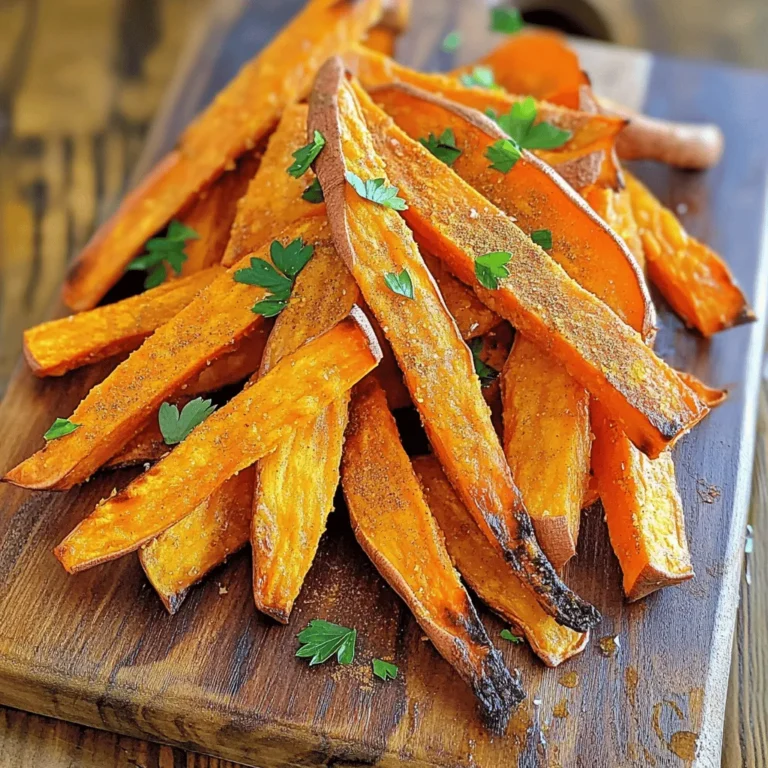 - 2 large sweet potatoes - 2 tablespoons olive oil - 1 teaspoon paprika - 1 teaspoon garlic powder - ½ teaspoon cayenne pepper (optional for heat) - Salt and pepper to taste - Fresh parsley or chives for garnish The key to making great air fryer sweet potato fries is using the right ingredients. I always opt for large, firm sweet potatoes. They yield a better texture and flavor. Olive oil is my go-to for coating the fries. It helps them crisp up perfectly. For seasoning, I love to add paprika and garlic powder. These spices give the fries a warm flavor. If you like heat, sprinkle in some cayenne pepper. Adjust the salt and pepper to your taste. For a fresh touch, I like to garnish with chopped parsley or chives. They not only add flavor but also a nice pop of color. With these ingredients, you're ready to make fries that are crunchy and tasty! - First, peel the sweet potatoes. This step removes the skin for a tender bite. - Next, slice the sweet potatoes into thin fries, about 1/4 inch thick. Thin fries cook faster and crisp up nicely. - Now, place the fries in a large bowl and soak them in cold water for at least 30 minutes. Soaking helps remove excess starch. This makes the fries crispier when cooked. - After soaking, drain the sweet potatoes and dry them with a clean kitchen towel. This removes moisture for a better fry. - In a large bowl, toss the sweet potato fries with 2 tablespoons of olive oil. Make sure all the fries get a coating of oil. - Add 1 teaspoon of paprika, 1 teaspoon of garlic powder, and ½ teaspoon of cayenne pepper if you want some heat. Sprinkle salt and pepper to taste. Toss everything together to coat each fry evenly. - Preheat your air fryer to 400°F (200°C). This step is key for even cooking. - Place the seasoned sweet potato fries in the air fryer basket. Arrange them in a single layer. You may need to cook them in batches if your air fryer is small. - Cook the fries for 15-20 minutes. Shake the basket halfway through to ensure they cook evenly. Look for a golden brown color to know they are done. Once crispy, enjoy your delicious air fryer sweet potato fries! Soaking sweet potatoes is key. This step helps remove excess starch. The less starch, the crispier your fries will be. After soaking for at least 30 minutes, drain and dry them. Moisture is the enemy of crispiness. Next, pay attention to the thickness of your fries. I recommend cutting them about 1/4 inch thick. This size cooks evenly and gets that perfect crunch. If they are too thick, they may end up soft. If they are too thin, they risk burning quickly. For the best results, set your air fryer to 400°F (200°C). This temperature gives you that crispy texture. Cook the fries for 15 to 20 minutes. Remember to shake the basket halfway through. This ensures even cooking and crispiness. To know when your fries are done, look for a golden-brown color. They should feel crispy to the touch. If they don't look ready, give them a few more minutes. Sweet potato fries pair well with many dips. I love serving them with a creamy ranch dressing or spicy ketchup. You can also try a tangy yogurt dip for a fresh twist. For serving, arrange the fries neatly on a plate. A sprinkle of fresh parsley or chives adds color and flavor. This simple touch makes your dish look fancy and inviting. Enjoy your delicious snack! {{image_2}} You can easily change the taste of your sweet potato fries. Try adding chili powder for a spicy kick. If you prefer something sweet, sprinkle cinnamon on top. For cheese lovers, a little grated parmesan can turn these fries into a cheesy delight. Serve them with dips like ranch or spicy mayo. These add-ons make each bite exciting! While I love the air fryer, you can bake sweet potato fries too. To do this, preheat your oven to 425°F (220°C). Spread the fries on a baking sheet in a single layer. Bake for 25-30 minutes, flipping halfway through for even cooking. This method takes a bit longer but can still yield great results. If you want to switch things up, try other root vegetables like parsnips or carrots. They can also make crispy fries. For those with dietary needs, consider using butternut squash. These options keep the recipe fun and tasty while meeting different preferences. To keep your sweet potato fries fresh, let them cool completely. Place them in an airtight container. Storing them in the fridge works best. They will stay good for about 3-4 days. If you want them to last longer, consider freezing them. To keep fries crispy when reheating, use the air fryer. Set it to 350°F (175°C) and heat for about 5-7 minutes. You can also use an oven to reheat them. This method helps to maintain that crunchy texture. If you freeze your fries, remember to place them in a single layer on a baking sheet. Freeze until solid, then transfer to a bag for future use. You can prepare sweet potato fries ahead of time. Slice the fries and soak them in water. Store them in the fridge for up to 24 hours. When ready to cook, just dry them and season. Batch cooking is also a smart idea for busy nights. Make a large batch and freeze the extras. This way, you always have a tasty snack on hand. It takes about 15 to 20 minutes to cook sweet potato fries in an air fryer. Preheat your air fryer to 400°F (200°C) for best results. Place the fries in a single layer in the basket. Shake the basket halfway through to cook them evenly. This helps them get crispy on all sides. Keep an eye on them, as cooking times can vary based on the thickness of your fries. For even better texture, try cutting the fries to about 1/4 inch thick. Yes, you can make sweet potato fries without soaking them. Soaking helps remove extra starch, which makes fries crispier. If you skip this step, your fries may not be as crunchy. You can still achieve a good texture by drying the fries well before cooking. Another option is to coat them with a bit more oil to help them crisp up. Experiment to see which method you prefer! Air fryer sweet potato fries go well with many dishes. They pair nicely with burgers, chicken tenders, or fish tacos. You can also serve them with dips like ketchup, aioli, or ranch dressing. For a healthy twist, try a yogurt-based dip or salsa. Adding a fresh salad on the side can balance out the meal. Enjoy mixing and matching to find your favorite pairings! This blog post covered how to make crispy air fryer sweet potato fries. We looked at main ingredients, step-by-step instructions, and tips for perfect fries. You can experiment with flavors and save time with meal prep. Proper storage and reheating methods help keep them crispy and tasty. Enjoy these fries as a snack or side dish. Using different root veggies can add variety to your meals. I hope you try this easy recipe and make it your own!