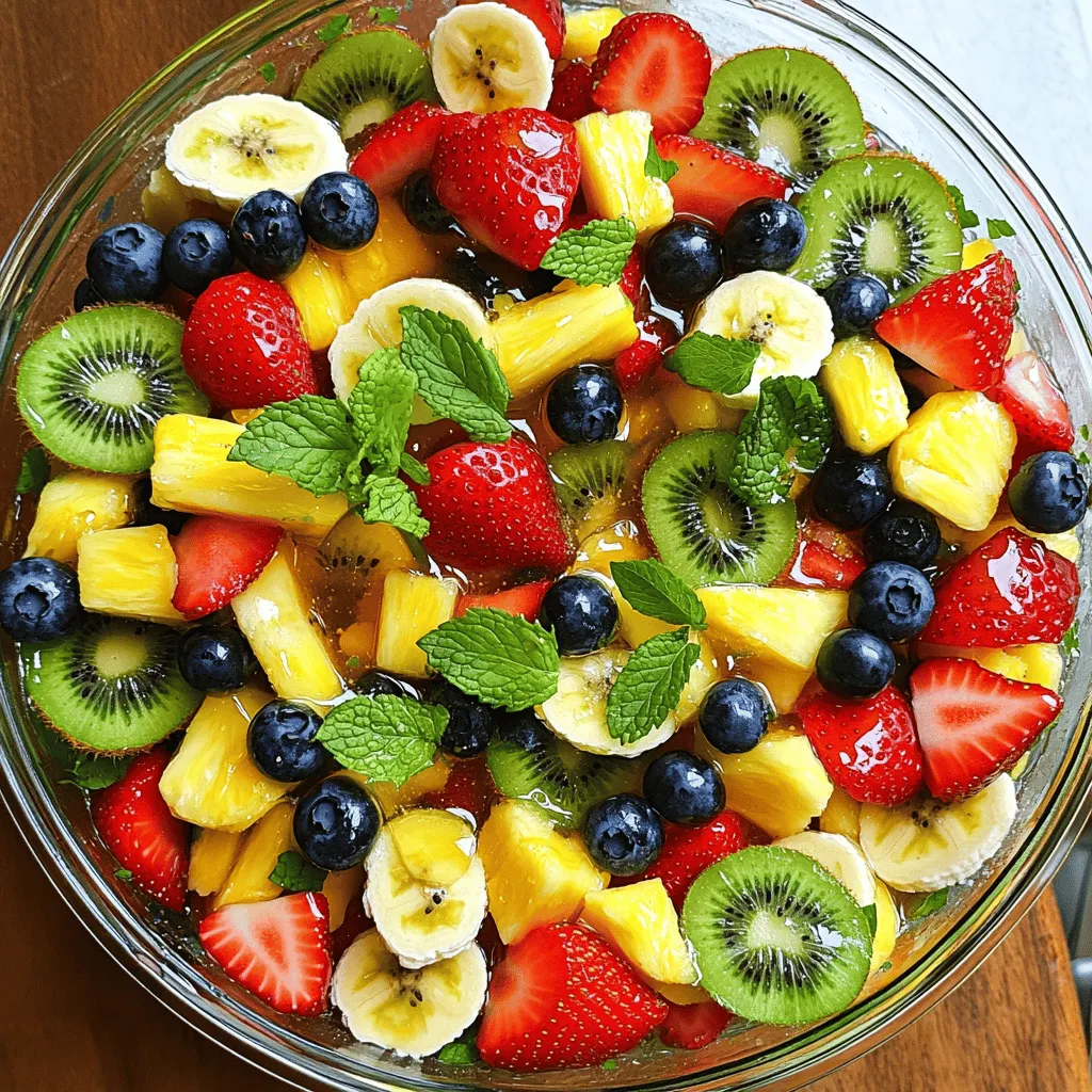 To make the best Honey Lime Fruit Salad, you need fresh, ripe fruits. Here’s what I use: - 2 cups strawberries, hulled and sliced - 2 cups pineapples, diced - 2 cups kiwi, peeled and sliced - 1 cup blueberries - 1 cup bananas, sliced These fruits bring bright colors and sweet flavors. Each fruit adds its unique taste. Strawberries offer a juicy burst. Pineapples add a tropical vibe. Kiwi brings a tangy kick. Blueberries are small but mighty in flavor. Bananas provide creaminess and balance. The dressing is key to tying the salad together. You'll need: - 1/4 cup honey - Zest and juice of 2 limes Honey adds natural sweetness. Limes give a fresh, zesty punch. Combining them creates a perfect blend. Whisk them together until smooth. This dressing brightens the fruits and enhances their natural flavors. For a final touch, consider these garnishes: - Fresh mint leaves Mint adds a refreshing flair. It also brightens the dish visually. You can chop it or leave the leaves whole. Add mint just before serving to keep it fresh. Start by washing all the fruits. Use two cups of strawberries. Remove the green tops and slice them. Then, take two cups of pineapple and dice it into small chunks. Next, peel and slice two cups of kiwi. Add one cup of blueberries and one cup of sliced bananas. Place all the prepared fruits into a large mixing bowl. This mix gives your salad bright colors and great taste. In a smaller bowl, gather your dressing ingredients. Measure out 1/4 cup of honey. Zest two limes and then juice them. Whisk the honey, lime zest, and lime juice together. Make sure everything mixes well. This dressing adds a sweet and tangy kick to the salad. Pour the honey-lime dressing over the mixed fruits in the large bowl. Use a spoon to gently toss the fruit. This helps coat all the pieces with the dressing. If you have time, let the salad sit for about 10 minutes. This wait lets the flavors blend better. Before serving, give it another gentle toss. Top it off with fresh mint leaves for a lovely touch. Choose ripe fruits for the best taste. Look for bright colors and firm textures. Strawberries should be red and fragrant. For pineapples, press gently; it should yield a little. Kiwi should be slightly soft but not mushy. Bananas should be yellow with a few brown spots. Fresh blueberries should look plump and round. To make your salad pop, add a pinch of salt. This small touch brings out the fruits' natural sweetness. You could also squeeze extra lime juice for a tangy kick. Fresh mint leaves not only look nice but add a refreshing taste. You can even sprinkle a bit of cinnamon for warmth. A beautiful salad makes a big impression. Use a clear glass bowl to show off the colorful fruits. Arrange the fruits in layers for added visual appeal. Garnish with mint leaves right before serving. For a fun twist, serve in individual cups or jars. This makes it easy for guests to grab and enjoy. {{image_2}} You can customize your Honey Lime Fruit Salad with other seasonal fruits. Try adding ripe mango, juicy peaches, or sweet cherries. These fruits bring new flavors and colors. You can mix and match based on what you like or what is fresh at the market. Adding fruits like raspberries or blackberries can give a fun twist too! If you want to change the sweetness, consider using maple syrup or agave nectar. Both options add a unique taste. You can also use coconut sugar for a different flavor. Adjust the amount based on your taste. The goal is to keep it sweet but not overpowering. Explore other dressings to change the taste of your salad. A splash of orange juice can add a citrus twist. You can also mix in a bit of yogurt for creaminess. For a spicy kick, add a pinch of chili powder to your honey-lime blend. Each dressing will give your salad a fresh vibe! To keep your Honey Lime Fruit Salad fresh, store it in an airtight container. Make sure the lid seals well to keep air out. This helps keep the fruit from getting mushy or losing flavor. You can place a paper towel in the container to soak up any extra moisture. This tip helps the fruit stay crisp. Your tasty salad stays good in the fridge for about 2 to 3 days. After that, the fruit may start to get soft. Check for any signs of spoilage, like bad smells or discoloration, before eating. Always trust your nose; it knows best when it comes to food freshness. If you have extra salad, don’t worry! You can use it in many ways. Try adding it to yogurt for a fruity breakfast. It also makes a great topping for pancakes or waffles. You can blend it into a smoothie for a refreshing drink. Get creative and enjoy every last bite! Yes, you can make this salad ahead of time. I suggest making it up to two hours before serving. This gives the fruit time to soak in the honey-lime dressing. However, if you wait too long, the fruit may get mushy. I recommend storing it in the fridge. Cover it tightly to keep it fresh. You can use many fruits in this salad. I love strawberries, pineapples, kiwis, blueberries, and bananas. Each fruit adds a unique flavor. You can also try mangoes, peaches, or grapes. Just make sure the fruits are ripe and fresh for the best taste. Yes, Honey Lime Fruit Salad is gluten-free. All the ingredients are naturally gluten-free. You can enjoy this salad without any worries. It's a great option for those with gluten sensitivities. Plus, it’s healthy and refreshing! This blog post covered how to make a tasty Honey Lime Fruit Salad. We explored the key ingredients, like fresh fruits and a zesty honey lime dressing. I shared tips for choosing the best fruits and how to make your salad shine. You learned about cool variations and how to store leftovers safely. In the end, this salad is easy to make, healthy, and fun to share. Enjoy experimenting with flavors and making it your own!