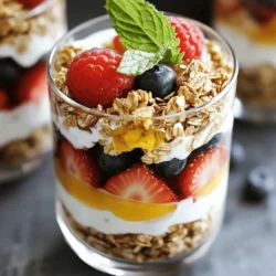 - 2 cups Greek yogurt (plain or flavored) - 1 cup granola (choose your favorite variety) - 1 cup mixed berries (strawberries, blueberries, raspberries) - 2 tablespoons honey or maple syrup - 1 tablespoon chia seeds (optional) - Fresh mint leaves for garnish (optional) When choosing Greek yogurt, look for brands with live cultures. This gives you more health benefits. Check the ingredients for added sugars; plain yogurt is best. For granola, pick one with whole grains and nuts. This adds crunch and nutrients. Select fresh berries that are firm and vibrant. Avoid mushy or dull ones. If you want sweetness, go for pure honey or maple syrup. They taste better than artificial sweeteners. Each serving of this parfait provides a healthy balance of nutrients. You get about: - 200 calories - 10 grams of protein - 5 grams of fiber - 15 grams of sugar (natural from yogurt and berries) - Healthy fats from chia seeds, if added This tasty treat is great for breakfast or a snack. You enjoy flavor while getting important nutrients. To make your Greek yogurt granola parfait, start with the mixed berries. - Wash the berries well. - If you use strawberries, cut them into thin slices. Now, grab a clear glass or bowl. - Add 1/4 cup of Greek yogurt as your first layer. - Next, sprinkle 2 tablespoons of granola over the yogurt. - Then, add about 1/4 cup of mixed berries on top. - Drizzle 1/2 tablespoon of honey or maple syrup over the berries. If you want, you can add 1/2 tablespoon of chia seeds for extra nutrition. Repeat these layers two more times. - Finish with a layer of Greek yogurt on top. - For a lovely finish, sprinkle some granola and place a few berries on top. - Add a fresh mint leaf for garnish. Your parfait is now ready to enjoy! To save time, you can prepare the berries ahead of time. Wash and slice them. Store them in the fridge for up to two days. You can also layer the parfaits the night before. Just keep them in the fridge. This way, they will be ready for breakfast or a quick snack. Serve your parfaits in clear glasses. This lets everyone see the beautiful layers. You can pair them with a side of nuts or a piece of toast for extra crunch. For a special touch, consider serving them at brunch with friends. They will love the fresh taste and the lovely look of your Greek yogurt granola parfaits! You can make your parfait unique! Start by changing the yogurt flavor. Try vanilla or berry yogurt for a twist. You can swap out mixed berries for other fruits like peaches or bananas. Nuts add a nice crunch, so try almonds or walnuts. You can also use seeds like pumpkin or sunflower for a healthy boost. Want more sweetness? Use flavored syrups instead of honey. Layering is key for a great parfait. Start with yogurt at the bottom. This helps keep everything in place. Use the same amount of each layer for balance. I like to use about 1/4 cup for yogurt and berries. Gently sprinkle the granola on top of the yogurt to avoid sogginess. After each layer, press down lightly to help it stick. Finish with yogurt and top it off with granola and berries for a pretty look. Presentation makes a big difference! Use clear glasses to show off the layers. This makes it more inviting. Top each parfait with a mint leaf for a fresh touch. You can even drizzle a little honey on top for shine. If you're serving guests, use small jars for a fun twist. Arrange them on a tray for a lovely display. Enjoy the compliments! {{image_2}} You can switch up the fruits to match the seasons. In spring, use fresh strawberries and cherries. In summer, berries shine with blueberries and raspberries. Fall brings apples and pears, while winter calls for citrus fruits like oranges. This keeps your parfait fresh and exciting. You can even mix fruits for a fun twist. Just think about what is ripe and tasty. Granola adds crunch and flavor. You can buy your favorite brand, but making it at home is fun. Look for oats, nuts, and sweeteners like honey. You can control the sweetness and add your favorite flavors. Try adding cinnamon or coconut for extra taste. Homemade granola is fresh and can be stored easily. If you want a dairy-free option, use coconut yogurt or almond yogurt. These alternatives taste great and keep the parfait creamy. For a vegan treat, use maple syrup instead of honey. This way, you keep the sweetness while staying within your dietary needs. You can still enjoy a tasty parfait without dairy! To keep your Greek yogurt granola parfait fresh, store each layer separately. Place the yogurt in one container and the granola in another. Use an airtight container for both. Store mixed berries in a third container. This way, the granola stays crunchy. When stored correctly, Greek yogurt parfaits can last up to two days in the fridge. However, the texture may change after one day. The granola may get soggy if it sits too long with yogurt. When you're ready to eat, reassemble your parfait. Start with the yogurt, then add the granola and berries. This keeps everything fresh and tasty. If needed, add a drizzle of honey or maple syrup for extra sweetness. Enjoy your parfait as if it were freshly made! Yes, you can use low-fat or non-fat Greek yogurt. These options help cut calories while keeping protein high. They also give you a creamy base for your parfait. Just keep in mind, the flavor may be less rich than whole milk yogurt. If you prefer a lighter taste, this is a good choice. When choosing granola, look for ones with whole grains and nuts. Oats, almonds, and walnuts work well. You can pick sweetened or unsweetened, depending on your taste. Granola with clusters adds a nice crunch to your parfait. Avoid granola with too many added sugars. It makes your parfait less healthy. You can prepare your yogurt parfaits a few hours ahead. Layer the yogurt, granola, and fruit as described. Cover them tightly with plastic wrap and store them in the fridge. If you plan to make them a day in advance, keep the granola separate. This way, it stays crunchy until you serve it. In this blog post, we explored the key ingredients for parfaits, including quality selections and their nutritional value. We covered step-by-step instructions for preparation, time-saving tips, and delicious serving ideas. I shared ways to customize your parfait, ways to layer it effectively, and creative presentation options. We also looked at seasonal fruit swaps and granola choices. Remember, store leftovers properly and reassemble them for the best taste. Enjoy your parfait creations and make them your own!
