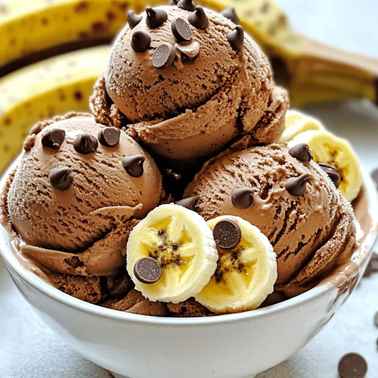 To make this vegan banana chocolate ice cream, you will need: - 4 ripe bananas, sliced and frozen - 1/4 cup unsweetened cocoa powder - 1/4 cup almond milk (or any plant-based milk) - 1 tablespoon maple syrup (optional, for extra sweetness) - 1 teaspoon vanilla extract - Pinch of sea salt - Vegan chocolate chips or chunks (for topping, optional) These simple ingredients create a rich, creamy treat that feels indulgent but is healthy too. You can customize your ice cream with these fun extras: - Nut butter (like almond or peanut) for creaminess - Chopped nuts for crunch - Fresh fruits like strawberries or blueberries for added flavor - A sprinkle of cinnamon or a dash of espresso powder for depth Each addition adds a unique twist to your ice cream. If you don’t have an ingredient, here are some swaps: - Use ripe avocados instead of bananas for a different base. - Cocoa powder can be replaced with carob powder for a new flavor. - Any plant-based milk works; try oat milk or soy milk if you prefer. - Agave nectar or honey can replace maple syrup, but honey isn't vegan. These substitutions can help you make the recipe work with what you have on hand. Start by gathering your ingredients. You will need four ripe bananas, unsweetened cocoa powder, almond milk, maple syrup, vanilla extract, and a pinch of sea salt. If you like, grab some vegan chocolate chips for a fun topping. Next, slice the bananas into small pieces. Place these slices in a bowl and put them in the freezer. Let them freeze until solid, which usually takes a few hours. Once the bananas are frozen, it’s time to blend. Take the frozen banana slices and add them to a food processor or a high-speed blender. Blend on high until the bananas turn smooth and creamy. This can take a few minutes, so keep scraping down the sides if needed. When the banana mix is creamy, it’s time to add the other ingredients. Pour in the cocoa powder, almond milk, maple syrup, vanilla extract, and a pinch of sea salt. Blend again until everything is fully mixed and smooth. Taste it! If you want it sweeter, add a bit more maple syrup. Now, you need to freeze the ice cream mixture. Transfer it to an airtight container. Spread it out evenly and cover the top. Place it in the freezer for at least two hours. This will help it firm up nicely. When you are ready to serve, scoop the ice cream into bowls or cones. You can top it with vegan chocolate chips if you like. Enjoy your delicious vegan banana chocolate ice cream! To get that perfect creaminess in your vegan banana chocolate ice cream, start with very ripe bananas. Ripe bananas have more natural sweetness and a smoother texture. Slice the bananas before freezing them. This step helps them blend easier. Use a high-speed blender or food processor. These tools make the blending fast and even. If the mix is too thick, add more almond milk a little at a time. Blend until the mixture is smooth and creamy. You can boost the flavor of your ice cream in simple ways. Add a teaspoon of vanilla extract. It adds warmth and depth. If you want extra sweetness, use a tablespoon of maple syrup. The cocoa powder gives a rich chocolate taste. A pinch of sea salt can enhance all the flavors. You can also mix in vegan chocolate chips. They add a nice texture and burst of chocolate. Having the right tools makes the process easy. A high-speed blender or a food processor works best. This is key for smooth ice cream. Use an airtight container for freezing the mixture. It keeps the ice cream fresh. A spatula helps in scraping down the sides of the blender. Lastly, having a scoop makes serving easy. It lets you serve perfect portions every time. {{image_2}} You can make this ice cream unique by adding fruits or nut butters. Try mixing in peanut butter or almond butter for a nutty twist. You can also add frozen strawberries, mango, or raspberries. These fruits will give your ice cream a fruity punch. Just blend them in with the bananas for a new flavor. Sweeteners can change the taste of your ice cream. If you want more sweetness, try agave syrup or coconut sugar. You can also skip the sweetener if you prefer less sugar. The ripe bananas already have natural sweetness. Adjust the amount to find what you like best. Toppings make your ice cream fun and tasty. Vegan chocolate chips add a nice crunch. You can also use chopped nuts or coconut flakes. For a fruity touch, add fresh berries or banana slices. A drizzle of maple syrup or a sprinkle of cinnamon can make it even better! To keep your vegan banana chocolate ice cream fresh, store it in an airtight container. Make sure to spread the mixture evenly in the container. Press a layer of plastic wrap against the surface before sealing the lid. This helps prevent ice crystals from forming. If stored properly, your ice cream can last up to one month in the freezer. However, it will taste best within the first two weeks. After that, it may lose some of its creamy texture. If you see any ice crystals, don’t worry; just mix it before serving. If you need to refreeze your ice cream, let it soften a bit first. Scoop out what you want and leave the rest at room temperature for a few minutes. Once it softens, stir it well and then freeze again. This helps maintain a smooth texture. Yes, this ice cream is healthy! It uses ripe bananas as the base. Bananas provide potassium and fiber. The cocoa powder adds a rich chocolate flavor without added fat. Almond milk is low in calories and dairy-free. You can skip the maple syrup for less sugar if you want. This treat is a great way to enjoy dessert without guilt. You can try using other fruits! However, bananas give a creamy texture. If you use strawberries, mangoes, or peaches, the texture will change. For a creamy base, you might add a bit of avocado. Experiment with your favorite fruits for new flavors. Just remember that bananas give a unique sweetness and smoothness. To make this ice cream without a blender, use a fork. Start with the frozen banana slices. Place them in a bowl. Mash them with the fork until smooth. This method takes more time and effort. Once smooth, mix in the cocoa powder and almond milk by hand. It may not be as creamy, but it will still taste great! This post covered how to create your own delicious ice cream. We discussed key ingredients, preparation steps, and storage tips. You can add flavors, try different sweeteners, or use various toppings to make it your own. Remember, achieving the perfect creaminess is key. With the right tools and techniques, ice cream making is easy and fun. Keep experimenting with flavors and enjoy your tasty treats!