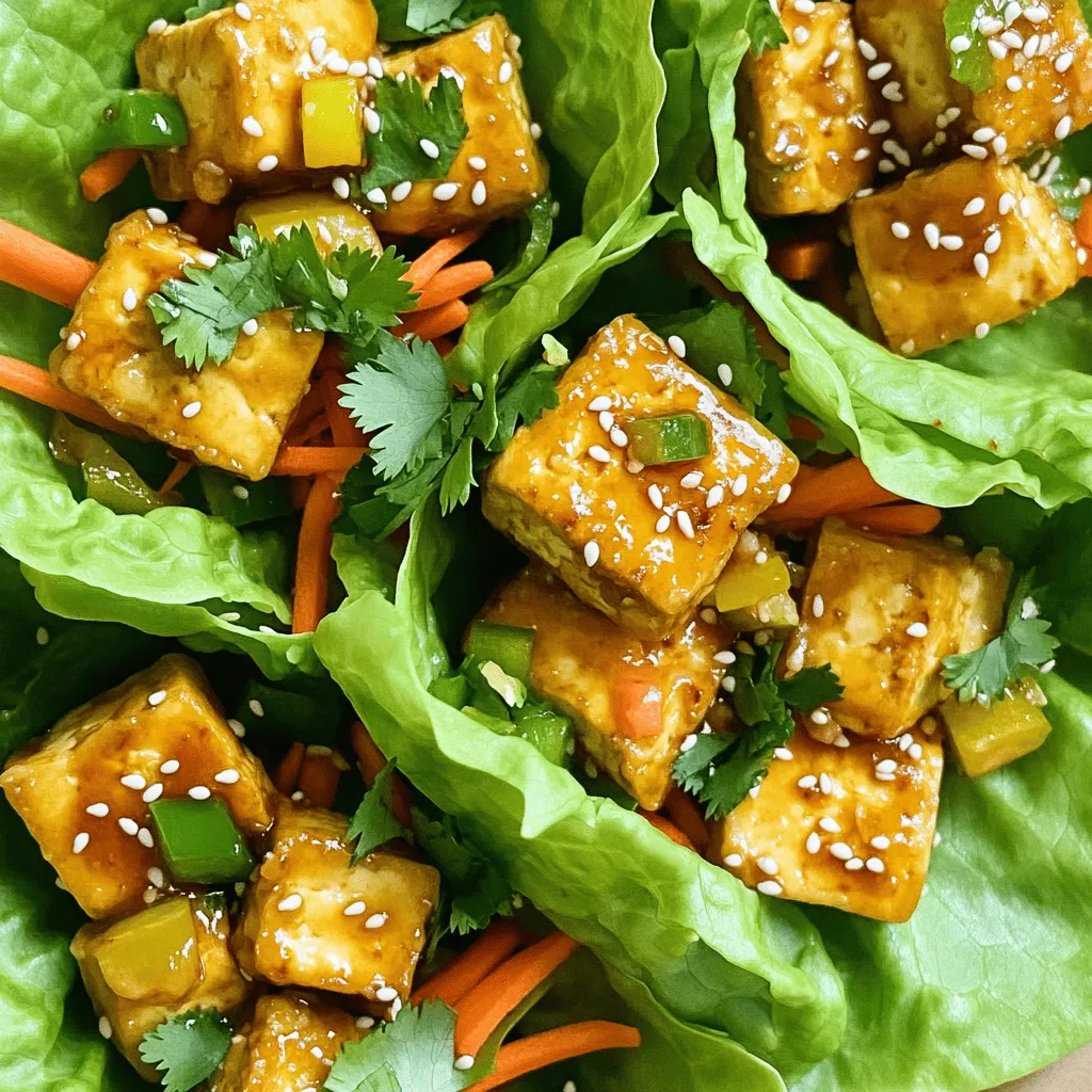 - 1 block firm tofu, pressed and cubed - 2 tablespoons cornstarch - 2 tablespoons sesame oil - 1 tablespoon grated fresh ginger - 2 cloves garlic, minced - 3 tablespoons soy sauce The main ingredients are the heart of this dish. Firm tofu gives a great texture. Pressing the tofu removes extra moisture. This helps it become crispy. The cornstarch creates a crunchy coating when cooked. Fresh ginger and garlic add a flavorful kick. Sesame oil and soy sauce bring a rich, savory taste. - 1 tablespoon rice vinegar - 1 tablespoon honey or maple syrup - 1 cup shredded carrots - 1 bell pepper, finely diced - 1/2 cup chopped green onions Add rice vinegar and honey or maple syrup. These ingredients balance the savory notes. Fresh vegetables add color and crunch. Shredded carrots, diced bell pepper, and green onions brighten up the wraps. They also provide nutrients and texture that makes each bite exciting. - Sesame seeds - Fresh cilantro - Butter lettuce leaves Garnishing is key for a beautiful presentation. Sprinkle sesame seeds on top for extra flavor and crunch. Fresh cilantro adds a pop of color and freshness. Use butter lettuce leaves to wrap everything together. They are tender and easy to hold. This makes eating fun and mess-free! 1. Start by pressing the tofu. This removes excess water. Wrap the tofu in a clean towel. Place a heavy object on top for 15 minutes. 2. Cut the pressed tofu into cubes. 3. In a bowl, toss the cubed tofu with cornstarch until each piece is coated. 4. Wash and shred the carrots. Dice the bell pepper. Chop the green onions. Set these fresh veggies aside. 5. Preheat your oven to 400°F (200°C). Line a baking sheet with parchment paper. 1. Heat 1 tablespoon of sesame oil in a skillet over medium-high heat. 2. Add the tofu cubes to the skillet. Sear them until golden and crispy, about 8-10 minutes. 3. While the tofu cooks, make the sauce. In a small bowl, whisk together the grated ginger, minced garlic, soy sauce, rice vinegar, and honey or maple syrup. 4. Once the tofu is crispy, pour the sauce mixture over it. Stir well to coat the tofu. Cook for 2-3 more minutes. This lets the flavors blend. 1. In a large bowl, combine the shredded carrots, diced bell pepper, and chopped green onions. This is your fresh veggie filling. 2. To assemble, take a butter lettuce leaf. Place a spoonful of the tofu mixture in the center. 3. Add a generous amount of the fresh veggie filling on top. 4. Garnish with sesame seeds and fresh cilantro before serving. Enjoy your wraps! How to press tofu effectively To get crispy tofu, pressing is key. Start with firm tofu. Wrap it in a clean kitchen towel. Place a heavy object, like a cast-iron skillet, on top. Let it sit for at least 15 minutes. This removes excess moisture, making the tofu crispy when cooked. Cornstarch coating techniques After pressing, cut the tofu into cubes. Place them in a bowl. Sprinkle cornstarch over the tofu. Toss gently until each piece is evenly coated. This helps create a crunchy exterior when you sear the tofu. Adjusting spice levels If you like heat, add chili flakes or sriracha to the sauce. Start with a small amount. You can always add more if needed. This way, you can control how spicy your dish becomes. Alternative seasoning ideas Experiment with other flavors! Try adding lime juice for a tangy twist. You can also use sesame seeds or chopped peanuts for added crunch. These changes can elevate your dish to new heights. Best types of lettuce for wraps Butter lettuce is my favorite for wraps. Its leaves are soft and sturdy. You can also use romaine or iceberg for a crunchier bite. Choose what you enjoy most! Portion control for fillings When assembling, use a spoon to measure your fillings. This helps keep each wrap balanced. Aim for a small spoonful of tofu and veggies. This way, every bite is full of flavor and easy to eat. {{image_2}} You can switch up the protein in these wraps for variety. Tempeh or seitan works great if you want a plant-based option. Both have a firm texture and soak up flavors well. If you're in the mood for meat, try using chicken or shrimp. Cook them until golden, just like the tofu. This will add a new taste and texture to your wraps. Feel free to mix in other fresh vegetables. Cucumber, radishes, or even avocado can add crunch and creaminess. You can also use seasonal veggies. In summer, zucchini or corn could shine in this dish. In fall, think about adding roasted squash for warmth and sweetness. Switching sauces can change the whole dish. Use gluten-free soy sauce or tamari if you need a gluten-free option. Different kinds of vinegar, like apple cider or balsamic, offer unique tastes. Experiment with these sauces to find what you love best. How do you properly store crispy tofu? First, let the tofu cool completely. Then, place it in an airtight container. Make sure to separate it from the sauce to keep it crispy. You can store it in the fridge for up to three days. What are the best practices for storing lettuce wraps? Keep the lettuce leaves and filling separate. Wrap the lettuce in a damp paper towel and place it in a sealed bag. Store the filling in another airtight container. This way, the lettuce stays fresh and crisp. How can you reheat tofu to retain crispiness? Preheat your oven to 375°F (190°C). Spread the tofu on a baking sheet and heat for about 10 minutes. This helps it regain that crispy texture. How do you assemble fresh wraps from leftovers? Take a lettuce leaf and add a spoonful of tofu. Top it with your fresh veggie filling. This way, you enjoy a fresh meal without losing flavor. Can you freeze tofu wraps? Yes, you can freeze the tofu filling, but not the lettuce. Wrap the tofu tightly in plastic wrap, then place it in a freezer-safe bag. It can last for about a month. What are the recommended freezing methods? To freeze, use a flat container for the tofu. This allows for easy stacking. Make sure to label the bag with the date. When ready to use, thaw it in the fridge overnight before reheating. To achieve crispy tofu, start by pressing the tofu. Remove excess moisture by wrapping it in a clean towel and placing a weight on top. This helps the tofu absorb flavors and crisp up nicely. Next, coat the pressed tofu cubes in cornstarch. This coating will create a crunchy layer when cooked. Sear the tofu in a hot skillet with sesame oil. Cook it for about 8-10 minutes until golden brown on all sides. This method ensures a crispy texture while keeping the inside tender. Yes! You can easily make this recipe vegan. Instead of honey, use maple syrup. It has a similar sweetness and works well in the sauce. This small swap will keep your dish plant-based without losing flavor. You can try a variety of sauces with lettuce wraps. Here are a few tasty options: - Peanut sauce: Adds a nutty flavor and creaminess. - Spicy hoisin sauce: Offers a sweet and spicy kick. - Sriracha mayo: Gives a zesty, creamy touch. - Teriyaki sauce: Sweet and savory, it complements many fillings. Feel free to mix and match these sauces to find your favorite! In this blog post, I covered how to make tasty tofu lettuce wraps. We explored key ingredients like firm tofu, fresh ginger, and soy sauce. I shared step-by-step instructions for prep, cooking, and assembly, along with helpful tips for tofu, flavor, and assembly. You learned about variations to keep your wraps exciting and proper storage methods for leftovers. Remember, creating delicious tofu wraps is easy and fun. Just follow the steps, and enjoy your healthy meal!