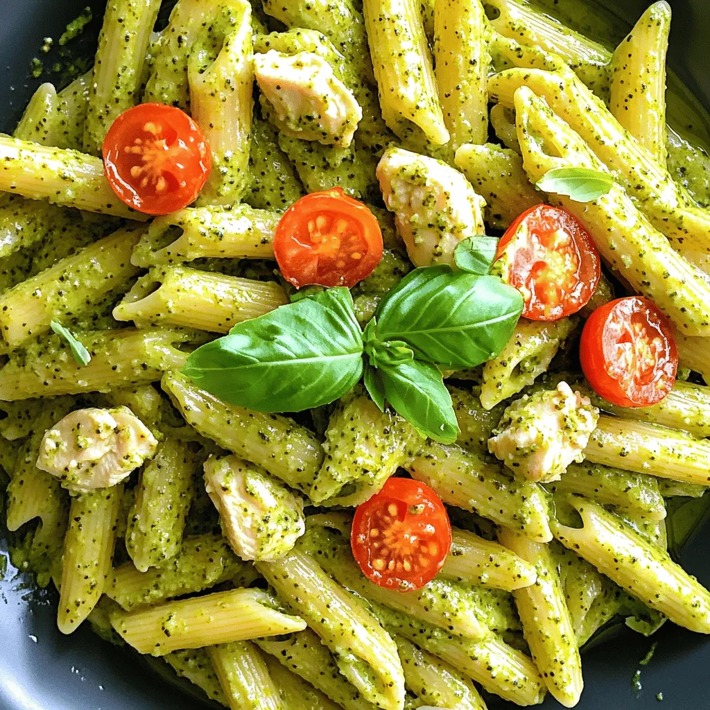 - 2 cups penne pasta - 1 pound chicken breast, diced - 1 cup fresh basil pesto - 1 cup heavy cream - 1/2 cup grated Parmesan cheese - 2 tablespoons olive oil - 2 cloves garlic, minced - Salt and pepper to taste - Cherry tomatoes, halved (for garnish) - Fresh basil leaves (for garnish) The essential ingredients form the base of your creamy pesto chicken penne. The penne pasta gives the dish its shape. Chicken breast adds protein and heartiness. Fresh basil pesto brings vibrant flavor. Heavy cream makes the sauce rich and smooth. Parmesan cheese adds a nice savory touch. You can also use some optional ingredients to enhance the dish. Olive oil helps to cook the chicken. Garlic adds a fragrant note that lifts the flavors. Salt and pepper season the dish perfectly. Cherry tomatoes add a pop of color and freshness. Fresh basil leaves make a lovely garnish. Feel free to mix and match these ingredients based on what you have on hand. Each choice brings its own charm to your creamy pesto chicken penne. - Bring salted water to a boil in a large pot. - Add 2 cups of penne pasta and cook according to package instructions. - You want the pasta to be al dente, which means it should have a slight bite. - Once cooked, drain the pasta and set it aside. - In a large skillet, heat 2 tablespoons of olive oil over medium heat. - Add 1 pound of diced chicken breast to the skillet. - Season the chicken with salt and pepper. - Cook for about 5 to 7 minutes until the chicken is browned and fully cooked. - Remove the chicken from the skillet and set it aside. - In the same skillet, add 2 cloves of minced garlic. - Sauté the garlic for about 30 seconds until it becomes fragrant. - Pour in 1 cup of heavy cream and bring it to a gentle simmer. - Stir in 1 cup of fresh basil pesto and 1/2 cup of grated Parmesan cheese. - Mix well until the cheese melts and the sauce is creamy. - Add the cooked penne and the sautéed chicken back into the skillet. - Stir everything together until the pasta and chicken are evenly coated with the creamy sauce. - Taste the dish and adjust the seasoning with more salt and pepper if needed. - Serve garnished with halved cherry tomatoes and fresh basil leaves on top. To achieve perfect al dente pasta, follow these steps: - Use plenty of salted water: This helps the pasta absorb flavor. - Cook according to package time: Check the label for cooking time. - Taste as you go: The pasta should be firm but not hard. For tender chicken, keep these tips in mind: - Use even-sized pieces: Cut your chicken into uniform cubes. - Don’t overcrowd the pan: Cook in batches if needed to avoid steaming. - Let it rest: After cooking, let the chicken sit for a few minutes. To add extra flavor to your sauce, consider these options: - Add a squeeze of lemon juice: This brightens the dish. - Stir in some red pepper flakes: This adds a nice kick. - Incorporate fresh herbs: Chopped parsley or thyme work well. Adjusting creaminess is easy: - Use less cream for a lighter sauce: You can replace some cream with chicken broth. - Add more cheese for richness: A bit more Parmesan can make it creamier. Garnishing adds visual appeal. Here are some ideas: - Sprinkle fresh basil: This adds color and freshness. - Use halved cherry tomatoes: They add contrast and sweetness. For plating, try these tips: - Use a large bowl: This allows you to showcase the dish. - Twirl the pasta on a fork: This creates a nice nest effect. - Drizzle olive oil on top: This adds shine and flavor. {{image_2}} If you want a different twist, try shrimp or tofu. Shrimp cooks quickly and adds a nice texture. Tofu is perfect for a plant-based option. Just make sure to season them well to enhance the flavor. For those needing gluten-free options, look for gluten-free penne. Many brands offer great taste and texture. If you want vegan alternatives, use coconut cream instead of heavy cream. Nutritional yeast can replace Parmesan for a cheesy flavor without dairy. Adding sun-dried tomatoes or spinach can brighten up the dish. Sun-dried tomatoes give a sweet and tangy burst. Spinach adds a healthy touch and lovely color. You can also experiment with different types of pesto. Try red pesto or even a nut-free version for a unique flavor. To keep your creamy pesto chicken penne fresh, store leftovers in an airtight container. Let the dish cool to room temperature first. Place it in the fridge within two hours of cooking. It will stay good for 3 to 4 days. When reheating, use a skillet on low heat. This way, you can warm it up slowly and keep the cream sauce smooth. Stir often to prevent sticking. You can also microwave it in short bursts, stirring in between. You can freeze creamy pesto chicken penne for up to three months. To do this, let the dish cool completely. Then, put it in a freezer-safe container. Make sure to leave some space at the top for expansion. When you are ready to eat, thaw it in the fridge overnight. For reheating, warm it in a skillet on low heat. You might need to add a splash of cream or water to bring back the creamy texture. Stir well to combine everything evenly. Enjoy your delicious meal again! Yes, you can make this dish ahead of time. The best way is to cook the pasta and chicken separately. Store them in the fridge. You can also prepare the creamy pesto sauce in advance. Keep it in an airtight container. When ready to serve, just reheat everything together. This saves time on busy nights. If you want a lighter option, use half-and-half or whole milk. These keep some creaminess but cut down on fat. For a dairy-free choice, try canned coconut milk or cashew cream. Both add richness and flavor without dairy. To add heat, try red pepper flakes or diced jalapeños. Mix them into the sauce for a kick. You can also use spicy pesto or add hot sauce. Adjust the spice level to your taste for the perfect bite. This dish pairs well with a fresh salad. A Caesar salad or mixed greens work great. Garlic bread is also a nice side. It complements the creamy sauce perfectly. Roasted vegetables can add more flavor and color to your meal. You can create a delicious creamy pesto chicken penne with simple ingredients. You learned how to cook pasta, sauté chicken, and make a creamy sauce. I shared tips for perfect results and variations to fit different diets. Don’t forget to store leftovers and reheat them for later. This dish is fun to make and easy to adjust to your taste. Now it’s time to try this recipe and impress your friends and family! Enjoy the cooking journey and the tasty meal ahead!