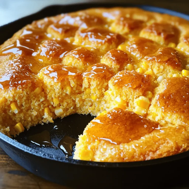 For this honey butter skillet cornbread, you will need: - 1 cup cornmeal - 1 cup all-purpose flour - 1/4 cup sugar - 1 tablespoon baking powder - 1/2 teaspoon salt - 1 cup buttermilk (or milk mixed with 1 tablespoon vinegar) - 2 large eggs - 1/3 cup unsalted butter, melted - 1/3 cup honey - Extra butter for greasing the skillet - Optional: 1/2 cup corn kernels (fresh or frozen) for added texture You can boost the flavor with some fun add-ins. Try: - 1/2 cup of cheese, like cheddar, for a savory touch - Jalapeños for a spicy kick - Chopped herbs like cilantro or chives for freshness - Diced peppers for added color and crunch Choosing the right ingredients makes a big difference. Here are some tips: - Cornmeal: Look for stone-ground cornmeal. It has more flavor and texture. - Flour: Use all-purpose flour for a light and fluffy cornbread. - Sugar: Choose granulated sugar for sweetness; brown sugar adds a hint of molasses. - Butter: Use unsalted butter for better control of salt levels. - Honey: Select pure, natural honey for the best taste. - Buttermilk: Fresh buttermilk gives a nice tang. If using regular milk, make sure to add vinegar. By picking quality ingredients, you will create a more delicious cornbread. First, you need to preheat your oven to 400°F (200°C). Place a 9-inch cast-iron skillet in the oven. This will help the skillet get hot and ready for baking. A hot skillet gives the cornbread a nice crust. Add a tablespoon of butter to the skillet when you take it out. Swirl it around to coat the bottom. In a large bowl, gather your dry ingredients. Add 1 cup of cornmeal, 1 cup of all-purpose flour, 1/4 cup of sugar, 1 tablespoon of baking powder, and 1/2 teaspoon of salt. Whisk them together until they blend well. This mix creates the base for your cornbread. In another bowl, mix your wet ingredients. Pour in 1 cup of buttermilk, or use milk with 1 tablespoon of vinegar. Add 2 large eggs, 1/3 cup of melted unsalted butter, and 1/3 cup of honey. Stir until the mixture is smooth. This sweet blend adds flavor to the cornbread. Now, pour the wet mix into the dry mix. Stir gently until just combined. If you want some extra texture, fold in 1/2 cup of corn kernels now. Carefully pour the batter into the hot skillet. Spread it evenly. Bake for 20-25 minutes. The top should be golden brown. Check doneness by inserting a toothpick into the center. It should come out clean. Once baked, let the cornbread cool slightly. This makes it easier to slice. You can drizzle extra honey on top or serve with honey butter on the side. Enjoy your warm, sweet cornbread with friends and family! To get the best cornbread, use a mix of cornmeal and flour. This gives a nice balance. The fine cornmeal makes it soft, while the flour adds structure. If you want more texture, add corn kernels. Fresh or frozen both work well. These little bites bring extra flavor and crunch. Cornbread is great on its own, but you can boost the taste. Try adding spices like paprika or cumin. A pinch of black pepper also adds warmth. Mixing in herbs like chives or thyme gives it a fresh pop. Just remember, start small. You can always add more if needed. You can make cornbread ahead of time. Bake it and let it cool. Wrap it tightly in plastic wrap. It stays fresh for a few days. When you want to eat it, reheat in the oven. Set your oven to 350°F (175°C) for about 10 minutes. This keeps it soft and warm. If you are in a hurry, use the microwave. Just be sure to cover it to avoid dryness. {{image_2}} You can make your honey butter skillet cornbread sweeter or more savory. To boost sweetness, add chocolate chips or dried fruit like cranberries or raisins. This gives the bread a nice touch. For a savory spin, try adding cheese or herbs like rosemary or thyme. These flavors make the cornbread more exciting. You can mix and match to find what you love best! Switching flours can change your cornbread. For a gluten-free option, use almond or coconut flour. Both add unique flavors and textures. If you want a healthier sweetener, try maple syrup or agave nectar. Each option offers a different taste, making your cornbread special. Experiment with these choices to find the perfect mix. Honey butter skillet cornbread pairs well with many dishes. It tastes great with chili or soup. You can serve it alongside grilled meats for a delightful meal. For breakfast, enjoy it with fresh fruit or yogurt. Drizzling honey on top adds extra sweetness. You can also serve it warm with butter for a classic touch. Explore these pairings to enhance your dining experience! Cornbread stays best when stored properly. I recommend letting it cool first. Once cool, wrap it tightly in plastic wrap or aluminum foil. This keeps it soft and fresh. You can also place it in an airtight container. Store it at room temperature for up to two days. If you want to keep it longer, the fridge is an option. However, it may dry out a bit. Freezing is a great way to save cornbread. To freeze, cut it into slices. Wrap each slice in plastic wrap. Then, place the wrapped slices in a freezer bag. Be sure to remove as much air as you can. This helps prevent freezer burn. You can freeze cornbread for up to three months. When you’re ready to eat it, just thaw it in the fridge overnight. Reheating cornbread is easy and quick. You can use the oven or microwave. For the oven, preheat it to 350°F (175°C). Place the cornbread on a baking sheet. Heat for about 10-15 minutes. This keeps it warm and slightly crispy. If you use the microwave, heat one slice at a time. Microwave for 15-30 seconds. This method is fast, but it may make the cornbread a bit soft. Enjoy your warm cornbread with some honey butter! Yes, you can use regular milk. To mimic buttermilk, add 1 tablespoon of vinegar to 1 cup of milk. Let it sit for 5-10 minutes. This will give your cornbread a nice tang. You can tell the cornbread is done when the top is golden brown. Insert a toothpick in the center. If it comes out clean, the cornbread is ready. It should also feel firm to the touch. One common mistake is overmixing the batter. Mix just until combined for a light texture. Another mistake is not preheating the skillet. This helps create a crispy crust on the bottom. Lastly, avoid opening the oven door too early, as this can cause the bread to sink. To make gluten-free cornbread, swap the all-purpose flour for a gluten-free blend. You can also use almond flour or oat flour. Make sure your cornmeal is certified gluten-free as well. Follow the same recipe for great results. In this blog post, we explored the key ingredients and tasty variations for cornbread. I shared step-by-step instructions for making it perfect, along with tips for storing and reheating. Remember to choose quality ingredients and enjoy experimenting with flavors. You can easily adjust the recipe to your taste. Cornbread can be sweet, savory, or even gluten-free! Follow the tips I provided, and you’ll impress anyone who takes a bite. Enjoy your baking and relishing this classic dish!